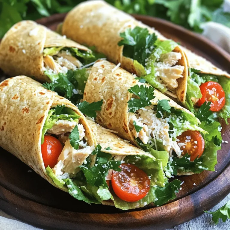 - 2 cups cooked chicken breast, shredded - 4 large whole wheat tortillas - 1 cup romaine lettuce, chopped - ½ cup cherry tomatoes, halved - ½ cup grated Parmesan cheese - ¼ cup Caesar dressing (homemade or store-bought) - ½ teaspoon garlic powder - ½ teaspoon black pepper - 1 tablespoon olive oil - Fresh parsley, chopped for garnish These ingredients create a tasty Chicken Caesar Wrap. Each one plays a key role. The cooked chicken gives protein. The tortillas wrap everything up nicely. The romaine lettuce adds crunch. Cherry tomatoes bring a fresh burst. Parmesan cheese adds saltiness and creaminess. The Caesar dressing ties it all together with flavor. Garlic powder and black pepper spice things up. Olive oil helps warm the tortillas. Finally, parsley makes it pretty. - Calories per serving: About 350 calories - Macronutrient breakdown: - Protein: 28g - Carbohydrates: 32g - Fats: 12g Understanding the nutritional information helps you make good choices. This wrap is balanced with protein, carbs, and healthy fats. It fits well in a meal plan. You can enjoy it for lunch or dinner. Using the Full Recipe, you can easily prepare a meal that satisfies. 1. Combining the chicken and dressing Start by taking a mixing bowl. Add 2 cups of shredded chicken breast. Then, sprinkle in ½ teaspoon of garlic powder and ½ teaspoon of black pepper. Pour in ¼ cup of Caesar dressing. Toss everything well until the chicken is fully coated. This step makes your chicken flavorful and tasty. 2. Preparing the salad filling In a separate bowl, mix 1 cup of chopped romaine lettuce, ½ cup of halved cherry tomatoes, and ½ cup of grated Parmesan cheese. This fresh mix adds crunch and color to your wrap. Set this mixture aside while you warm the tortillas. 1. Warming the tortillas Heat a non-stick skillet over medium heat. Drizzle 1 tablespoon of olive oil in the pan. Take one large whole wheat tortilla and place it in the skillet. Warm it for about 30 seconds on each side or until it feels soft. Remove it from the skillet and repeat with the rest of the tortillas. 2. Assembling the wrap Now, take a warmed tortilla. Lay a generous portion of the chicken mixture on it. Next, add the salad filling you prepared earlier. Roll the tortilla tightly. Be sure to fold in the sides as you go to keep the filling secure. 1. Cutting and garnishing the wraps After you assemble each wrap, cut them in half diagonally. This makes them easier to eat. Arrange the wraps on a plate. To finish, sprinkle freshly chopped parsley on top for a pop of color and flavor. 2. Serving suggestions Serve your wraps with extra Caesar dressing on the side for dipping. You can pair them with a light salad or some crunchy veggies for a complete meal. Enjoy the savory flavors and simple steps of this Chicken Caesar Wrap! For the full recipe, visit our recipe section. Choosing the right chicken is key to a tasty Chicken Caesar Wrap. I recommend using cooked chicken breast. It is lean and juicy, perfect for wraps. You can grill, bake, or even use rotisserie chicken. If you want bold flavor, season the chicken with garlic powder and black pepper. This enhances the taste without extra effort. Now, let’s talk about how to wrap it up securely. First, warm your tortillas. This makes them soft and easy to fold. Place the filling in the center, leaving space on the sides. When you roll, start from the bottom and tuck the sides in. This technique helps keep the filling inside. A tight roll ensures every bite is full of flavor. To keep your wraps fresh, wrap them in plastic wrap. This prevents them from drying out. Store them in the fridge for up to three days. When you’re ready to eat, you can reheat them in a skillet. Just warm each side for two to three minutes. You’ll enjoy a warm, delicious meal again! {{image_2}} You can easily switch up the protein in your Chicken Caesar Wrap. Here are some ideas: - Turkey: Use shredded turkey for a leaner option. - Tuna: Canned tuna works well, just mix it with the dressing. - Tofu: Firm tofu can be grilled or sautéed for a tasty twist. For dressings or toppings, you can try: - Ranch dressing: A creamy alternative for a different flavor. - Greek yogurt: Use instead of Caesar dressing for a healthy swap. - Bacon bits: Add crispy bacon for extra crunch and flavor. If you're looking for gluten-free options, simply use gluten-free tortillas. Many brands offer these, and they taste great. For a vegetarian or vegan option, follow these tips: - Swap chicken for chickpeas: Use canned chickpeas for protein. - Vegan dressing: Look for plant-based Caesar dressings. - Nutritional yeast: Use this instead of Parmesan for a cheesy flavor. Pair your Chicken Caesar Wrap with these tasty sides for a complete meal: - Sweet potato fries: Baked or fried, these are a fun addition. - Vegetable sticks: Carrots and celery with hummus make a crunchy side. - Fruit salad: A fresh mix of fruits balances the savory wrap. These variations and side dishes can make your Chicken Caesar Wrap even more enjoyable! Don't forget to check out the Full Recipe for all the steps to create this delicious meal. You can find tasty Chicken Caesar Wraps at many local restaurants. Look for cafes or diners known for fresh wraps. Many places use high-quality chicken and fresh veggies. Some spots even make their Caesar dressing from scratch. This makes their wraps stand out. Ask locals for their favorite places. You might discover hidden gems in your area! If you prefer to make it at home, grocery stores offer pre-made options. Many stores stock ready-to-eat Chicken Caesar Wraps in their deli section. You can also find meal kits that include all the ingredients. These kits often come with easy instructions. This makes cooking fun and simple. Check the freezer aisle too, as some brands offer frozen wraps. You can enjoy Chicken Caesar Wraps from the comfort of your home. Numerous food delivery apps feature local restaurants that sell them. Services like Uber Eats and DoorDash allow you to browse menus easily. You can order your wrap and have it delivered to your door. This is perfect for busy days or lazy weekends. Enjoy your meal without leaving your couch! To make a Chicken Caesar Wrap, follow these steps: 1. Mix the Chicken: In a bowl, combine 2 cups of shredded chicken, ½ teaspoon of garlic powder, ½ teaspoon of black pepper, and ¼ cup of Caesar dressing. Stir well to coat the chicken. 2. Prepare the Filling: In another bowl, mix 1 cup of chopped romaine lettuce, ½ cup of halved cherry tomatoes, and ½ cup of grated Parmesan cheese. 3. Warm the Tortillas: Heat a non-stick skillet over medium heat. Add 1 tablespoon of olive oil. Warm one large whole wheat tortilla for about 30 seconds on each side. You want it soft but not crispy. Repeat with the other tortillas. 4. Assemble the Wrap: Take a warmed tortilla. Place a generous amount of the chicken mix in the center. Add some of the salad mixture on top. 5. Roll It Up: Roll the tortilla tightly. Fold in the sides as you go to keep everything inside. 6. Cut and Serve: Cut each wrap in half diagonally. Place them on a plate and garnish with fresh parsley. Yes, you can prepare the Chicken Caesar Wrap ahead of time. Here are some tips: - Prep Ingredients: You can mix the chicken and dressing a day before. Store in the fridge in an airtight container. - Assemble Later: Keep the salad filling separate until you're ready to eat. This keeps the lettuce crisp. Assemble the wraps just before serving for the best taste. A Chicken Caesar Wrap has about 350 calories per serving. Here’s a simple breakdown: - Chicken: 150 calories - Tortilla: 120 calories - Parmesan Cheese: 50 calories - Dressing: 30 calories These numbers can vary based on the specific ingredients you use. Most traditional wraps contain gluten. However, you can easily make a gluten-free Chicken Caesar Wrap. Here are your options: - Use Gluten-Free Tortillas: Many stores sell gluten-free tortillas made from rice or corn. - Check the Dressing: Make sure your Caesar dressing is gluten-free. Some brands offer gluten-free options. By choosing these alternatives, you can enjoy a delicious wrap that fits your dietary needs! For the full recipe, check out the Zesty Chicken Caesar Wrap. In this article, we covered how to make a Chicken Caesar Wrap. We explored ingredients, cooking steps, and tips for better flavor. I shared ideas for variations and where to buy wraps. These wraps are simple, tasty, and healthy. You can customize them to fit your tastes. Whether you're making them at home or ordering out, enjoy your Chicken Caesar Wraps!