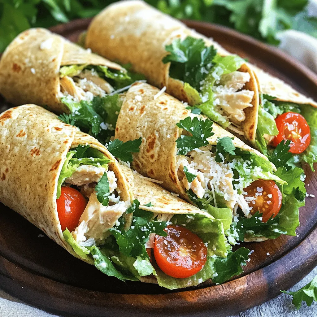 - 2 cups cooked chicken breast, shredded - 4 large whole wheat tortillas - 1 cup romaine lettuce, chopped - ½ cup cherry tomatoes, halved - ½ cup grated Parmesan cheese - ¼ cup Caesar dressing (homemade or store-bought) - ½ teaspoon garlic powder - ½ teaspoon black pepper - 1 tablespoon olive oil - Fresh parsley, chopped for garnish These ingredients create a tasty Chicken Caesar Wrap. Each one plays a key role. The cooked chicken gives protein. The tortillas wrap everything up nicely. The romaine lettuce adds crunch. Cherry tomatoes bring a fresh burst. Parmesan cheese adds saltiness and creaminess. The Caesar dressing ties it all together with flavor. Garlic powder and black pepper spice things up. Olive oil helps warm the tortillas. Finally, parsley makes it pretty. - Calories per serving: About 350 calories - Macronutrient breakdown: - Protein: 28g - Carbohydrates: 32g - Fats: 12g Understanding the nutritional information helps you make good choices. This wrap is balanced with protein, carbs, and healthy fats. It fits well in a meal plan. You can enjoy it for lunch or dinner. Using the Full Recipe, you can easily prepare a meal that satisfies. 1. Combining the chicken and dressing Start by taking a mixing bowl. Add 2 cups of shredded chicken breast. Then, sprinkle in ½ teaspoon of garlic powder and ½ teaspoon of black pepper. Pour in ¼ cup of Caesar dressing. Toss everything well until the chicken is fully coated. This step makes your chicken flavorful and tasty. 2. Preparing the salad filling In a separate bowl, mix 1 cup of chopped romaine lettuce, ½ cup of halved cherry tomatoes, and ½ cup of grated Parmesan cheese. This fresh mix adds crunch and color to your wrap. Set this mixture aside while you warm the tortillas. 1. Warming the tortillas Heat a non-stick skillet over medium heat. Drizzle 1 tablespoon of olive oil in the pan. Take one large whole wheat tortilla and place it in the skillet. Warm it for about 30 seconds on each side or until it feels soft. Remove it from the skillet and repeat with the rest of the tortillas. 2. Assembling the wrap Now, take a warmed tortilla. Lay a generous portion of the chicken mixture on it. Next, add the salad filling you prepared earlier. Roll the tortilla tightly. Be sure to fold in the sides as you go to keep the filling secure. 1. Cutting and garnishing the wraps After you assemble each wrap, cut them in half diagonally. This makes them easier to eat. Arrange the wraps on a plate. To finish, sprinkle freshly chopped parsley on top for a pop of color and flavor. 2. Serving suggestions Serve your wraps with extra Caesar dressing on the side for dipping. You can pair them with a light salad or some crunchy veggies for a complete meal. Enjoy the savory flavors and simple steps of this Chicken Caesar Wrap! For the full recipe, visit our recipe section. Choosing the right chicken is key to a tasty Chicken Caesar Wrap. I recommend using cooked chicken breast. It is lean and juicy, perfect for wraps. You can grill, bake, or even use rotisserie chicken. If you want bold flavor, season the chicken with garlic powder and black pepper. This enhances the taste without extra effort. Now, let’s talk about how to wrap it up securely. First, warm your tortillas. This makes them soft and easy to fold. Place the filling in the center, leaving space on the sides. When you roll, start from the bottom and tuck the sides in. This technique helps keep the filling inside. A tight roll ensures every bite is full of flavor. To keep your wraps fresh, wrap them in plastic wrap. This prevents them from drying out. Store them in the fridge for up to three days. When you’re ready to eat, you can reheat them in a skillet. Just warm each side for two to three minutes. You’ll enjoy a warm, delicious meal again! {{image_2}} You can easily switch up the protein in your Chicken Caesar Wrap. Here are some ideas: - Turkey: Use shredded turkey for a leaner option. - Tuna: Canned tuna works well, just mix it with the dressing. - Tofu: Firm tofu can be grilled or sautéed for a tasty twist. For dressings or toppings, you can try: - Ranch dressing: A creamy alternative for a different flavor. - Greek yogurt: Use instead of Caesar dressing for a healthy swap. - Bacon bits: Add crispy bacon for extra crunch and flavor. If you're looking for gluten-free options, simply use gluten-free tortillas. Many brands offer these, and they taste great. For a vegetarian or vegan option, follow these tips: - Swap chicken for chickpeas: Use canned chickpeas for protein. - Vegan dressing: Look for plant-based Caesar dressings. - Nutritional yeast: Use this instead of Parmesan for a cheesy flavor. Pair your Chicken Caesar Wrap with these tasty sides for a complete meal: - Sweet potato fries: Baked or fried, these are a fun addition. - Vegetable sticks: Carrots and celery with hummus make a crunchy side. - Fruit salad: A fresh mix of fruits balances the savory wrap. These variations and side dishes can make your Chicken Caesar Wrap even more enjoyable! Don't forget to check out the Full Recipe for all the steps to create this delicious meal. You can find tasty Chicken Caesar Wraps at many local restaurants. Look for cafes or diners known for fresh wraps. Many places use high-quality chicken and fresh veggies. Some spots even make their Caesar dressing from scratch. This makes their wraps stand out. Ask locals for their favorite places. You might discover hidden gems in your area! If you prefer to make it at home, grocery stores offer pre-made options. Many stores stock ready-to-eat Chicken Caesar Wraps in their deli section. You can also find meal kits that include all the ingredients. These kits often come with easy instructions. This makes cooking fun and simple. Check the freezer aisle too, as some brands offer frozen wraps. You can enjoy Chicken Caesar Wraps from the comfort of your home. Numerous food delivery apps feature local restaurants that sell them. Services like Uber Eats and DoorDash allow you to browse menus easily. You can order your wrap and have it delivered to your door. This is perfect for busy days or lazy weekends. Enjoy your meal without leaving your couch! To make a Chicken Caesar Wrap, follow these steps: 1. Mix the Chicken: In a bowl, combine 2 cups of shredded chicken, ½ teaspoon of garlic powder, ½ teaspoon of black pepper, and ¼ cup of Caesar dressing. Stir well to coat the chicken. 2. Prepare the Filling: In another bowl, mix 1 cup of chopped romaine lettuce, ½ cup of halved cherry tomatoes, and ½ cup of grated Parmesan cheese. 3. Warm the Tortillas: Heat a non-stick skillet over medium heat. Add 1 tablespoon of olive oil. Warm one large whole wheat tortilla for about 30 seconds on each side. You want it soft but not crispy. Repeat with the other tortillas. 4. Assemble the Wrap: Take a warmed tortilla. Place a generous amount of the chicken mix in the center. Add some of the salad mixture on top. 5. Roll It Up: Roll the tortilla tightly. Fold in the sides as you go to keep everything inside. 6. Cut and Serve: Cut each wrap in half diagonally. Place them on a plate and garnish with fresh parsley. Yes, you can prepare the Chicken Caesar Wrap ahead of time. Here are some tips: - Prep Ingredients: You can mix the chicken and dressing a day before. Store in the fridge in an airtight container. - Assemble Later: Keep the salad filling separate until you're ready to eat. This keeps the lettuce crisp. Assemble the wraps just before serving for the best taste. A Chicken Caesar Wrap has about 350 calories per serving. Here’s a simple breakdown: - Chicken: 150 calories - Tortilla: 120 calories - Parmesan Cheese: 50 calories - Dressing: 30 calories These numbers can vary based on the specific ingredients you use. Most traditional wraps contain gluten. However, you can easily make a gluten-free Chicken Caesar Wrap. Here are your options: - Use Gluten-Free Tortillas: Many stores sell gluten-free tortillas made from rice or corn. - Check the Dressing: Make sure your Caesar dressing is gluten-free. Some brands offer gluten-free options. By choosing these alternatives, you can enjoy a delicious wrap that fits your dietary needs! For the full recipe, check out the Zesty Chicken Caesar Wrap. In this article, we covered how to make a Chicken Caesar Wrap. We explored ingredients, cooking steps, and tips for better flavor. I shared ideas for variations and where to buy wraps. These wraps are simple, tasty, and healthy. You can customize them to fit your tastes. Whether you're making them at home or ordering out, enjoy your Chicken Caesar Wraps!