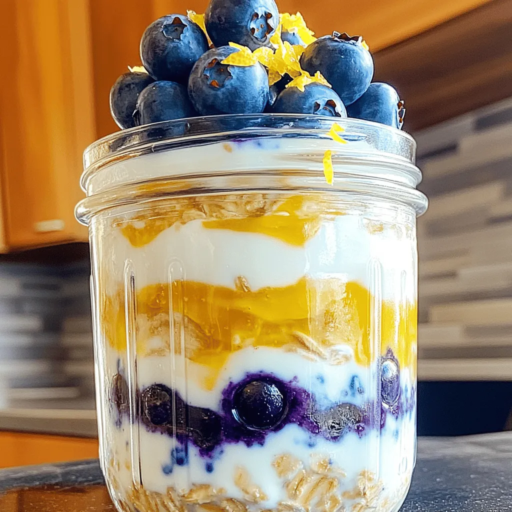 To make these tasty Lemon Blueberry Overnight Oats, gather the following ingredients: - 1 cup rolled oats - 1 cup unsweetened almond milk (or milk of choice) - 1/2 cup Greek yogurt (plain or vanilla) - 1/2 cup fresh blueberries (plus extra for topping) - Zest of 1 lemon - 2 tablespoons lemon juice - 2 tablespoons honey or maple syrup (adjust sweetness to taste) - 1/2 teaspoon vanilla extract - A pinch of salt These ingredients blend to create a refreshing and healthy breakfast. Each bite is filled with the bright taste of lemon and juicy blueberries. When picking blueberries, look for berries that are plump and firm. They should have a deep blue color. Avoid any that are soft or have green spots. Fresh blueberries should smell sweet and fruity. You can also check for the white powder on the skin, which is called bloom. This shows they are fresh and untouched. If you want a dairy-free option, try using plant-based yogurt instead of Greek yogurt. You can also skip the yogurt for a lighter version. For sweeteners, you can swap honey for agave syrup or stevia. Maple syrup works well too. Adjust the sweetness to your liking, so you enjoy every bite. For the full recipe, check out the details above! To start, gather your ingredients. You need rolled oats, almond milk, Greek yogurt, blueberries, lemon zest, lemon juice, honey or maple syrup, vanilla extract, and a pinch of salt. In a medium bowl or large mason jar, combine the rolled oats, almond milk, and Greek yogurt. Then, add the lemon zest, lemon juice, honey or maple syrup, vanilla extract, and salt. Mix everything well until it is smooth. Make sure the oats soak up the liquid. After mixing, gently fold in the fresh blueberries. Save a few for later. Cover the bowl or seal the jar. Place it in the fridge overnight. This soak time helps the oats soften and absorb the flavors. For best results, let them chill for at least 4-6 hours. When morning arrives, take the oats out of the fridge. Stir the mixture again. If it feels too thick, add a splash of almond milk. You want it creamy but not runny. Serve the oats in bowls or keep them in the jar for an easy breakfast. Top with extra blueberries and a drizzle of honey or maple syrup if you like. Enjoy your tasty Lemon Blueberry Overnight Oats! For a full recipe, check the earlier section. To get creamy overnight oats, you need the right mix of ingredients. I recommend using rolled oats. They soak up the liquid well. You can adjust the amount of almond milk based on your taste. If you want thicker oats, use less milk. For creamier oats, add a bit more. After soaking, give the oats a good stir. If they feel too thick in the morning, just add a splash of almond milk. Adding extra flavor can make your oats even better. You might try adding nuts or seeds. Chia seeds are a great choice. They are tiny but pack a flavor punch. You can also mix in spices like cinnamon or nutmeg. For a tropical twist, try adding diced mango or coconut. These flavors will work well with the lemon and blueberries. Don't forget to taste as you go. Adjust sweetness with honey or maple syrup, too. If you have extra overnight oats, store them in the fridge. Use a sealed jar or container to keep them fresh. They will last for up to three days. Just remember to check for any changes in smell or texture. If they seem off, it's better to toss them. You can also freeze them for later. Just thaw in the fridge overnight when you're ready to eat. This way, you can enjoy lemon blueberry overnight oats whenever you like! For the full recipe, check the earlier section. {{image_2}} You can change the fruit in this recipe to suit your taste. Try strawberries, raspberries, or peaches for a different flavor. Mango pairs well with coconut milk for a tropical twist. You can even use dried fruits like cranberries or apricots for a chewy texture. Mix and match fruits for fun flavors each week! To make this recipe vegan, swap Greek yogurt for coconut yogurt. Use maple syrup instead of honey. For gluten-free oats, select certified gluten-free rolled oats. This way, you can enjoy tasty oats while sticking to your diet. You can still have delicious breakfast options with these simple swaps. Toppings make your oats even better! Add nuts like almonds or walnuts for a crunchy bite. Seeds, such as chia or flax, add fiber and omega-3s. Fresh fruit, like sliced bananas or more berries, gives a fresh taste. You can also sprinkle granola on top for extra texture. Get creative and try different combinations! To keep your lemon blueberry overnight oats fresh, use an airtight container. Glass jars work great. They help keep the oats from drying out or picking up other smells. Always store them in the fridge. Make sure to label your jars with the date. This way, you remember when you made them. Lemon blueberry overnight oats can last up to five days in the fridge. The oats soak up the flavors over time. After a few days, they may get softer but still taste good. If you see any signs of spoilage, like mold or an off smell, throw them away. You can freeze lemon blueberry overnight oats too. Just pour the mixture into freezer-safe containers. Leave some space at the top, as the oats will expand when frozen. They can last up to three months in the freezer. When you’re ready to eat, thaw them in the fridge overnight. Yes, you can easily make this recipe vegan. Just swap the Greek yogurt for a plant-based yogurt, like coconut or almond yogurt. Use maple syrup instead of honey for sweetness. Lastly, choose almond milk or any other plant milk for the base. This way, you keep the zesty lemon and blueberry flavors while making it vegan-friendly. You can adjust the texture by changing the liquid amount. For creamier oats, add more almond milk. If you prefer thicker oats, reduce the liquid. You can also blend the oats briefly before mixing. This makes them softer and smoother. Experiment with the soaking time too. A longer soak gives a creamier texture, while a shorter soak keeps them chewier. Yes, meal prepping is easy with Lemon Blueberry Overnight Oats. Make multiple jars at once and store them in the fridge. They last up to five days. Just make sure to keep the toppings separate until you're ready to eat. This way, the oats stay fresh and tasty. You can grab a jar in the morning for a quick breakfast. For the complete recipe, check the [Full Recipe]. Lemon blueberry overnight oats are easy and fun to make. We covered fresh ingredients, tips for great taste, and how to store your oats. You can try different fruits or diets too. Remember, these oats are not just tasty; they are also healthy. Enjoy your creation and explore new flavors! Make these oats your own. Please share your favorite twist on this recipe with others. Your taste buds will thank you!