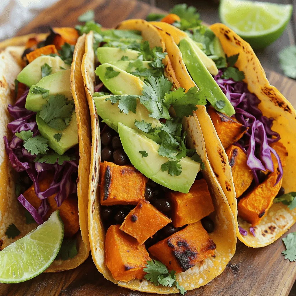 - 2 medium sweet potatoes, peeled and diced Sweet potatoes provide fiber, vitamins A and C. They add a natural sweetness and rich color. - 1 can (15 oz) black beans, rinsed and drained Black beans are a great source of protein and iron. They add texture and heartiness. - 1 tablespoon olive oil Olive oil helps with roasting. It adds healthy fats and flavor. - 1 teaspoon cumin Cumin gives a warm, earthy taste. It enhances the overall flavor of the tacos. - 1 teaspoon smoked paprika This spice adds a nice smoky flavor. It makes the dish feel more robust. - ½ teaspoon chili powder Chili powder brings warmth and depth. It balances the sweetness of sweet potatoes. - Salt and pepper to taste These seasonings enhance all flavors. They make each bite more enjoyable. - 8 small corn tortillas Corn tortillas are soft and flavorful. They serve as the base for the tacos. - 1 avocado, sliced Avocado adds creaminess and healthy fats. It complements the other ingredients well. - ½ cup red cabbage, thinly sliced Red cabbage adds crunch and color. It also provides extra nutrients and fiber. - ¼ cup fresh cilantro, chopped Cilantro gives a fresh flavor. It brightens up the tacos. - Lime wedges for serving Lime juice adds acidity. It brightens the dish and enhances flavors. These ingredients come together to create a delicious meal. Each one adds unique taste and nutrition. You can find the Full Recipe for easy preparation and cooking steps. To make these savory sweet potato black bean tacos, follow these simple steps. 1. Preheat the oven to 425°F (220°C). This helps the sweet potatoes roast well. 2. Prepare the sweet potatoes. In a bowl, toss the diced sweet potatoes with olive oil. Add cumin, smoked paprika, chili powder, salt, and pepper. Mix until the sweet potatoes are well coated. 3. Roast the sweet potatoes. Spread them on a baking sheet in a single layer. Roast for about 25-30 minutes. Stir them halfway through to ensure even cooking. Look for a tender texture and a slight caramel color. 4. Heat the black beans. While the sweet potatoes cook, put the rinsed black beans in a small saucepan. Heat them over medium heat. Add a pinch of salt and pepper to enhance the flavor. 5. Warm the tortillas. In a dry skillet over medium heat, warm each corn tortilla for about 30 seconds on each side. This makes them soft and easy to fold. 6. Assemble the tacos. Take each tortilla and add a scoop of roasted sweet potatoes. Top it with a spoonful of black beans. Then, layer on sliced avocado, red cabbage, and fresh cilantro. 7. Serve with lime wedges. These add a fresh burst of flavor when squeezed over the tacos. This method ensures you get delicious, evenly cooked tacos that burst with flavor. For exact measurements and more details, check the Full Recipe. Enjoy your cooking! To get the best flavor and texture, follow these tips. First, roast the sweet potatoes until they are tender. This helps them caramelize and brings out their natural sweetness. Stir them halfway through cooking for even results. You can switch up the spices based on your taste. Try adding garlic powder or onion powder for more flavor. If you like heat, add cayenne pepper or diced jalapeños. You can also use different beans, like pinto or kidney beans, if you prefer. Common mistakes include overcooking the sweet potatoes. Keep an eye on them to avoid mushiness. Also, don’t skip warming the tortillas. Warm tortillas are much easier to fold and bite into. Lastly, add toppings right before serving to keep everything fresh and crisp. For the full recipe, check out the Sweet Potato Black Bean Tacos. Enjoy your cooking! {{image_2}} You can make sweet potato black bean tacos fit your taste. Try different ingredients if you have dietary needs. For example, swap black beans for lentils or chickpeas. These options bring new flavors and textures. If you want a lighter meal, use cauliflower instead of sweet potatoes. It roasts nicely and adds a different taste. Toppings can also change the game. Instead of avocado, try guacamole or cashew cream. You can even add a dollop of Greek yogurt for creaminess. Fresh salsa or pico de gallo adds a nice crunch. Don't forget to sprinkle some cheese or nutritional yeast for extra flavor. Cooking methods can vary too. If you prefer grilling, toss the sweet potatoes on the grill. Wrap them in foil to keep them moist. You can also steam sweet potatoes for a softer texture. For the black beans, try simmering them with spices for more flavor. Use a slow cooker for an easy meal that cooks while you do other things. These variations let you enjoy sweet potato black bean tacos in new ways. Check out the Full Recipe for more ideas. To keep your Sweet Potato Black Bean Tacos fresh, store the components separately. This helps each ingredient maintain its flavor and texture. Here are some simple tips: - Sweet Potatoes: Place leftover roasted sweet potatoes in an airtight container in the fridge. They last about 3 to 5 days. If you want to freeze them, store in a freezer-safe bag and use within 3 months. - Black Beans: Store any leftover black beans in a sealed container in the fridge for up to 4 days. For longer storage, you can freeze them in a bag for up to 6 months. - Tortillas: Keep tortillas in their original packaging or wrap them in foil. They can stay fresh in the fridge for about 1 week. For longer storage, freeze them in a freezer bag, and they can last for 6 months. - Toppings: Store sliced avocado in an airtight container with a squeeze of lime juice. This helps prevent browning and keeps it fresh for 1 day. Red cabbage and cilantro can be stored in the fridge in separate containers for about 3 days. When you are ready to enjoy your tacos again, reheat the components for the best taste: - Sweet Potatoes: Place them on a baking sheet and heat at 350°F (175°C) for about 10-15 minutes until warm. - Black Beans: Heat in a saucepan over medium heat, stirring until warmed through, about 5 minutes. - Tortillas: Warm tortillas in a dry skillet over medium heat for about 30 seconds on each side until soft. - Roasted sweet potatoes: 3-5 days in the fridge, 3 months in the freezer. - Black beans: 4 days in the fridge, 6 months in the freezer. - Tortillas: 1 week in the fridge, 6 months in the freezer. - Toppings (avocado, cabbage, cilantro): 1-3 days in the fridge. By following these tips, you can enjoy your savory tacos again without losing any flavor. For detailed cooking steps, check the Full Recipe. What can I substitute for black beans? You can use pinto beans or kidney beans. Chickpeas also work well. Each will add a unique taste. How can I make this recipe spicy? Add diced jalapeños or a few dashes of hot sauce. You can also increase the chili powder for more heat. Are sweet potato black bean tacos healthy? Yes, they are healthy. Sweet potatoes provide vitamins and fiber. Black beans are high in protein and iron. Can I make these tacos ahead of time? Yes, you can prep the sweet potatoes and beans earlier. Store them in the fridge. Warm them up before serving. For the full recipe, check out the complete guide to crafting these delicious tacos. We covered how to make sweet potato black bean tacos from start to finish. We explored essential ingredients, preparation steps, and tips for flavor. You learned about variations and storage methods. Tacos are fun and flexible. Use this guide to make tasty meals your way. Enjoy experimenting and sharing these delicious tacos with friends. Your taco game just got better!