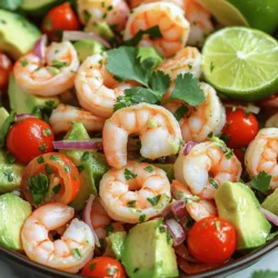 - Shrimp: You need 1 pound of shrimp. Peel and devein them for best results. - Avocado: Choose 2 ripe avocados. They should feel slightly soft when gently squeezed. - Other Fresh Ingredients: Use 1 cup of halved cherry tomatoes, 1/4 cup of finely chopped red onion, and 1/4 cup of fresh cilantro. - Olive oil: Use high-quality extra virgin olive oil for flavor and health benefits. - Lime juice: Fresh lime juice is best. It adds brightness and a fresh taste. Bottled juice lacks this quality. - Seasoning: You will need 1 teaspoon of garlic powder, salt, and pepper to taste. Start by seasoning the shrimp. In a medium bowl, toss the cleaned shrimp with garlic powder, salt, and pepper. This adds great flavor. Next, heat a skillet over medium heat. Add 1 tablespoon of olive oil once the skillet is hot. Cook the shrimp for about 2-3 minutes on each side. They should turn pink and opaque. Once done, take them off the heat and let them cool. In a large mixing bowl, combine diced avocados, halved cherry tomatoes, finely chopped red onion, and fresh cilantro. These ingredients bring freshness and color. After the shrimp cools down, add them to the avocado mix. Make sure the shrimp is evenly distributed so everyone gets a taste. To make the dressing, whisk together the remaining olive oil and lime juice in a small bowl. Add a pinch of salt and pepper for extra flavor. Drizzle this dressing over the salad. Use a gentle hand to toss everything together. Be careful not to mash the avocado. Adjust the seasoning if needed by adding more salt, pepper, or lime juice. Enjoy your vibrant and tasty salad! To make your salad shine, start with fresh shrimp and avocados. When choosing shrimp, look for a firm texture and a mild ocean scent. Avoid shrimp that smell strong or have a dull color. For avocados, pick ones that are slightly soft but not mushy. A dark, bumpy skin often indicates ripeness. If you have leftover shrimp or avocados, store them separately in an airtight container. Shrimp can last one or two days in the fridge, while avocados should be consumed within a day or two after cutting. Cooking shrimp requires a little attention. Overcooking makes shrimp tough and rubbery. Cook shrimp for about 2-3 minutes on each side until they turn pink and opaque. You can tell they are done when they curl into a C shape. Remove them from heat right away to keep them tender. Presentation matters! Serve your salad in a chilled bowl for a fresh look. Garnish with cilantro sprigs and a lime wedge for color and flair. For great pairings, consider serving with tortilla chips or a light vinaigrette. You can also enjoy it with a side of grilled corn for extra texture. For the full recipe, check out Shrimp & Avocado Delight. {{image_2}} You can switch shrimp for chicken or tofu. Chicken gives a hearty bite that pairs well with avocado. Cook the chicken in the same skillet, using the same spices. Tofu is a great choice for a vegetarian dish. Just press it to remove extra liquid, then cube and sauté until golden. For seafood lovers, try scallops or crab. They both add a nice twist to the salad. Want to spice it up? Add jalapeños for heat, corn for sweetness, or black beans for texture. They all blend well with shrimp and avocado. Cheese can enhance the dish, too. Feta adds a salty kick, while queso fresco brings creaminess. Feel free to mix and match based on your taste. These add-ins make your salad more fun and flavorful. For a change, use balsamic vinaigrette or a yogurt-based dressing. Both offer a different taste profile. If you like tang, balsamic is great. Yogurt adds creaminess and a bit of zing. Adjust spices to match your mood. Try adding cumin or chili powder for a bold flavor. With these options, you can keep your salad exciting every time you make it. For the full recipe, click here. To keep your shrimp and avocado salad fresh, use airtight containers. Glass or plastic containers work well. Try to store the salad in smaller portions. This way, you can grab what you need without exposing the rest to air. You can keep leftovers in your fridge for up to two days. It’s best to eat the shrimp and avocado salad cold. If you prefer to reheat it, do so gently. Place it in a skillet over low heat. Heat it just until warm, not hot. This keeps the shrimp tender. If you want, you can also enjoy the salad as is, straight from the fridge. It makes for a quick, refreshing meal! You can prepare this salad a few hours before serving. Start by cooking the shrimp and letting them cool. Chop the avocados and mix them with other fresh ingredients. Keep the shrimp and avocado mix separate. Dress the salad just before serving. This keeps the avocado from browning. For best taste, serve within a few hours. Yes, this salad is quite healthy. Shrimp is low in calories, high in protein, and packed with vitamins. Avocados provide healthy fats and fiber. A serving has around 300 calories, depending on the dressing. You get nutrients like vitamin E and potassium from the avocados. Overall, this dish is a tasty, nutritious choice. Freezing this salad is not recommended. Avocados will turn mushy when thawed. However, you can freeze cooked shrimp. Place them in an airtight container. When ready to use, thaw shrimp overnight in the fridge. Combine with fresh ingredients and dress just before serving. This keeps flavors fresh and textures right. Shrimp and avocado salad combines fresh ingredients and bold flavors. You learned how to pick the best shrimp and avocados, prepare them right, and create a tasty dressing. Tips on variations help you customize the dish to your taste. Storing leftovers properly keeps your meal fresh. Now, you have everything you need to make this salad shine. Enjoy each bite and impress your guests with this delicious and healthy dish!