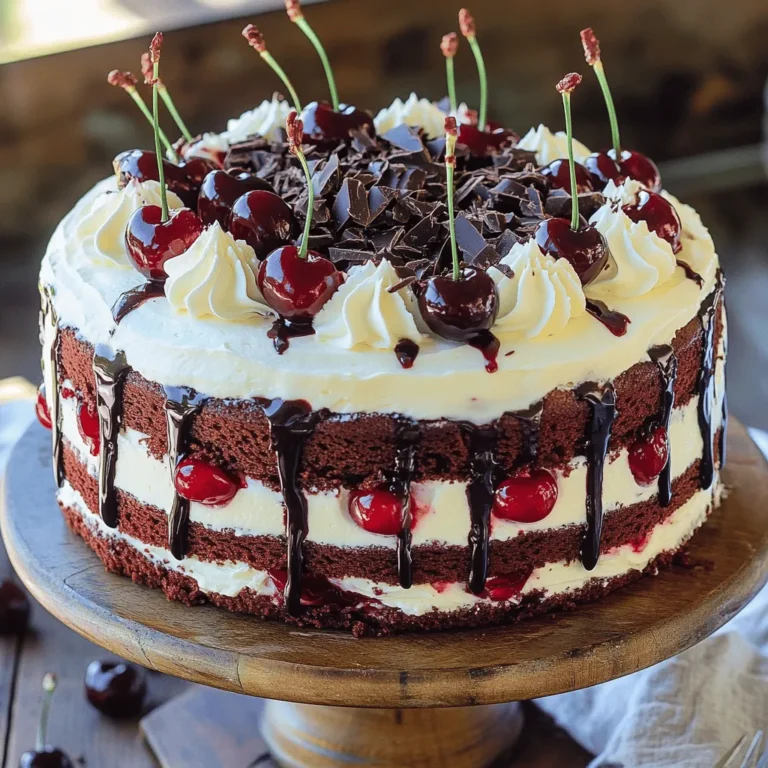 - 1 3/4 cups all-purpose flour - 2 cups granulated sugar - 3/4 cup unsweetened cocoa powder - 1 jar (24 oz) Morello cherries, drained and juice reserved These main ingredients create the rich, moist cake. All-purpose flour gives the cake structure. Granulated sugar adds sweetness, while unsweetened cocoa powder provides that deep chocolate flavor. The Morello cherries and their juice bring a tart twist that makes this cake delightful. - 1 cup heavy whipping cream - 2 tablespoons powdered sugar - 1 teaspoon vanilla extract Whipped cream is a must for this cake. Heavy whipping cream forms the base. Powdered sugar sweetens the cream, while vanilla extract adds a lovely flavor. You whip these ingredients together until they form soft peaks. This cream layers beautifully with the cake and cherries. - Dark chocolate shavings - Fresh cherries Garnishes add a touch of elegance. Dark chocolate shavings give a rich look and taste. Fresh cherries on top make the cake pop. These extras not only enhance the visuals but also boost the flavor. You can add these just before serving for a stunning finish. For the complete delicious recipe, check the Full Recipe link. Mixing dry ingredients Start by gathering your dry ingredients. In a large bowl, mix together: - 1 3/4 cups all-purpose flour - 2 cups granulated sugar - 3/4 cup unsweetened cocoa powder - 1 1/2 teaspoons baking soda - 1 1/2 teaspoons baking powder - 1 teaspoon salt Whisk these dry ingredients well until they are combined. This helps ensure even mixing. Combining wet ingredients In a separate bowl, combine: - 2 large eggs - 1 cup buttermilk - 1/2 cup vegetable oil - 2 teaspoons vanilla extract Beat these together with an electric mixer for about two minutes until smooth. Then add the wet mixture to the dry mixture. Finally, pour in 1 cup of boiling water and mix on low speed. The batter will be thin, and that’s perfect! Preheating the oven Preheat your oven to 350°F (175°C). While the oven heats, grease and flour two 9-inch round cake pans. Baking time and tests for doneness Pour the cake batter evenly into the prepared pans. Bake for 30 to 35 minutes. To check if they are done, insert a toothpick into the center. If it comes out clean, your cakes are ready! Let the cakes cool in the pans for 10 minutes. Then, remove them from the pans and cool completely on a wire rack. Layering process with cherry juice and whipped cream Once the cakes are cool, slice each one in half to create four layers. Place the first layer on a serving plate. Drizzle it with reserved cherry juice, then add half of the morello cherries. Spread a dollop of whipped cream on top. Repeat this process with the second and third layers. Final decoration instructions Place the fourth layer on top. Spread whipped cream over the top and sides of the entire cake. For the final touch, garnish with dark chocolate shavings and a few whole cherries. Chill the cake in the refrigerator for at least 1 hour before slicing. This allows all the flavors to mix beautifully. Enjoy your creation! [Full Recipe] Use room temperature ingredients. This helps the batter mix well and rise nicely. Cold eggs or milk can slow the process. Ensure your cake layers bake evenly. Grease and flour your pans well to prevent sticking. You can also rotate the pans halfway through baking. This gives a nice, even bake. To make the perfect whipped cream, beat the heavy cream until medium peaks form. Add powdered sugar and vanilla for flavor. Do not overbeat, or it can turn grainy. Store leftover whipped cream in the fridge. Use an airtight container to keep it fresh. It can last for a few days if stored right. When slicing the cake, use a sharp knife. Clean the knife between cuts for neat slices. This keeps the layers pretty and intact. Pair your cake with fresh coffee or tea. The rich chocolate and cherries go well with a warm drink. You can also serve it with a scoop of vanilla ice cream for a special treat. For the full recipe, check out the complete details to make your Black Forest cake unforgettable! {{image_2}} The classic Black Forest Cake has rich layers of chocolate and cherries. It uses chocolate sponge cake, whipped cream, and morello cherries. This cake shines with its dark, moist layers and sweet, tangy fruit. The combination is simply divine. Many modern twists exist. Some use chocolate sponge instead of the traditional cake. Others add unique flavors like coffee or orange zest. These changes keep the cake fresh and exciting. Each variation brings a new taste while honoring the original. Some people seek eggless options for Black Forest Cake. You can use applesauce or yogurt as a substitute for eggs. This method keeps the cake moist and fluffy. Vegan and gluten-free options also exist. For vegan cake, swap eggs and dairy with plant-based alternatives. Use almond or coconut flour for a gluten-free version. These adaptations make the cake friendly for various diets while retaining great taste. You can add liqueurs like Kirsch to enrich the flavor. Just drizzle a bit over the cake layers. This gives a lovely, subtle kick to the dessert. Incorporating other fruits or flavors can also enhance this cake. Consider adding raspberries or strawberries for extra color and taste. You might even try hazelnuts for a nutty crunch. These additions can make your Black Forest Cake truly unique. For the full recipe, follow the steps above to create your own delicious masterpiece! To keep your Black Forest cake fresh, refrigerate any leftovers. Place the cake in an airtight container. This will help it stay moist and tasty. If you don’t have a container, wrap the cake in plastic wrap. Make sure the wrap is snug to prevent air from getting in. This helps to avoid dryness. You can freeze Black Forest cake before or after you assemble it. To freeze before assembly, wrap each layer in plastic wrap and then in foil. This keeps the layers safe from freezer burn. For freezing after assembly, wrap the whole cake in plastic wrap. You can also put it in a large airtight container. To thaw the cake, move it from the freezer to the fridge. Let it sit overnight. When you're ready to serve, take it out and let it sit at room temperature for about 30 minutes. This way, your cake will taste fresh and delicious. Enjoy your cake with friends or family! If you want the full recipe, check out the Full Recipe section. A Black Forest Cake is a rich chocolate cake from Germany. It features layers of chocolate sponge, whipped cream, and cherries. The name comes from the Black Forest region, known for its cherry trees. Traditionally, it uses morello cherries and Kirsch, a cherry liqueur. The cake is both sweet and tart, making it a favorite for many. Yes, you can prepare this cake in advance. Bake the cake layers a day before serving. Store them in an airtight container at room temperature. You can also prepare the whipped cream ahead. Just keep it in the fridge until you are ready to assemble. This way, your flavors will meld beautifully. To avoid a collapsing cake, follow these tips: - Use fresh ingredients, especially baking powder and baking soda. - Do not overmix the batter. - Check your oven temperature with a thermometer. - Bake until a toothpick comes out clean. These steps help create a stable cake that holds its shape. You can find authentic Black Forest Cake at many bakeries. Look for German or European bakeries in your area. Some popular chain bakeries might also offer it. If you're in a city, check local dessert shops. They often have unique takes on this classic cake. If you cannot find morello cherries, try these options: - Fresh Bing cherries for a sweet taste. - Tart cherries in a jar, if available. - Even raspberry preserves can work for a twist. These substitutes keep the flavor profile similar while adding a personal touch to your cake. You now know how to make a stunning Black Forest Cake. We covered key ingredients like cherries, cocoa, and whipping cream. You learned step-by-step instructions on baking and assembling the cake. I shared tips for perfect results and variations to suit everyone. Baking can bring joy and delicious treats. Enjoy making this cake for friends or family. Remember, practice makes perfect!