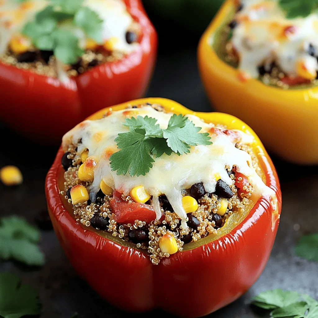 - 4 large bell peppers (any color) - 1 cup quinoa, rinsed - 2 cups vegetable broth - 1 cup black beans, canned and rinsed - 1 small red onion, finely chopped - 2 cloves garlic, minced - 1 teaspoon cumin - 1 teaspoon smoked paprika - 1 teaspoon chili powder - 1 cup diced tomatoes (canned or fresh) - 1 cup shredded cheese (cheddar or mozzarella) - Fresh cilantro or parsley, for garnish Stuffed bell peppers are a hearty meal, and they’re simple to make. Start by gathering your main ingredients. For this recipe, I choose four large bell peppers. I love using a mix of colors, like red, yellow, and green. Each one adds a pop and a bit of sweetness. Next, I rinse one cup of quinoa. This step is key. Rinsing removes a bitter coating. I cook the quinoa in two cups of vegetable broth for extra flavor. You can also use chicken broth if you prefer. Black beans add protein and fiber. I use one cup of canned black beans, rinsed well. This saves time and makes cooking easier. You can also mix in some corn if you like a bit of sweetness. Now for the flavorings. I finely chop one small red onion and mince two cloves of garlic. These two ingredients make the dish smell wonderful as they cook. I add one teaspoon each of cumin, smoked paprika, and chili powder. These spices give the filling a nice kick and warmth. Finally, for toppings, I use one cup of diced tomatoes and one cup of shredded cheese. Cheddar or mozzarella works great. Fresh cilantro or parsley brightens the dish and adds color. For the full recipe and step-by-step instructions, check out the [Full Recipe]. Enjoy making these tasty stuffed peppers! 1. Preheat your oven to 375°F (190°C). This helps cook the peppers evenly. 2. Prepare the bell peppers by cutting off the tops and removing the seeds. Set them aside. 3. In a medium saucepan, combine 1 cup of rinsed quinoa with 2 cups of vegetable broth. Bring this to a boil. Once boiling, reduce the heat, cover, and let it simmer for 15 minutes or until the quinoa is cooked and the liquid is gone. 1. In a large skillet over medium heat, add a drizzle of olive oil. 2. Sauté 1 small chopped red onion and 2 minced garlic cloves for about 3-4 minutes. The onion should look translucent. 3. Next, mix in 1 cup of black beans, 1 cup of corn, 1 cup of diced tomatoes, 1 teaspoon of cumin, 1 teaspoon of smoked paprika, and 1 teaspoon of chili powder. Stir this well and cook for another 5 minutes. 1. Once the quinoa is ready, fluff it with a fork. Add it to the skillet mixture and stir everything together. Season with salt and pepper to taste. 2. Spoon this quinoa mixture evenly into each bell pepper. Pack the filling down gently. 3. Place the stuffed peppers upright in a baking dish. 4. Top each stuffed pepper with 1 cup of shredded cheese. Cover the dish with foil and bake for 25 minutes. 5. After 25 minutes, remove the foil and bake for another 10-15 minutes. The peppers should be tender, and the cheese should be bubbly and golden. 6. When done, take them out of the oven and let them cool slightly before serving. For the full recipe, check out the earlier section. How to ensure the quinoa is fully cooked? To cook quinoa perfectly, rinse it well to remove bitterness. Combine one cup of quinoa with two cups of vegetable broth in a saucepan. Bring it to a boil, then lower the heat. Cover the pot and let it simmer for about 15 minutes. Check for fluffy grains and no liquid left. If it feels crunchy, let it cook a bit longer. Tips for selecting the best bell peppers? Choose bell peppers that feel firm and heavy in your hand. Look for bright colors, which mean they're fresh. Check for smooth skin without any soft spots or wrinkles. If you prefer sweetness, red peppers are best. For a bit of bite, go for green ones. Best baking dishes for stuffed peppers? A glass or ceramic baking dish works well. These materials help the peppers cook evenly. Make sure the dish is deep enough to hold the peppers upright. If you have a cast-iron skillet, it can add great flavor too. Essential cookware for sautéing? A large non-stick skillet is perfect for sautéing. It helps prevent sticking and makes cleanup easy. Use a wooden spoon or spatula for stirring. If you want extra flavor, a heavy-bottomed pan can give a nice sear to your onions and garlic. Suggested side dishes to complement the peppers? A light side salad pairs nicely with stuffed peppers. Try a mix of greens, cherry tomatoes, and a tangy vinaigrette. You could also serve with rice or a small bowl of guacamole. These sides bring a fresh taste to your meal. Ideas for customizing the presentation Make your dish pop by adding fresh herbs on top. Chopped cilantro or parsley adds color and flavor. You can also drizzle a bit of sour cream or yogurt on top. For a fun twist, serve the peppers on a colorful platter with lime wedges. {{image_2}} You can easily make vegan stuffed peppers. Skip the cheese and use plant-based cheese instead. Replace the vegetable broth with water if needed. This keeps the dish light and tasty. For gluten-free options, stick to quinoa and check your canned goods. Ensure they are gluten-free, especially the beans. You can also swap black beans for lentils or chickpeas. Both add great flavor and protein. To make your stuffed peppers even more exciting, try adding spices. You can mix in cayenne pepper for heat or Italian herbs for a new twist. Each spice brings its own flair. For cheese lovers, experiment with different types. Feta adds a tangy taste, while goat cheese offers creaminess. You can even try a mix of cheeses for more depth. Seasonal veggies are a fun way to change things up. In summer, add zucchini or yellow squash. In fall, try mushrooms or spinach. These additions keep the dish fresh and lively. For special occasions, adjust the filling to match the season. You could use pumpkin and sage for a cozy autumn feel. This way, you can celebrate each season with a new flavor journey. Store your leftover stuffed peppers in an airtight container. This keeps them fresh and tasty. You can place them in the fridge for up to four days. If you want to enjoy them later, refrigerate them right after they cool. This helps to keep the flavors locked in. To freeze stuffed peppers, let them cool completely first. Wrap each pepper tightly in plastic wrap. Then, place them in a freezer-safe bag or container. They can stay frozen for up to three months. When you’re ready to eat, thaw them overnight in the fridge. Reheat in the oven at 350°F (175°C) for about 20-25 minutes. This warms them through and makes the cheese nice and melty. You can prepare the ingredients ahead of time. Cook the quinoa and mix it with the veggies. Store the filling in a separate container. Keep the bell peppers whole in the fridge. When you’re ready to cook, just stuff the peppers and bake. This makes dinner quick and easy! How do I know when the stuffed peppers are done? You can tell the stuffed peppers are done when they are soft. The cheese should be golden and bubbly. A fork should easily pierce the pepper. If the pepper skin is tender, it is ready to eat. Can I use cooked quinoa instead of raw? Yes, you can use cooked quinoa. Just make sure to adjust the liquid in the recipe. Since cooked quinoa has moisture, you may need less vegetable broth. This change will help keep the filling from being too wet. What to do if peppers are too crunchy? If your peppers are too crunchy, cover them with foil and bake longer. Check every five minutes until they reach your desired softness. You can also try cooking them in boiling water for a few minutes before stuffing. How to fix overcooked quinoa in the filling? If your quinoa is overcooked, try adding a little vegetable broth. This can help restore some moisture. Mixing in a fresh ingredient like diced tomatoes can also add texture. Can I use other grains instead of quinoa? Yes, you can use rice, farro, or bulgur instead of quinoa. Just ensure they are fully cooked before mixing with the filling. Each grain will give a different flavor and texture. What are good alternatives for black beans? Good alternatives for black beans include kidney beans, pinto beans, or lentils. These options will add protein and texture. Each choice will bring its own unique taste to the stuffed peppers. Stuffed peppers are a fun and tasty dish. We explored the key ingredients, from bell peppers to quinoa and spices. I shared steps for preparing, cooking, and baking them to perfection. Don't forget my tips for making your dish shine, including storage and meal prep ideas. You can easily adapt this recipe for different diets and occasions. Enjoy your cooking and feel free to experiment with flavors and toppings. Happy cooking!