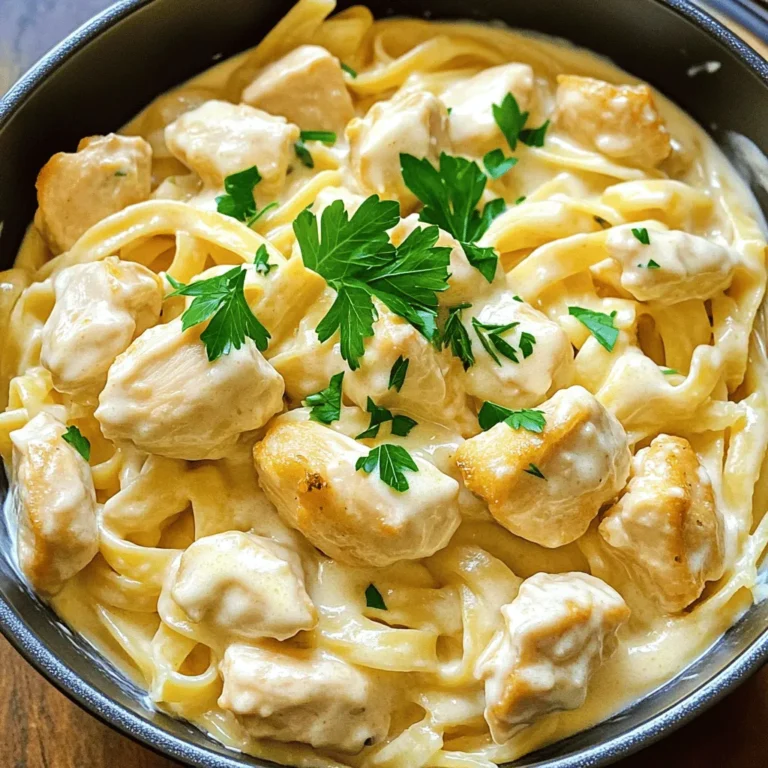 - 2 boneless, skinless chicken breasts - 8 ounces fettuccine pasta - 1 cup heavy cream - 1 cup grated Parmesan cheese - 3 cups chicken broth - 2 cloves garlic - 1 tablespoon olive oil - 1 teaspoon Italian seasoning - Salt and pepper to taste - Fresh parsley for garnish For a twist on the dish, try adding some extras. You can include spinach or mushrooms for more flavor. If you need dietary swaps, gluten-free pasta works well. You can also use non-dairy cream for a dairy-free version. This makes it easy for anyone to enjoy a creamy delight! You can find the Full Recipe to guide you through each step of this tasty meal. First, cut the chicken breasts into bite-sized pieces. This helps them cook evenly. Season the pieces with salt and pepper. This adds flavor right from the start. Next, mince the garlic. You need just two cloves for this dish. Measure out all the ingredients beforehand. This makes cooking smooth and easy. Heat a large pot over medium heat. Add one tablespoon of olive oil. Once hot, add the chicken pieces. Sauté until golden brown, about 5-7 minutes. Then remove the chicken from the pot and set it aside. In the same pot, add the minced garlic. Sauté for about 30 seconds until it smells great. Pour in 3 cups of chicken broth. Bring it to a simmer. Now, add the 8 ounces of fettuccine pasta and one teaspoon of Italian seasoning. Cook the pasta for about 8-10 minutes. Stir it occasionally until it is al dente. Once the pasta is cooked, lower the heat. Stir in one cup of heavy cream and one cup of grated Parmesan cheese. Mix until everything is creamy and well combined. Now, add the cooked chicken back into the pot. Stir it all together. Taste and adjust the seasoning with salt and pepper. Let it sit for a couple of minutes. This helps the sauce thicken up nicely. Serve your One-Pot Chicken Alfredo in deep bowls for a comforting meal. For extra flair, garnish with fresh parsley and a sprinkle of Parmesan. One-pot cooking is a real time-saver. It cuts down on mess and cleanup. You only need one pot for cooking everything. This makes cooking simple and fun. To save time, prep all your ingredients before you start cooking. Cut the chicken and measure the pasta first. This way, you can focus on cooking without stopping. To make your Alfredo sauce creamier, use more heavy cream. You can also stir in some cream cheese for extra richness. If you want to boost flavor, try adding grated nutmeg. It adds a lovely warmth. Adding veggies is a great way to make this dish healthier. Spinach and peas work well in this recipe. Just toss them in when you add the pasta. They will cook quickly and add great color. Serving matters, especially with a dish like this. Use deep bowls to hold the creamy pasta. It looks more inviting this way. Garnish with fresh parsley and extra Parmesan cheese. This not only adds flavor but also makes the dish pop. A sprinkle of black pepper can add a nice touch too. {{image_2}} You can add fun flavors to your One-Pot Chicken Alfredo. For a fresh twist, try adding spinach and mushrooms. Just toss them in with the chicken. They cook quickly and add great taste. You can also give it a spicy kick with red pepper flakes. Just sprinkle some in when you add the cream. This will warm things up! If you want a vegan version, swap the chicken for chickpeas or tofu. Use vegetable broth instead of chicken broth. For creamy texture, try coconut milk or cashew cream. For those on a low-carb or keto diet, use zucchini noodles or cauliflower rice. These options keep the dish light yet satisfying. You can switch up the pasta too. Gluten-free pasta works well if needed. It cooks just like regular pasta. For a creamy cheese alternative, use nutritional yeast or cashew cheese. These options will keep your dish rich and tasty without dairy. Check out the Full Recipe for more ideas! To keep your One-Pot Chicken Alfredo fresh, follow these steps: - Allow the dish to cool fully before storing. - Use airtight containers to prevent moisture loss. - Store in the fridge for up to three days. - Label the container with the date for easy tracking. To reheat and keep it creamy: - Use a stovetop for even heating. - Add a splash of chicken broth or cream to restore moisture. - Heat on low, stirring gently, until warm. - Avoid high heat to prevent overcooking. Yes, you can freeze One-Pot Chicken Alfredo! - Portion it into freezer-safe bags or containers. - Leave some space for expansion as it freezes. To thaw and reheat: - Place it in the fridge overnight before reheating. - Reheat on the stovetop, adding a bit of cream to maintain creaminess. - Stir often to ensure even warming. For the full recipe, check out the details above! How long does it take to make One-Pot Chicken Alfredo? It takes about 30 minutes to make One-Pot Chicken Alfredo. You spend 10 minutes prepping and 20 minutes cooking. This makes it great for a quick weeknight meal. Why is my Alfredo sauce not creamy? If your Alfredo sauce is not creamy, it may be due to not using enough cream or cheese. Make sure to stir in the heavy cream and Parmesan cheese until they melt. The right heat level is key too—keep it low to avoid separation. Can I make this recipe ahead of time? You can make One-Pot Chicken Alfredo ahead of time. Cook it, then store it in the fridge. Just remember that it may thicken when cold. You can reheat it gently on the stove, adding a splash of broth or cream for creaminess. What to serve with One-Pot Chicken Alfredo? You can serve One-Pot Chicken Alfredo with a side salad or garlic bread. A light, crisp salad adds freshness. Garlic bread is perfect for soaking up the creamy sauce. Pairing wine with the dish A nice white wine pairs well with this dish. Try a Chardonnay or Pinot Grigio. These wines enhance the creamy flavors without overpowering them. Can I use other types of pasta? Yes, you can use other types of pasta. Penne or rotini work well too. Just adjust the cooking time based on the pasta you choose. What can I add for additional protein? You can add shrimp, sausage, or even tofu for extra protein. Cook them separately and mix them in at the end. This adds flavor and makes the dish heartier. One-Pot Chicken Alfredo is simple and delicious. We covered the key ingredients, from chicken to creamy sauce. You learned cooking steps and helpful tips to make this dish shine. With various ways to customize, there’s something for everyone. Store leftovers well and always reheat carefully. This meal is also perfect for gatherings or cozy nights in. Enjoy making your unique version, and share it with friends and family. This dish is sure to please!