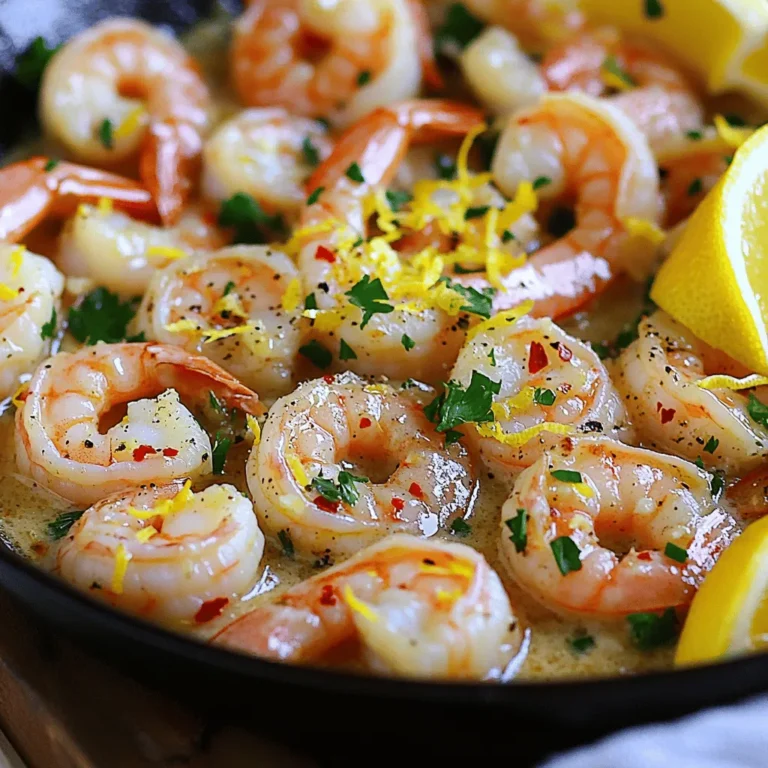 - Large shrimp (1 pound, peeled and deveined) - Garlic (4 cloves, minced) - Unsalted butter (1/4 cup) - Fresh lemons (juice of 2, zest of 1) - Olive oil (1 tablespoon) - Red pepper flakes (1 teaspoon, adjust for heat) - Fresh parsley (1/4 cup, chopped) - Salt and pepper to taste - Optional: Lemon wedges for serving Lemon garlic shrimp shines with its fresh and vibrant flavors. The large shrimp form the base of this dish. They soak up the rich taste of garlic and butter. The fresh lemons add a tangy kick that brightens every bite. Garlic is key in this recipe. Use fresh cloves for the best flavor. Minced garlic will release its oils for a fragrant aroma. Don't forget the unsalted butter; it adds creaminess. The lemon juice and zest balance the richness. Olive oil brings in a fruity note and helps with cooking. Red pepper flakes give a subtle heat. You can adjust them based on your spice level. Fresh parsley adds a pop of color and freshness. Season with salt and pepper to enhance all the flavors. If you like, serve with lemon wedges for an extra zesty touch. For the full recipe, check the details above. First, let's prepare the shrimp. Use one pound of large shrimp. Make sure they are peeled and deveined. This saves time and effort while cooking. Next, mince four cloves of garlic. You want them small, so they blend well with the shrimp. Finally, chop a quarter cup of fresh parsley. This will add color and flavor to your dish. Now, let's cook. Start by melting a quarter cup of unsalted butter in a large skillet. Add one tablespoon of olive oil to the pan over medium heat. This combination gives the dish a rich taste. Once the butter melts, add the minced garlic. Sauté it for about one minute. Be careful not to let it brown. Then, sprinkle in one teaspoon of red pepper flakes. This adds a nice heat. Next, increase the heat to medium-high. Add the shrimp to the skillet. Season them with salt and pepper. Cook the shrimp for two to three minutes on each side. They are done when they turn pink and opaque. Now for the final flavor boost! Squeeze the juice of two lemons over the cooked shrimp. Add the zest of one lemon as well. Stir gently to coat all the shrimp evenly. Turn off the heat and garnish with the chopped parsley. Serve hot, with lemon wedges on the side for an extra zesty kick. For the full recipe, check the section above! To keep shrimp tender, cook them just right. They should turn pink and opaque. Overcooking makes them tough. Aim for 2-3 minutes on each side. Timing is key! Garlic can add great flavor, but it can burn fast. Sauté it for only a minute. You want it fragrant, not brown. Too much heat makes garlic bitter. If you like spice, add red pepper flakes. Start with one teaspoon. You can always add more later if you want more heat. Herbs can change the dish. Feel free to try parsley, basil, or dill. Each herb offers a new twist to the flavor. A good skillet makes cooking easier. I prefer a nonstick one for this recipe. It helps shrimp cook evenly and prevents sticking. A sturdy spatula is essential. You need it to flip the shrimp carefully. A good flip keeps them whole and perfect. Use a spatula with a wide surface for the best results. For the full recipe, check out the detailed instructions included. {{image_2}} You can switch up the shrimp in this dish. Try scallops, crab, or even fish. Each option brings a new taste. For a lighter meal, swap butter for olive oil. This change still gives you great flavor without the extra fat. Want to add depth? White wine works wonders. It adds a rich layer to the dish. You can also mix in spinach or bell peppers. Both add color and nutrition. This makes your meal even more vibrant and healthy. Take this dish to new places. For a Mediterranean style, use herbs like oregano and parsley. This gives it a fresh, bright taste. Want an Asian twist? Add soy sauce for a savory kick. Both styles keep the main flavors but change the vibe. To store leftover lemon garlic shrimp, place it in an airtight container. This helps keep the shrimp fresh. You can store it in the fridge for up to three days. When reheating, use a skillet over low heat. This method warms the shrimp evenly. Avoid cooking it too long, or it may become tough. If you want to freeze cooked shrimp, let it cool first. Then, place it in a freezer-safe bag. Remove as much air as possible to prevent freezer burn. You can keep it frozen for up to three months. To thaw it, place the bag in the fridge overnight. You can also run it under cold water if you're in a hurry. In the refrigerator, lemon garlic shrimp stays fresh for about three days. If you notice any off smells or a slimy texture, it's best to throw it away. Always trust your senses to decide if shrimp is still good. Keeping shrimp stored properly helps you enjoy it longer. For more detailed cooking instructions, check out the Full Recipe. Cooking lemon garlic shrimp takes about 6 to 8 minutes. The time depends on the size of your shrimp. Large shrimp need 2 to 3 minutes per side. If you use smaller shrimp, they cook faster. Always look for that pink color and opaque texture. This tells you they are done! Yes, you can use frozen shrimp! It’s a great option when fresh shrimp is not available. Just make sure to thaw them first. You can do this by placing them in cold water for about 15 to 20 minutes. If you cook them from frozen, add an extra minute to the cooking time. When serving lemon garlic shrimp, you have many tasty options. Here are some great ideas: - Rice: White or brown rice works well. - Pasta: Toss it with olive oil and herbs. - Salad: A fresh green salad adds crunch. - Vegetables: Sautéed or steamed veggies complement the dish nicely. For a complete meal, choose one or more of these sides. Enjoy your cooking! For the full recipe, check out the detailed steps mentioned earlier. This blog post covered how to make lemon garlic shrimp from scratch. You learned about key ingredients like shrimp, garlic, and lemon. I provided step-by-step instructions for cooking and tips for perfecting your dish. You discovered variations to try, storage tips for leftovers, and answers to common questions. With this knowledge, you can create a flavorful meal that impresses. Enjoy experimenting with flavors and making this dish your own! Remember, cooking is fun, so don’t be afraid to play with ingredients.