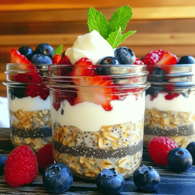 - 1 cup rolled oats - 1 cup almond milk (or other milk options) - 1 tablespoon chia seeds - 1 tablespoon maple syrup (or honey) - 1/2 teaspoon vanilla extract - 1/2 cup mixed berries (strawberries, blueberries, raspberries) - 1/4 cup Greek yogurt (optional) - Pinch of salt To make overnight oats, you need simple ingredients. First, you grab rolled oats. They give your oats a nice chewy texture. Next, choose your milk. I like almond milk, but any milk works. Then, add chia seeds. They help thicken the oats and add fiber. Now, sweeten your oats with maple syrup or honey. A little vanilla extract makes the taste pop. For fruit, I love mixed berries. They add color and flavor. If you want creaminess, add Greek yogurt. Just a pinch of salt brightens all the flavors. - Additional berries - Nuts - Cinnamon Toppings are where you can get creative! You can add extra berries for more flavor. Nuts give a crunchy bite. A sprinkle of cinnamon adds warmth. Feel free to mix and match your favorites. For the full recipe, check out the Berry Bliss Overnight Oats. It is a great way to enjoy a healthy breakfast! To start, gather your dry ingredients. In a medium bowl, combine: - 1 cup rolled oats - 1 tablespoon chia seeds - A pinch of salt Mix these well. This step helps evenly distribute the chia seeds. Next, in another bowl, blend your wet ingredients: - 1 cup almond milk (or any milk you prefer) - 1 tablespoon maple syrup (or honey) - 1/2 teaspoon vanilla extract Stir until everything is well mixed. Now you are ready for the next steps. Pour the milk mixture over the dry ingredients. Stir until just combined. Next, gently fold in your mixed berries, which include: - Strawberries - Blueberries - Raspberries Save a few berries for later. If you want a creamier texture, add: - 1/4 cup Greek yogurt Mix it until smooth. Now, transfer the mixture into mason jars or airtight containers. This makes it easy to grab in the morning. Cover your jars tightly. Place them in the refrigerator overnight. This allows the oats to soak up the milk. In the morning, stir your oats well. If you want a thinner texture, add a splash of milk. Before serving, top the oats with any remaining berries, nuts, or a sprinkle of cinnamon. Enjoy this nutritious and tasty breakfast! - Make multiple servings at once. This saves time in the morning. - Use airtight containers. They keep your oats fresh and tasty. - Adjusting thickness is key. Add more almond milk for thinner oats. - Adding Greek yogurt gives creaminess. It makes the oats rich and smooth. - Serve in clear jars. This shows off the colorful layers of oats and berries. - Adding garnishes like mint or extra berries enhances visual appeal. {{image_2}} You can use many types of milk for your overnight oats. Here are some choices: - Dairy milk - Soy milk - Oat milk - Coconut milk - Almond milk Each milk brings a unique taste and texture. Dairy milk makes it creamy, while oat milk offers a mild flavor. Almond milk adds a nutty hint. Choose what you like best! To make your oats even better, try adding spices. Here are a few ideas: - Cinnamon - Nutmeg - Cocoa powder Cinnamon adds warmth, while nutmeg gives a hint of sweetness. If you love chocolate, mix in cocoa powder. These small tweaks can change your dish into a tasty treat! You can switch berries for other fruits. Here are some options: - Bananas - Peaches - Apples - Seasonal fruits Dried fruits like raisins or apricots work too! Mix nuts for added crunch. Each fruit brings a new flavor, making your oats fun and exciting. Enjoy experimenting with what’s in season or what you have on hand. For the full recipe, check out the Berry Bliss Overnight Oats. How long can overnight oats be stored? Overnight oats can stay fresh for up to five days in the fridge. This makes them perfect for meal prep. Just store them in airtight containers to keep them tasting great. Keeping toppings separate is a smart move. If you add berries or nuts on top, they may get soggy. Store the oats and toppings in separate containers. This way, you can enjoy the crunch and freshness when you eat them. Can you freeze overnight oats? Yes, you can freeze overnight oats! This is a great way to save time. Just remember to leave some space in the container. The oats will expand when frozen. How to defrost and use? To defrost, move the oats to the fridge overnight. You can also microwave them for a quick warm-up. Stir them well and add fresh toppings after heating. When to discard your overnight oats? If your oats smell sour or have changed color, it’s time to throw them out. Also, if you see any mold, discard them right away. Always trust your senses when it comes to food safety. Overnight oats can last up to five days in the fridge. Store them in airtight containers. After three days, they taste best. You may see some liquid on top. Just stir it back in. Always check for any off smells or changes in color before eating. Yes, you can use old-fashioned oats. They will give a chewier texture. However, I find rolled oats absorb more liquid. This makes for a creamier result. You can also try quick oats, but they may turn mushy. Experiment to find what you like best. No, sweeteners are not required. If you prefer a less sweet dish, skip them. The berries add natural sweetness. You can also use ripe bananas or applesauce for sweetness. Each option changes the flavor, so try different combinations. Absolutely! You can add many different ingredients. Try nuts, seeds, or dried fruits for texture. You can also mix in spices like cinnamon or nutmeg. Want a chocolate flavor? Add cocoa powder. Get creative with your favorite flavors! For the full recipe, check out the Berry Bliss Overnight Oats section. Overnight oats are simple, healthy, and fun to make. You learned the main ingredients, like oats and berries, and how to combine them step by step. I shared tips for meal prep and creating great textures. Don’t forget the variations and fun toppings to keep it fresh. Remember, you can store them well in the fridge or even freeze them! With these ideas, you can enjoy a tasty, nutritious breakfast daily. Get creative and make it your own!