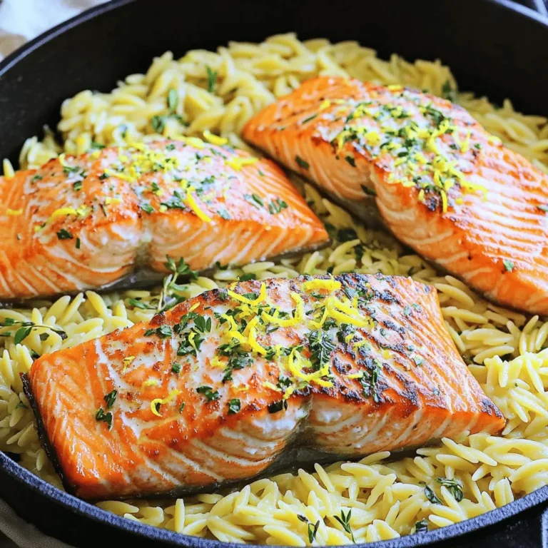 - Fresh salmon fillets - Orzo pasta - Vegetable broth - Lemon (zest and juice) - Garlic - Olive oil The main ingredients make this dish shine. Each one adds a unique flavor. Fresh salmon fillets are rich and buttery. They provide protein and omega-3 fatty acids. Orzo pasta is small and cooks fast. It soaks up all the good flavors. Vegetable broth adds depth to the orzo. It keeps everything light and fresh. Lemon gives a bright taste. Both zest and juice bring out the flavor of the salmon. Garlic adds warmth and aroma. Olive oil is key for cooking. It helps the salmon brown nicely. - Dried oregano - Dried thyme - Salt and pepper - Fresh parsley Seasoning is vital for balance. Dried oregano and thyme are earthy herbs. They enhance the overall taste of the dish. Salt and pepper are basic but essential. They help to bring out the flavors. Fresh parsley adds a pop of color and freshness. It makes the dish look inviting. For the full recipe, check the section above. Add these ingredients together, and you will make a meal that is both tasty and healthy. 1. Start by boiling the vegetable broth in a medium pot. 2. Once it boils, add the orzo and cook it. Follow the package instructions, usually 8-10 minutes. 3. When it is al dente, drain the orzo and set it aside. 1. While the orzo cooks, season the salmon fillets. Use salt, pepper, and half of the lemon zest. 2. Heat olive oil in a large skillet over medium heat. 3. Place the salmon fillets skin-side down in the hot skillet. 4. Cook the salmon for about 4-5 minutes on each side. It should be golden brown and cooked through. 5. Once done, remove the salmon and set it aside. 1. In the same skillet, add minced garlic. Sauté it for 1 minute until fragrant. 2. Now, add the cooked orzo to the skillet, along with dried oregano, dried thyme, the rest of the lemon zest, and lemon juice. 3. Mix it well and let it heat for 2-3 minutes. Adjust the seasoning with salt and pepper as needed. 4. Return the salmon to the skillet. Gently nestle it into the orzo mixture and warm it through for another 2 minutes. 5. Finally, remove from heat and garnish with fresh parsley before serving. For more details, check the Full Recipe. To check if your salmon is done, use a fork. Gently flake the thickest part. If it flakes easily, it’s ready. The center should look a bit translucent but not raw. This shows it is moist and tender. For crispy skin, start with a dry fillet. Pat it with a paper towel. Season with salt and place it skin-side down in a hot skillet. Don’t move it for the first few minutes. This allows the skin to crisp up nicely. Add more flavor with these seasonings. Garlic powder, smoked paprika, or lemon pepper can pop your dish. You might also try a dash of red pepper flakes for heat. Garnish your dish with fresh herbs like dill or basil. Chopped chives or microgreens also add a nice touch. You can even sprinkle some toasted nuts on top for crunch. For a complete meal, pair this dish with a green salad or steamed veggies. Roasted asparagus or broccoli complements the flavors well. You might also enjoy it with a glass of white wine, like Sauvignon Blanc. When plating, use a large, shallow bowl. Place the orzo first, then add the salmon. Drizzle some lemon juice over the top. Finish with a sprinkle of fresh parsley for color and freshness. For the full recipe, visit the link provided. {{image_2}} You can swap salmon for chicken or shrimp. Chicken breast works great, too. Cook it until it’s golden and juicy. If you choose shrimp, they cook faster. Just sauté them until pink and cooked through. For plant-based options, try tofu or tempeh. Both soak up flavors well. Cook them until crispy for a nice texture. Adding seasonal veggies can brighten your dish. Try zucchini, bell peppers, or cherry tomatoes. They add color and taste. Spinach wilts nicely into the orzo, adding nutrients and flavor. Asparagus also pairs well. Cut it into small pieces and cook until tender. These veggies make your meal more vibrant and healthy. Orzo is tasty, but you can use other grains, too. Quinoa is a great choice. It cooks in about 15 minutes. Brown rice can also work, but it takes longer, about 30-40 minutes. Adjust the liquid based on the grain you choose. This way, you can enjoy different textures and flavors in your dish. For the full recipe, check this out! To keep your One Skillet Salmon with Lemon Orzo fresh, store it in the fridge. Place the leftovers in an airtight container. This helps stop the dish from drying out. You can keep it for up to three days. After that, the flavors may fade. Always check for any signs of spoilage before eating. If you want to save some for later, you can freeze the dish. First, let the salmon and orzo cool completely. Then, place them in a freezer-safe container. Press out as much air as possible to avoid freezer burn. You can freeze it for up to two months. When you are ready to eat, thaw it in the fridge overnight. To reheat, use the microwave or a skillet. Add a splash of broth or water when reheating to keep it moist. Enjoy your meal just like the first time! For the Full Recipe, refer back to the starting section. It takes about 30 minutes to cook this dish. The prep time is around 10 minutes. Cooking the orzo takes about 8-10 minutes. You will cook the salmon for about 10 minutes. This quick time makes it perfect for busy nights. Yes, you can use regular pasta. Choose small shapes like macaroni or shells. Adjust the cooking time based on package instructions. Just keep in mind that orzo fits well with the salmon and lemon flavors. You can serve this dish with a light salad or steamed veggies. A crisp green salad complements the dish nicely. Pair it with a chilled white wine or sparkling water. These drinks enhance the fresh flavors of the meal. One Skillet Salmon with Lemon Orzo is a simple yet tasty meal. We explored fresh salmon, orzo, herbs, and spices. Cooking orzo and salmon is easy with the right steps. Remember to check cooking times and use your favorite vegetables. You can also try different proteins for variety. Store any leftovers carefully for later. Use this dish to impress at dinner or enjoy a quick weeknight meal. Cooking can be fun and rewarding when you have the right tips. Enjoy making this delicious recipe!