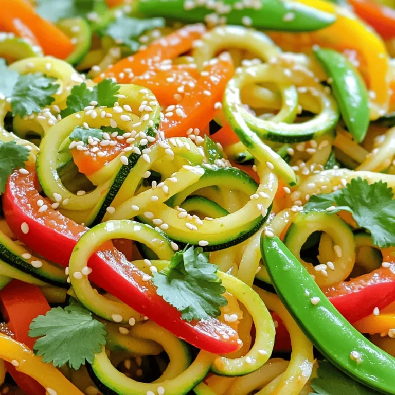 - 3 medium zucchinis, spiralized into noodles - 1 cup bell peppers (mix of colors), sliced - 1 cup carrots, julienned - 1 cup snap peas, trimmed - 1 small onion, thinly sliced - 3 cloves garlic, minced - 1 tablespoon ginger, grated - 2 tablespoons soy sauce - 1 tablespoon sesame oil - 1 tablespoon olive oil - 1 teaspoon red pepper flakes (optional for heat) - 2 tablespoons sesame seeds - Fresh cilantro or green onions for garnish - Salt and pepper to taste I love using fresh produce for this dish. Zucchini noodles are light and fun. They soak up flavors well. Bell peppers add color and crunch, while carrots bring sweetness. Don't forget the snap peas; they give you a nice pop! The oils and sauces bring everything together. Soy sauce adds saltiness, while sesame oil gives a nutty taste. Olive oil helps cook the veggies and keeps them from sticking. Seasoning is key. Red pepper flakes can spice things up if you like heat. Sesame seeds add a nice crunch and look great on top. Fresh herbs, like cilantro or green onions, brighten the dish. For the full recipe, check out the details above. This meal is not only quick but also packed with flavor. Enjoy! Start by spiralizing the zucchinis. This creates fun, noodle-like shapes. Place the noodles on paper towels. This helps absorb extra moisture. Dry noodles keep your stir fry from getting soggy. In a large skillet or wok, heat olive oil over medium-high heat. Add thinly sliced onions first. Cook them for about two minutes. They should become soft and slightly clear. Next, add the minced garlic and grated ginger. Sauté them for one minute until you smell their rich aroma. Now, it's time for the colorful veggies. Toss in the sliced bell peppers, julienned carrots, and trimmed snap peas. Stir-fry these for four to five minutes. You want them tender but still crisp. This crunch adds great texture to your dish. Now, add the zucchini noodles to the skillet. Pour in the soy sauce and sesame oil. Gently toss all the ingredients together. This helps the flavors mix well. Cook everything for another two to three minutes. Be careful not to overcook the zucchini noodles. They should be hot but not mushy. For a bit of heat, sprinkle red pepper flakes if you like. Add salt and pepper to taste. Finish by topping your dish with sesame seeds. You can also garnish it with fresh cilantro or chopped green onions. This adds a nice touch to your meal. For the full recipe, check the previous section. To make great zucchini noodles, start by picking firm zucchinis. Look for ones that feel heavy and have smooth skin. This gives you the best texture. Next, spiralizing is key. Use a spiralizer and go slow. Avoid pressing too hard, as this can cause excess moisture. After spiralizing, lay the noodles on paper towels. This step helps soak up extra water, keeping your noodles from getting soggy. Seasoning can transform your meal. Try adding garlic powder, onion powder, or fresh herbs like basil for extra taste. If you want a kick, add chili flakes. For sauces, soy sauce is classic, but you can mix it up. Consider using teriyaki or hoisin sauce for a sweet touch. A splash of lime juice can also brighten the dish. Stir-frying is simple and fast. Use a hot pan or wok for the best results. Heat the olive oil until it shimmers, then add your veggies. To keep veggies crunchy, don’t overcrowd the pan. Cook in batches if needed. Stir the ingredients quickly and keep them moving. This way, they cook evenly and stay crisp. For the zucchini noodles, add them last. Cook them just until heated through. This keeps them firm and not mushy. For the full recipe, check out the complete details above. {{image_2}} You can easily add protein to your zucchini noodle stir fry. Chicken, shrimp, or tofu works great. For chicken, cut it into bite-sized pieces. Cook it for about 5-7 minutes until it’s golden and cooked through. If you choose shrimp, add it to the pan and cook for around 3-4 minutes until it turns pink. For tofu, use firm tofu, cut it into cubes, and cook for about 4-5 minutes until crispy. These additions will give your meal more flavor and substance. If you need a gluten-free meal, look for gluten-free soy sauce. Many brands offer this option, letting you enjoy the same great taste without worry. Just swap regular soy sauce for gluten-free soy sauce in your stir fry. It keeps the flavor intact while meeting your dietary needs. For a vegetarian or vegan dish, use plant-based protein sources. You can add chickpeas or edamame for extra protein. They also add a nice texture. If you want creaminess, use coconut milk instead of dairy. It pairs well with the flavors in your stir fry. You’ll enjoy a delicious meal that meets your plant-based needs. For more details, check the Full Recipe to see how to make this dish perfect for any preference! To store your zucchini noodle stir fry, let it cool first. Transfer it to airtight containers. This keeps the dish fresh. It will last in the fridge for up to three days. Make sure the lid is tight to avoid odors. When reheating, use the stovetop for the best results. Place the stir fry in a skillet over low heat. Stir gently to warm it up. This method keeps the zucchini noodles from becoming mushy. Avoid using the microwave as it may overcook the noodles. You can freeze zucchini noodle dishes, but it’s not always the best choice. Freezing can change their texture. If you decide to freeze, pack it in a freezer-safe container. When ready to eat, thaw it overnight in the fridge. Reheat gently on the stovetop for the best texture. Yes, you can use regular pasta. However, zucchini noodles are lower in calories and carbs. They add great texture and flavor. Regular pasta takes longer to cook. Zucchini noodles need just a few minutes in the pan. You also save time and gain more veggies with zucchini. To keep zucchini noodles firm, start by spiralizing them and letting them rest on paper towels. This helps absorb excess moisture. When cooking, do not overheat them. Add them to the pan last, and only stir-fry for a few minutes. This way, they stay tender yet crunchy. You can serve a fresh salad or steamed broccoli. These dishes add color and taste. You can also offer rice or quinoa for a filling meal. For protein, try grilled chicken or tofu. They pair well with the flavors of the stir fry. Yes, this dish is great for meal prep! Cook everything ahead of time and store it in airtight containers. You can keep it in the fridge for up to three days. When you are ready to eat, just reheat it on the stove. This keeps the flavors fresh and delicious. For the full recipe, check out the Zucchini Noodle Stir Fry section above! This blog post shared a quick and easy recipe for zucchini noodle stir fry. We covered fresh ingredients and tasty sauces that blend well together. You learned tips for perfect noodles and how to keep veggies crisp. Variations let you add protein or adjust for diet needs. Storing and reheating leftovers was also discussed. Zucchini noodles offer a healthy twist on a classic dish. Try it and enjoy a bright, colorful meal that’s full of flavor!