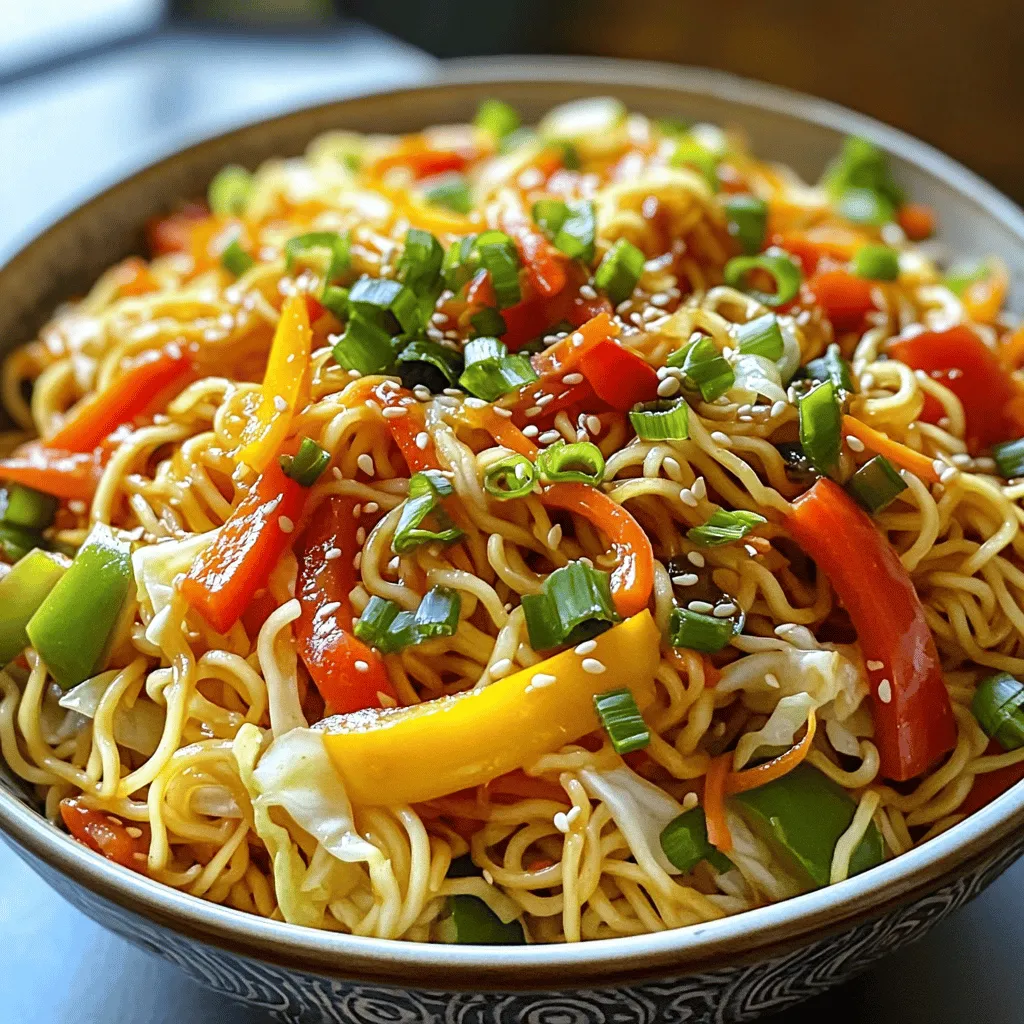 To make Veg Hakka Noodles, you need a few simple ingredients. Here’s what you will need: - 200g eggless Hakka noodles - 1 tablespoon vegetable oil - 1 cup mixed bell peppers (red, green, yellow), sliced - 1 small carrot, julienned - 1 cup cabbage, shredded - 3 green onions, chopped (white and green parts separated) - 2 cloves garlic, minced - 1-inch piece ginger, grated - 2 tablespoons soy sauce - 1 tablespoon chili sauce (adjust to taste) - 1 teaspoon vinegar - Salt and pepper to taste - Sesame seeds for garnish These ingredients create a colorful and tasty dish that is sure to please. You don’t need fancy tools to cook Veg Hakka Noodles. Here’s a list of what you'll need: - Large pot for boiling noodles - Large skillet or wok for stir-frying - Colander for draining - Spatula or wooden spoon for mixing This equipment helps you cook the noodles and veggies evenly. Want to make your Veg Hakka Noodles even better? Here are some fun add-ins you can try: - Tofu for extra protein - Mushrooms for a rich flavor - Peas for a pop of sweetness - Cashews for crunch These add-ins can boost flavor and nutrition. Feel free to mix and match! Start by boiling a large pot of water. Add salt to the water for flavor. Once the water boils, add the eggless Hakka noodles. Cook them according to the package instructions until they are firm but tender. Drain the noodles in a colander and rinse them with cold water. This stops the cooking process. Drizzle some oil over the noodles and toss them gently. This keeps them from sticking together. In a large skillet or wok, pour in the vegetable oil. Heat it on medium-high. Add minced garlic and grated ginger to the hot oil. Stir them quickly to release their flavors. Be careful, as garlic can burn fast. You want a fragrant base for your noodles. Next, toss in the sliced bell peppers, julienned carrot, and shredded cabbage. Stir-fry these for about 3 to 4 minutes. You want them to be bright and still crisp. This step adds color and crunch to your dish. Now, add the cooked noodles to the skillet with the sautéed veggies. Pour in soy sauce, chili sauce, and vinegar. Toss everything together gently. Make sure the noodles are well-coated with the sauce. Cook for another 2 minutes to meld the flavors. Finally, stir in the chopped green onion (the white parts). Season with salt and pepper to taste. Mix everything well and remove it from the heat. Serve your Veg Hakka Noodles hot. Garnish with the green parts of the green onions and sprinkle sesame seeds on top. Enjoy this delightful dish that brings joy to any table! To get the best noodle texture, cook the noodles just right. Use a large pot and boil salted water. Follow the package instructions carefully. Aim for al dente, which means firm but not hard. Rinse the noodles with cold water when done. This stops cooking and keeps them from sticking. Toss them with a little oil to ensure they stay separate. The right sauces can make your Hakka noodles shine. Soy sauce is a must for that savory taste. Add chili sauce for some heat. If you want a tangy twist, a splash of vinegar works wonders. Mix the sauces well with the noodles and veggies. Taste as you go to find your perfect balance. You can also add more or less chili sauce based on your spice level. To keep your vegetables crisp, don’t overcook them. Stir-fry them quickly in hot oil. Start with garlic and ginger to build flavor. Then, add your veggies like bell peppers and cabbage. Cook them for just a few minutes until they are bright and crunchy. Remember to keep stirring to avoid burning. This method brings out their natural flavors and colors, making your dish look and taste amazing. {{image_2}} You can easily add tofu to your Veg Hakka Noodles. Tofu boosts protein and adds a nice texture. Use firm tofu for the best results. First, press the tofu to remove excess water. Cut it into cubes. Sauté the tofu in your skillet before the veggies. Cook it until golden brown on all sides. Then, continue with your recipe as normal. The tofu will soak up the flavors, making each bite delicious! For those who love heat, spicy Veg Hakka Noodles are a perfect choice. Increase the chili sauce to suit your taste. You can also add chopped fresh chili peppers for extra spice. Another great option is to include a dash of hot sauce. This kicks up the flavor and gives a nice zing. Serve with lime wedges for a refreshing contrast to the heat. If you need a gluten-free meal, you can still enjoy Veg Hakka Noodles. Use gluten-free Hakka noodles made from rice or other gluten-free ingredients. The cooking method remains the same. You can also check your soy sauce brand. Choose one labeled gluten-free. This way, you won’t miss out on taste while staying gluten-free. The dish will still be colorful and tasty! Explore the full recipe to make these yummy variations. To store leftover Veg Hakka Noodles, let them cool down first. Place them in an airtight container. Store them in the fridge for up to three days. If you want to keep them fresh, do not mix in the sauce until you are ready to eat. Reheat your Veg Hakka Noodles on the stove or in the microwave. For the stovetop, add a splash of water or oil to the pan. Heat over medium heat, stirring until warm. To use a microwave, place the noodles in a bowl. Cover with a damp paper towel and heat in 30-second bursts, stirring in between, until hot. You can freeze Veg Hakka Noodles for up to one month. Use a freezer-safe container or bag. Make sure to remove as much air as possible. When ready to eat, thaw them in the fridge overnight. Reheat them gently as mentioned above for the best texture. The best vegetables for Veg Hakka Noodles include: - Bell peppers (red, green, yellow) - Carrots - Cabbage - Green onions You can also add broccoli, snow peas, or mushrooms. Each adds color and crunch. Use fresh veggies for the best taste. Yes, you can make Veg Hakka Noodles without soy sauce. If you want a different flavor, use: - Coconut aminos - Tamari (for gluten-free) - A mix of vinegar and spices These options keep the dish tasty and vibrant. Veg Hakka Noodles can last in the fridge for about 3 to 4 days. Store them in an airtight container. To enjoy them later, make sure they are cool before sealing. This helps keep them fresh and tasty. Veg Hakka Noodles pair well with: - Spring rolls - Vegetable stir-fry - A light salad You can also serve dumplings or crispy tofu. These sides enhance the meal and add variety. For the full recipe, check out the earlier section. Veg Hakka Noodles are a fun and tasty dish to make at home. We discussed key ingredients, cooking steps, and helpful tips. I shared ways to customize your noodles with add-ins and variations. Proper storage and reheating keep them fresh and delicious. Now you're ready to make your own Veg Hakka Noodles. Enjoy experimenting in the kitchen and have fun with this dish!