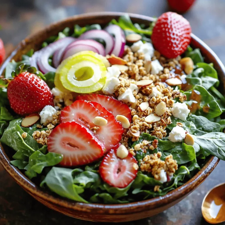 To create a vibrant Strawberry Crunch Salad, gather these fresh ingredients: - 4 cups mixed greens (spinach, arugula, and baby kale) - 2 cups fresh strawberries, hulled and sliced - 1 cup crunchy granola (preferably without added sugars) - 1/2 cup feta cheese, crumbled - 1/4 cup sliced almonds, toasted - 1/4 red onion, thinly sliced For the zesty vinaigrette, you will need: - 3 tablespoons apple cider vinegar - 2 tablespoons honey - 1/4 cup extra virgin olive oil - 1 teaspoon Dijon mustard - Salt and pepper to taste Using fresh ingredients makes a big difference in taste. Fresh greens add crunch and flavor. Bright strawberries lend sweetness and color. Toasted almonds give a lovely texture. Quality feta provides creaminess. Fresh ingredients also boost nutrition. Always choose ripe strawberries and crisp greens. They enhance the overall dish. For the vinaigrette, fresh olive oil and vinegar matter too. Better ingredients lead to better meals. Remember, freshness equals flavor! Check out the Full Recipe for more details. To make the zesty vinaigrette, start with a small bowl. Add 3 tablespoons of apple cider vinegar. Then, mix in 2 tablespoons of honey. Next, add 1 teaspoon of Dijon mustard. Sprinkle in salt and pepper to taste. Whisk these ingredients together until they blend well. Slowly drizzle in 1/4 cup of extra virgin olive oil while whisking. This step helps to emulsify the dressing. Set the vinaigrette aside while you work on the salad. Grab a large salad bowl. Start by adding 4 cups of mixed greens. I like to use spinach, arugula, and baby kale for great flavor. Next, add 2 cups of fresh strawberries, hulled and sliced. Toss in 1/4 of a thinly sliced red onion. Crumble 1/2 cup of feta cheese and add that too. Stir gently to combine all the ingredients. This salad is colorful and inviting. Drizzle the zesty vinaigrette over the salad. Toss everything gently to mix in the dressing. Just before you serve, sprinkle 1 cup of crunchy granola and 1/4 cup of toasted sliced almonds on top. This adds a nice crunch. Serve the salad right away to keep it fresh and crispy. For a lovely touch, place an extra strawberry on top and add a drizzle of vinaigrette on the side. Enjoy this delightful dish! For the full recipe, check the details above. To boost the flavor of your vinaigrette, try adding fresh herbs. Chopped basil or parsley will enhance the taste. You can also add a squeeze of lemon juice for brightness. If you want a bit of heat, consider a pinch of red pepper flakes. Mix it well to blend the flavors. Let it sit for a few minutes before using. This allows the flavors to marry and deepen. Make your salad shine with a beautiful presentation. Serve it in a large bowl for family style, or on individual plates. To add flair, place an extra strawberry on top of each serving. You can drizzle a bit of vinaigrette on the side for a nice touch. This looks great and lets everyone add their own dressing. For added crunch, sprinkle some extra granola just before serving. Always wash your greens and strawberries carefully. This step helps remove dirt and any pesticides. Dry them well to keep the salad fresh and crisp. Slice strawberries just before serving to keep them juicy. When mixing the salad, use a gentle hand to avoid bruising the greens. Toss with the vinaigrette right before serving. This keeps everything crunchy and delicious. For an added twist, try the full recipe for more detailed steps. {{image_2}} Want to make your Strawberry Crunch Salad heartier? Adding protein is a great move. Grilled chicken is a classic choice. It adds a savory touch that pairs well with the sweet strawberries. Simply slice the chicken and place it on top. For a plant-based option, try grilled tofu. Tofu absorbs flavors well and adds a nice texture. Just season it with salt and pepper before grilling. You can mix it up with seasonal fruits. In summer, try peaches or blueberries. These fruits add a juicy burst to each bite. In fall, consider adding sliced apples or pears. They bring a crispness that works well with the salad's crunch. Feel free to experiment with any fruit you love. Each fruit will create a new flavor experience. Got dietary needs? No problem! You can easily make this salad dairy-free. Instead of feta cheese, use avocado. It adds creaminess without dairy. If you need gluten-free options, choose gluten-free granola. Check the label to ensure it fits your needs. This salad is flexible and can adapt to your lifestyle. Enjoy the fresh flavors without worry! For the full recipe, check the complete guide on how to prepare this delightful dish. To keep your leftover salad fresh, place it in an airtight container. This helps seal in moisture. If you have added granola, store it separately. Granola will get soggy if mixed with the salad. Keep the salad in the fridge for up to two days. The greens will wilt over time, so eat it soon. For the vinaigrette, pour it into a clean jar with a lid. It can last up to one week in the fridge. Always give it a good shake before using. The oil and vinegar can separate, so mix it well. If you see any sediment, that’s normal. Just shake it up and it’s ready to go. To keep your ingredients fresh, store strawberries in the fridge. Place them in a breathable container. Avoid washing them until you're ready to eat. For greens, wrap them in a paper towel. This helps absorb extra moisture. Store them in a sealed bag for freshness. Feta cheese should stay in its brine or in a sealed container. Keep almonds in a cool, dry place to prevent them from going stale. For the full recipe, check out the details above. Yes, you can make this salad ahead of time. However, I recommend waiting to add the granola. If you mix it in too early, it will lose its crunch. You can prepare the salad without the granola and store it in the fridge. Just add the granola right before serving for the best texture. If you want alternatives to granola, try these options: - Toasted oats for a chewy texture - Crushed nuts for added crunch - Pumpkin seeds for a nutty flavor - Puffed rice for a lighter option These choices keep the salad crunchy and tasty. The salad is not vegan-friendly because of the feta cheese. If you want a vegan version, you can use a dairy-free cheese or skip it altogether. The salad will still taste great with the fresh strawberries and mixed greens. You can also add extra seeds or nuts for more flavor and protein. For the full recipe, check out the detailed instructions above. Enjoy making this delightful dish! This blog post covered all you need to know for a Strawberry Crunch Salad. We talked about fresh ingredients, a tasty champagne vinaigrette, and healthy variations like adding grilled chicken or tofu. You can easily store leftovers to enjoy later. Remember, using fresh, quality ingredients makes a big difference in taste. Follow the tips for the best flavor and presentation. Now, you can impress your friends and family with this delightful salad masterpiece. Enjoy every crunch!