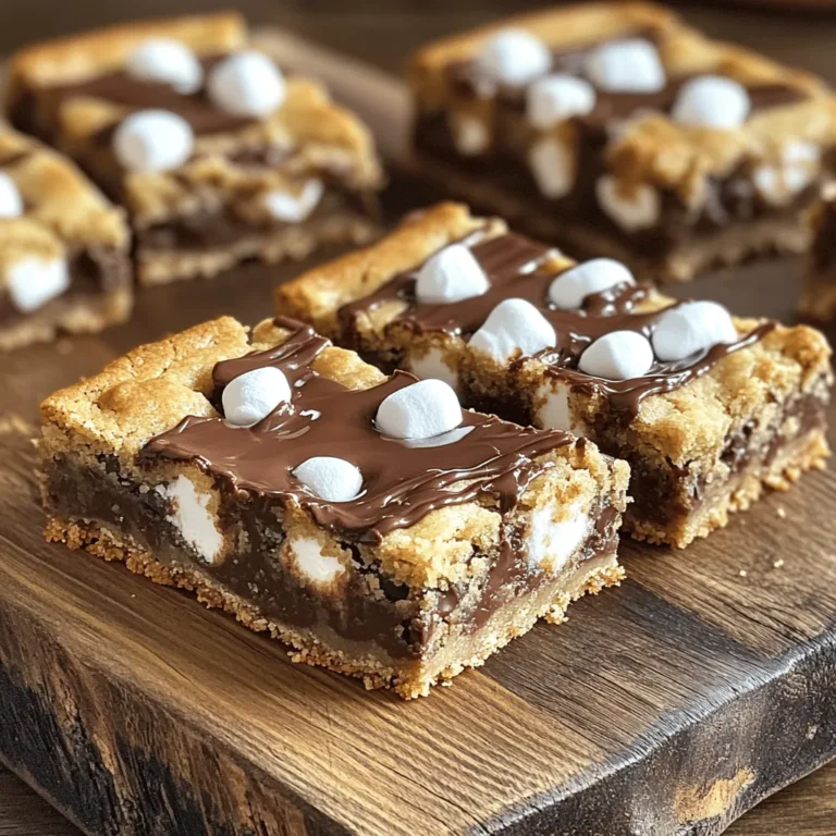 - 1 cup unsalted butter, softened - 1 cup brown sugar, packed - 1/2 cup granulated sugar - 2 large eggs - 2 teaspoons vanilla extract - 2 1/4 cups all-purpose flour - 1 teaspoon baking soda - 1/2 teaspoon salt - 1 cup semi-sweet chocolate chips - 1 cup mini marshmallows - 1 cup graham cracker crumbs To make S'mores Cookie Bars, you need simple ingredients. Each one plays an important part. The butter makes the bars soft. The brown sugar adds a rich flavor. Granulated sugar gives sweetness. Eggs hold everything together. Vanilla adds a warm taste. Flour is the base of the dough. Baking soda helps it rise and get fluffy. Salt balances the sweetness. Chocolate chips bring that classic S'mores flavor. Mini marshmallows are the gooey stars of the show. Finally, graham cracker crumbs give that crunchy base. - Mixing bowls - Baking pan (9x13 inch) - Parchment paper (optional) - Measuring cups and spoons - Spatula You will also need some tools. Mixing bowls help combine the ingredients. A 9x13 inch baking pan is perfect for these bars. Parchment paper can help with easy cleanup. Measuring cups and spoons ensure you use the right amounts. A spatula is useful for spreading the dough evenly. With these ingredients and tools, you are set to create a fun and tasty treat! Don't forget to check the Full Recipe for detailed steps. - Preheat the oven to 350°F (175°C). - Grease the baking pan or line it with parchment paper. This helps with easy removal. - In a large bowl, cream together the softened butter, brown sugar, and granulated sugar. Mix until light and fluffy. - Beat in the eggs one at a time. Then stir in the vanilla extract for extra flavor. - In a separate bowl, whisk together the flour, baking soda, and salt. Gradually add this dry mix to the wet ingredients. Stir until just combined. - Spread half of the cookie dough evenly across the bottom of the prepared baking pan. - Sprinkle the mini marshmallows over this first layer. Make sure they are spread out evenly. - Spoon the rest of the cookie dough on top of the marshmallows. Use your hands or a spatula to flatten it and cover the marshmallows. - Bake in the preheated oven for 25-30 minutes. Look for golden brown edges and a set center. - Allow to cool in the pan for about 10 minutes before slicing into squares. For a gooey treat, serve warm. For the full recipe, check out the details above. To get gooey centers in your S'mores Cookie Bars, follow these tips: - Use room temperature butter. It mixes well and adds moisture. - Don’t overbake! Check at 25 minutes. Remove when edges are golden. - Let them cool slightly before cutting. This keeps them soft. If you want a firmer texture, leave them in for a few extra minutes. Keep an eye on the edges. They should be firm, but the center can remain soft. Drizzling melted chocolate on top makes your cookie bars extra special. - Melt semi-sweet chocolate in the microwave. Use short bursts to avoid burning. - Pour the chocolate over the cooled bars for that gourmet look. Add extra mini marshmallows on top for a fun touch. Just sprinkle them before serving. For a toasted flavor, you can briefly broil them for a minute. Avoid these common pitfalls to ensure success: - Don’t overmix the dough. Mix until just combined for a tender texture. - Make sure to grease your baking pan well. This helps prevent sticking. If you forget to grease it, your bars may break apart when you try to remove them. A lined pan with parchment paper can also save you from a sticky situation. {{image_2}} You can easily make S'mores Cookie Bars more exciting. Try adding nuts, like walnuts or pecans. This adds a nice crunch. You can also mix in peanut butter for a rich flavor. The creamy texture pairs well with the chocolate and marshmallows. Switching up the chocolate can change the game. Use dark chocolate for a richer taste. Milk chocolate gives a sweet, creamy vibe. You can even try white chocolate for a different twist. Each choice brings a unique flavor to your cookie bars. If you need gluten-free options, use almond flour or coconut flour. Both work well in this recipe. Just remember to adjust the baking time. They may need a bit longer to set. For vegan substitutes, replace the butter with coconut oil. You can use flax eggs instead of regular eggs. Mix one tablespoon of flaxseed meal with three tablespoons of water. Let it sit for five minutes to thicken. These swaps keep your cookie bars tasty and plant-based. Make your S'mores Cookie Bars festive! In the fall, add pumpkin spice to the dough. This gives a cozy flavor that pairs well with chocolate. During the holidays, you can use peppermint extract. Just a few drops can create a fresh, minty taste. Top with crushed candy canes for a fun look. These seasonal changes keep the recipe exciting all year long. For the full recipe, check out the detailed instructions above. To keep your S'mores Cookie Bars fresh, pack them in an airtight container. This will help maintain their soft texture and delicious flavor. You can also wrap them in plastic wrap for added protection. Store them at room temperature for up to five days. If you want to keep them longer, freezing is a great option. To freeze S'mores Cookie Bars, first, let them cool completely. Then, cut them into squares. Place the squares in a single layer on a baking sheet. Freeze for about one hour. Once frozen, transfer them to a freezer-safe bag or container. They can stay frozen for up to three months. When you want to enjoy them, take out the desired number of bars. Let them thaw in the fridge or at room temperature. For the best texture, warm them slightly in the microwave. This will revive that gooey goodness! S'mores cookie bars last about five days at room temperature. Store them in an airtight container. This keeps them soft and chewy. Check for any signs of spoilage, like a weird smell or dry texture. If they start to harden, warm them slightly in the microwave for a few seconds. They will regain some gooeyness! Yes, you can use mini chocolate chips! They melt quickly and spread evenly. This gives your bars a great chocolate flavor. Plus, they add a fun texture. You can even mix mini and regular chips for a nice contrast. Feel free to experiment with your favorite chocolate types! If you don't have graham cracker crumbs, use crushed cookies or cereal. Vanilla wafers or digestive biscuits work well too. For a gluten-free option, try almond flour or gluten-free cookies. Just crush them finely to mimic the texture of graham crackers. Each option brings a new twist to your bars! Absolutely! You can make the dough a day in advance. Just chill it in the fridge. When you're ready, bake them fresh. If you bake them ahead, let them cool completely. Then, store them in an airtight container. This keeps them fresh for several days. Enjoy the convenience of having a tasty treat ready to go! You now have all the tools to make delicious S’mores Cookie Bars. We covered the key ingredients, steps, and helpful tips for baking these treats. Remember to prep well and avoid common mistakes. Feel free to experiment with flavors and enjoy your creations. Storing or freezing your bars is simple, so they'll last longer. With practice, you’ll master these bars and impress everyone. Happy baking!