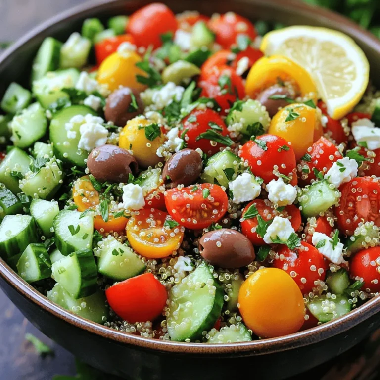 - 1 cup quinoa, rinsed - 2 cups vegetable broth (or water) - 1 cup cherry tomatoes, halved - 1 cucumber, diced - 1 bell pepper (red or yellow), diced - 1/2 red onion, finely chopped - 1/2 cup Kalamata olives, pitted and sliced - 1/2 cup feta cheese, crumbled - 1/4 cup fresh parsley, chopped Quinoa serves as the base for this salad. It gives a nice, nutty flavor and a great texture. I love how it absorbs the flavors around it. The fresh vegetables add crunch and color. Cherry tomatoes burst with sweetness, while cucumber cools the dish. The bell pepper brings a crisp bite, and the red onion adds a sharp taste. Kalamata olives and feta cheese provide saltiness and creaminess. Fresh parsley finishes the dish with a bright touch. - 1/4 cup olive oil - 2 tablespoons lemon juice - 1 teaspoon dried oregano - Salt and pepper to taste The dressing is simple yet full of flavor. Olive oil gives richness, while lemon juice adds bright acidity. Dried oregano brings an earthy touch, which is perfect for a Mediterranean dish. Don’t forget to season with salt and pepper to balance everything. - Alternative grains - Vegan cheese options - Low-sodium dressing alternatives If you want to change things up, try using other grains like farro or barley instead of quinoa. For a vegan option, swap feta cheese with a plant-based alternative. You can also make a low-sodium dressing by using less salt and opting for fresh herbs instead of dried ones. For the full recipe, check out the details above. First, you need to rinse the quinoa. This step removes any bitterness. Next, combine the rinsed quinoa with vegetable broth or water in a medium saucepan. Use two cups of liquid for every cup of quinoa. Bring the mixture to a boil over medium heat. Once it boils, reduce the heat to low. Cover the pan and let it simmer for about 15 minutes. The quinoa is ready when it’s fluffy and the liquid is gone. Remove it from heat and let it cool for a few minutes. While the quinoa cools, grab a large mixing bowl. Chop the fresh vegetables: cherry tomatoes, cucumber, bell pepper, red onion, and olives. Dice them into bite-sized pieces. This makes it easy to eat. Mix the chopped veggies in the bowl. Add crumbled feta cheese and chopped parsley for flavor. Focus on the texture; you want a mix of crunchy and soft. This balance makes the salad interesting and fun to eat. Now it’s time to mix everything together. Fluff the cooled quinoa with a fork to separate the grains. Add the quinoa to the bowl of veggies. In a separate small bowl, whisk together olive oil, lemon juice, dried oregano, salt, and pepper. This dressing brings all the flavors together. Pour it over the quinoa and vegetables. Gently toss everything until well combined. Taste the salad and adjust seasoning if needed. For extra zest, add more lemon juice or salt. Let the salad sit for at least 15-30 minutes. This waiting time helps the flavors meld beautifully. Enjoy your fresh and flavorful Mediterranean Quinoa Salad! For a detailed guide, check out the Full Recipe. To boost the taste of your Mediterranean quinoa salad, try marinating some of your main ingredients. For example: - Let the olives soak in olive oil and herbs. - Marinate the diced cucumbers in lemon juice and a pinch of salt. These simple steps add depth to your dish. When seasoning, use a light hand. Start with a little salt and pepper. After tossing, taste and adjust. You can always add, but it’s hard to take away. How you serve your salad makes a difference. For a bright look, use a big bowl. It’s great for sharing. You can also serve individual portions. This makes it feel special for each guest. Garnish your salad with extra parsley and a lemon slice. This adds color and freshness. You can also sprinkle some extra feta on top for a creamy finish. You can prep many ingredients ahead of time. Chop your veggies and store them in airtight containers. This keeps them fresh. Cook your quinoa the day before and chill it. This saves time on the day of serving. When storing prepped components, keep them separate. This helps maintain their texture. Store your dressing in a jar. Just shake it up when you are ready to use it. {{image_2}} You can easily boost the nutrition of your Mediterranean quinoa salad by adding protein. Here are some options: - Chicken: Grilled or roasted chicken works well. Cut it into bite-sized pieces and mix it in. - Shrimp: Cook shrimp in garlic and olive oil for a tasty twist. Toss them in once they cool. - Beans: Chickpeas or black beans add a hearty texture. They are also great for plant-based diets. If you want vegan protein sources, consider adding: - Lentils: Cooked lentils blend nicely with the salad. They add fiber and protein. - Tofu: Marinated and cubed tofu gives a nice flavor punch. It soaks up the dressing well. Using seasonal ingredients can make your salad even better. Here’s how you can switch it up: - Substituting Vegetables: In summer, add ripe zucchini or fresh corn. In fall, try roasted butternut squash or sweet potatoes. - Tailoring Flavors: Seasonal herbs like basil in summer or sage in fall can enhance the taste. Just chop them finely and mix them in. Making dietary adjustments is simple with this salad. Here are a few ideas: - Gluten-Free: Quinoa is naturally gluten-free, but check any added products like dressing or cheese. - Low-Fat Options: Use less olive oil or swap feta for a lighter cheese. You can also skip the cheese altogether for fewer calories. These variations let you personalize your salad. Enjoy experimenting and finding your favorite mix! For the full recipe, check out the Mediterranean Quinoa Salad. To store your Mediterranean quinoa salad, place leftovers in an airtight container. This helps keep the salad fresh. Glass or BPA-free plastic containers work best. They seal tightly and keep flavors intact. Store the salad in the fridge and use it within three days for the best taste. If you want to save the salad for later, consider freezing it. You can freeze the whole salad or just the quinoa. Place it in a freezer-safe bag, removing as much air as possible. For best flavor, freeze without the dressing. This way, the veggies stay fresh. When you thaw it, mix in fresh dressing for that zesty kick. The Mediterranean quinoa salad stays fresh for about three days in the fridge. Check for any signs of spoilage. If the salad has a strange smell or changes color, it’s time to toss it out. Always trust your senses; they guide you well in the kitchen. Yes, you can make this salad ahead of time. I recommend preparing it the day before. It lets the flavors mix well. Store it in an airtight container in the fridge. This keeps the salad fresh and tasty. The best time to eat it is within two to three days for the best taste. If you want to replace quinoa, try other grains. Brown rice and farro are great choices. You can cook them in the same way as quinoa. Just follow the package instructions for water ratios and cooking times. For example, brown rice usually takes about 45 minutes to cook. This salad usually lasts about three to five days in the fridge. Make sure to keep it in a sealed container. If you notice any changes in smell or texture, it’s best to toss it out. Freshness is key for the best flavors. Absolutely! For gluten-free diets, quinoa is a great option. For vegan needs, skip the feta cheese or use a vegan cheese. If you want a low-carb version, you can use cauliflower rice instead of quinoa. Just make sure to adjust the cooking time accordingly. This blog post covered how to make a Mediterranean Quinoa Salad. We explored essential ingredients, from quinoa to fresh herbs, plus tips for the best dressing. You learned easy cooking steps, flavor-enhancing tricks, and how to store your salad. Customization for dietary needs is simple, meaning everyone can enjoy it. In conclusion, this salad is healthy, tasty, and versatile. Enjoy creating your version with seasonal ingredients. Happy cooking!