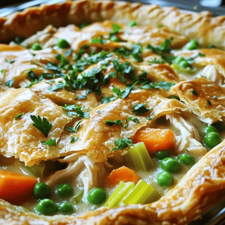 To make a great chicken pot pie, you need fresh ingredients. Here’s what you’ll need: - 2 cups cooked chicken, shredded - 1 cup carrots, diced - 1 cup peas (fresh or frozen) - 1 cup celery, diced - 1/2 cup onion, diced - 1/3 cup all-purpose flour - 1 cup chicken broth - 1 cup milk - 1 teaspoon garlic powder - 1 teaspoon dried thyme - 1 tablespoon olive oil - Salt and pepper to taste These core ingredients create a rich, savory filling. The chicken gives protein, while the veggies add color and texture. Using the right seasonings makes your pot pie shine. Garlic powder and thyme boost the taste. You can also add: - A pinch of paprika for warmth - A dash of Worcestershire sauce for depth - Fresh herbs like parsley for brightness These extra flavors enhance the overall dish. They make your chicken pot pie more than just comfort food. The crust is key to a great chicken pot pie. You can use: - 1 package refrigerated pie crusts for ease - Homemade pie crust for a personal touch If you want a twist, try using puff pastry. It adds a flaky texture that’s delightful. Whichever crust you choose, make sure to seal it well. This keeps all that yummy filling inside! For the full recipe, check the details in the recipe section. First, set your oven to 425°F (220°C). This step warms the oven for baking. A hot oven helps the crust rise nicely and turn golden. Next, grab a large skillet and pour in the olive oil. Heat it over medium. Add the diced onions, celery, and carrots. Cook them for about 5 minutes. You want the veggies to soften. After that, stir in the peas and let them cook for 2 more minutes. Sprinkle the flour over the veggie mix and stir well. This makes the filling thicker. Cook this for 1 minute. Slowly add the chicken broth while stirring to keep it smooth. Keep cooking until the mixture thickens, about 3-4 minutes. Then, pour in the milk. Add garlic powder, thyme, salt, and pepper. Mix everything well. Finally, add your shredded chicken to the skillet. Stir until it’s all combined. Take it off the heat and get ready to assemble your pie. Roll out one pie crust and place it in a 9-inch pie dish. Pour your chicken filling into the crust. Roll out the second crust and cover the filling. Seal the edges by crimping with a fork or pinching it with your fingers. Don't forget to cut small slits on top. This lets steam escape. Brush the beaten egg over the top crust. This gives it a nice golden color. Bake your pie in the preheated oven for 30-35 minutes. Look for a golden brown crust. Let it cool for 10 minutes before serving. Enjoy this comforting dish! For the full recipe, check out the detailed instructions above. To get a golden crust, start by using a beaten egg wash. Brush it on the top before baking. This adds color and shine. Make sure the oven is hot. Preheat it to 425°F (220°C) before you bake. If you want extra crispiness, place a baking sheet on the bottom rack. It helps catch any drips and adds heat. One common mistake is overfilling the pie. If you add too much filling, it may spill over. Ensure your crust is fully sealed. Crimp edges well, so steam does not escape. Another mistake is not letting the pie cool. Cutting it too soon makes a mess. Let it sit for about 10 minutes before slicing. Herbs and spices can boost the taste of your pot pie. I love using dried thyme and garlic powder for depth. Fresh herbs like parsley or rosemary can also add flair. Try adding a pinch of nutmeg for warmth. Remember, start small with spices and taste as you go. You can always add more, but you can't take it back! For the complete culinary experience, refer to the [Full Recipe]. {{image_2}} You can switch up the protein in your chicken pot pie. Try turkey or diced ham for a tasty change. For a vegetarian option, use mushrooms or lentils. They add great texture and flavor. You can also mix in different vegetables, like corn, green beans, or sweet potatoes. This keeps your dish fresh and exciting. Each variation brings its own twist to the classic recipe. If you need gluten-free options, use gluten-free flour for thickening. You can find gluten-free pie crusts at the store. For a dairy-free version, replace milk with almond or coconut milk. This makes the dish lighter while keeping it creamy. Always check labels to ensure ingredients fit your dietary needs. These options make the dish accessible for everyone. Get creative with your chicken pot pie! Add a splash of white wine for depth. You can also mix in cheese for a rich flavor. Another fun idea is to top it with mashed potatoes instead of a crust. This twist gives you a hearty meal that feels different yet familiar. Experimenting with spices can also change the flavor profile. Try adding curry powder or smoked paprika for a unique kick. Each twist allows you to enjoy this classic dish in new ways. For the full recipe, check out the Hearty Chicken Pot Pie section. To keep your chicken pot pie fresh, let it cool first. Cover the pie tightly with plastic wrap or aluminum foil. You can also use an airtight container. Store it in the fridge for up to three days. If you have leftover filling, store it in a separate container. This helps keep the crust from becoming soggy. When you're ready to enjoy your leftovers, preheat your oven to 350°F (175°C). Place the pie on a baking sheet to catch any drips. Heat it for about 20-25 minutes, or until it's hot all the way through. If the crust gets too brown, cover it loosely with foil. You can also reheat individual slices in the microwave for 2-3 minutes. Freezing is a great way to save extra chicken pot pie. Make sure it has cooled completely before freezing. Wrap it tightly in plastic wrap, then in foil. You can also freeze it in slices. It will last for up to three months in the freezer. To bake from frozen, preheat the oven to 425°F (220°C) and bake for 50-60 minutes. Check for doneness by looking for a golden crust and bubbly filling. For the best taste, thaw in the fridge overnight before baking. For the full recipe, check the link above. Enjoy your comforting chicken pot pie! Classic Chicken Pot Pie lasts about 3-4 days in the fridge. Make sure to store it in an airtight container. This keeps it fresh and helps maintain the flavor. Always check for any signs of spoilage before eating. If you have leftovers, they make a great quick meal later! Yes, you can make the filling ahead of time. Prepare the filling a day in advance and store it in the fridge. This way, you save time when you're ready to bake the pie. Just be sure to let it cool before putting it in a container. When you are ready, assemble the pie and bake as directed in the full recipe. Classic Chicken Pot Pie goes well with many sides. Here are some great options: - A fresh green salad - Steamed broccoli - Mashed potatoes - Roasted vegetables - Garlic bread These sides add nice flavor and texture, making your meal even more comforting! Classic Chicken Pot Pie combines simple ingredients with easy steps for a delicious meal. You learned how to prep the filling, create a golden crust, and explore tasty variations. Plus, I shared key tips for storing and reheating leftovers. Remember, cooking should be fun! Try new flavors and make this dish your own. Enjoy every bite of your homemade pot pie!