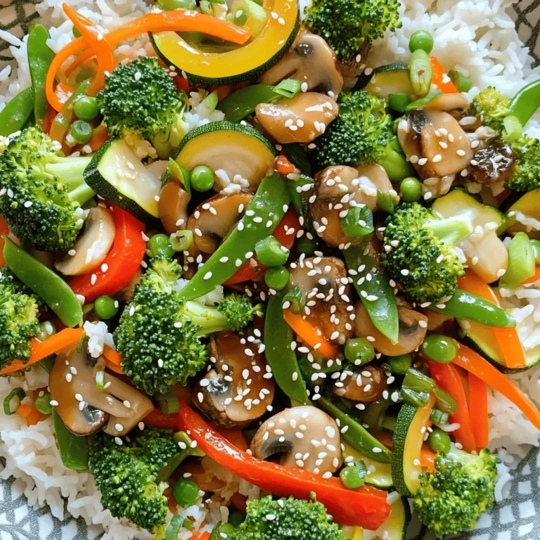 - 1 cup broccoli florets - 1 bell pepper (red or yellow), sliced - 1 cup snap peas - 2 carrots, julienned - 1 zucchini, thinly sliced - 1 cup mushrooms, sliced - 3 cloves garlic, minced - 1 tablespoon ginger, minced - 2 tablespoons soy sauce (or tamari for gluten-free) - 1 tablespoon sesame oil - 1 teaspoon chili paste (optional for heat) - 1 tablespoon sesame seeds - 2 green onions, sliced - Cooked jasmine rice or quinoa In this veggie stir fry, the fresh vegetables play a key role. I love using broccoli florets for their crunch. Bell peppers add a sweet taste and bright color. Snap peas bring a nice snap, while carrots add sweetness with their julienned texture. Zucchini and mushrooms round out the mix, adding depth and flavor. For the aromatics, garlic and ginger are a must. They create a fragrant base that makes the dish vibrant. When you add soy sauce, it brings umami to the mix. Sesame oil adds richness, and chili paste gives a gentle heat if you choose to use it. To finish, I recommend garnishing with sesame seeds and sliced green onions. They enhance the dish's look and taste. Serving it over jasmine rice or quinoa makes it a complete meal. This recipe is not only quick but also packed with flavor and nutrition. You will love how easy it is to bring this dish together. Check out the Full Recipe for more details! - Wash and chop all vegetables prep. - Measure and set aside ingredients for easy assembly. First, gather your fresh veggies. Start by washing them well under cold water. This step keeps your stir fry clean and tasty. Next, chop the veggies into uniform pieces. This helps them cook evenly. For example, slice the bell pepper and julienne the carrots. Set them aside in bowls for quick access. - Heat sesame oil in a large wok or skillet. - Sauté garlic and ginger until fragrant. - Add vegetables and stir-fry. Now, let's cook! Heat sesame oil in a large wok or skillet over medium-high heat. The oil should shimmer, showing it's hot enough. Add the minced garlic and ginger. Stir them for about 30 seconds. This step releases their amazing aroma. Next, toss in our colorful veggies. Stir-fry them for 7-8 minutes. The goal is for them to be bright and slightly tender, but still crisp. - Pour sauce over veggies and toss evenly. - Garnish with sesame seeds and green onions. - Serve over rice or quinoa. Once the veggies are ready, pour the soy sauce over them. If you like heat, add chili paste now. Toss everything together so the sauce coats the veggies well. Cook for another 2-3 minutes. Remove the pan from the heat. Sprinkle sesame seeds and sliced green onions on top for a nice finish. Serve this vibrant stir fry over cooked jasmine rice or quinoa for a hearty meal. Don’t forget to check the Full Recipe for more details on ingredients and steps! Stir-frying is quick and fun. Use a large wok or non-stick skillet for best results. First, heat your pan until it’s very hot. This high heat cooks the food fast and keeps it crisp. Cut your veggies into similar sizes. This helps them cook evenly. Add the aromatics like garlic and ginger first. They add a strong flavor when sautéed. To make your stir-fry pop, add a splash of soy sauce. You can also try hoisin sauce or oyster sauce. A bit of chili paste gives it a nice kick. Balancing flavors is key. Combine salty, sweet, sour, and spicy for the best taste. A pinch of sugar or lemon juice can bring out the flavors even more. Prep your veggies before you start cooking. Wash and chop them ahead of time. This makes cooking quick and easy. You can also use frozen vegetables. They cook fast and are handy when you’re short on time. Just toss them in the hot pan and stir-fry! For detailed steps, check the Full Recipe. {{image_2}} You can make this stir fry fit your needs. For gluten-free options, use tamari instead of soy sauce. Tamari tastes great and works well for everyone. If you want added protein, you can use tofu or chickpeas. Both will fill you up and add a nice texture. Feel free to swap out some veggies based on what you have. In summer, try using fresh corn or bell peppers. In winter, carrots and squash work well. You can also add leafy greens like spinach or kale. Sprouts like bean sprouts give a nice crunch and flavor too. You can change the heat level in your stir fry. For a mild dish, skip the chili paste. If you like it hot, add more chili paste or even red pepper flakes. You can also try different sauces. Sweet soy sauce adds a nice twist. Peanut sauce can give a nutty flavor that you will love. To store leftovers in the fridge, place the veggie stir fry in an airtight container. Make sure it is cool before sealing. It will stay fresh for about three to four days. For reheating, use the stove or microwave. If using a microwave, heat in 30-second bursts to avoid overcooking. For freezing options, you can freeze the veggie stir fry. Use freezer-safe containers or bags. Try to remove as much air as possible to avoid freezer burn. This dish can last up to three months in the freezer. To maintain flavor and texture, thaw in the fridge overnight and reheat gently. Avoid direct heat for best results. For meal prep, I recommend using clear, stackable containers. This way you can see what you have. Portion out servings to make lunches easy. Aim for about one cup per container. You can pair the stir fry with rice or quinoa for a complete meal. Cut vegetables into uniform sizes. This helps them cook evenly. For example, slice bell peppers and zucchini into thin strips. Cut carrots into small matchsticks. This way, each piece cooks at the same speed. It ensures you get that perfect crunch in every bite. Yes, you can meal prep this stir fry. Chop your veggies a day ahead and store them in the fridge. You can also make the sauce in advance. When you're ready, heat your pan, add the oil, and stir-fry your veggies. This saves time on busy weeknights and makes dinner stress-free. If you need a soy sauce alternative, try tamari for a gluten-free option. Coconut aminos also work well and add a sweet flavor. For a tangy kick, you can use rice vinegar or lemon juice. These swaps fit various diets while keeping your stir fry tasty. Leftover stir fry lasts about three to four days in the fridge. Store it in an airtight container to keep it fresh. Check for any off smells or changes in color. If it looks or smells bad, throw it away to stay safe. This blog post covers how to create a tasty vegetable stir fry. We discussed fresh veggies and the right sauces to enhance flavor. You learned easy preparation steps and efficient cooking tips. Remember, you can adjust spice levels and make substitutions to fit dietary needs. Storing leftovers and meal prepping make this dish a weekday winner. Try these tips to enjoy quick, healthy meals anytime. Your kitchen adventure awaits—just stir, serve, and savor!