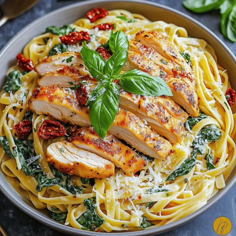 - 2 chicken breasts, sliced - 8 ounces fettuccine pasta - 1 cup sun-dried tomatoes in oil, chopped - 3 cups fresh spinach - 1 cup heavy cream - 1 cup grated Parmesan cheese - 3 cloves garlic, minced - 1 teaspoon Italian seasoning - Salt and pepper to taste - 2 tablespoons olive oil - Fresh basil for garnish You can swap heavy cream for half-and-half or coconut cream for a lighter dish. For gluten-free options, use gluten-free pasta. If you don’t have sun-dried tomatoes, fresh tomatoes or roasted red peppers work well. Using fresh ingredients makes a big difference. Fresh spinach and high-quality cheese enhance taste. Good seasoning is key; it brings out the flavors in your dish. Always taste as you cook to get it just right. For the full recipe, visit the complete guide to Marry Me Chicken Pasta. To cook the fettuccine, start by filling a large pot with water. Add salt to the water and bring it to a boil. Once boiling, add the fettuccine. Cook it according to the package instructions until it is al dente. This means the pasta should be firm to the bite but not hard. Drain the pasta and set it aside. Al dente pasta holds its shape better when mixed with the sauce. For perfect sautéing, use a large skillet. Heat olive oil over medium-high heat. Once hot, add sliced chicken breasts. Season them with salt, pepper, and Italian seasoning. Cook the chicken for about 6-8 minutes, until it turns golden brown and is cooked through. Remove it from the skillet and set it aside. This step locks in flavor and keeps the chicken juicy. In the same skillet, add minced garlic and chopped sun-dried tomatoes. Sauté them for 1-2 minutes until they smell great. Next, pour in the heavy cream, stirring well. Add grated Parmesan cheese and mix until it melts and is smooth. Then, toss in fresh spinach and cook it until wilted. This sauce brings all the flavors together and gives the dish its creamy texture. Now it's time to mix everything. Add the cooked fettuccine and chicken back to the skillet. Toss everything gently until the pasta and chicken are well coated in the creamy sauce. This ensures every bite is rich in flavor. If you need more taste, adjust the seasoning with salt and pepper. Serve your Marry Me Chicken Pasta hot and enjoy! For the full recipe, check out the detailed instructions. To avoid overcooking chicken, use a meat thermometer. Chicken should reach 165°F (74°C). Cook it until golden brown for the best flavor. I recommend searing in a hot skillet for just 6-8 minutes. This keeps the chicken juicy and tender. For perfecting the cream sauce, keep the heat low. Stir in the heavy cream slowly, allowing it to warm up. The key is to mix in the Parmesan cheese until it melts smoothly. This creates a rich and creamy texture. Visual appeal makes your dish stand out. Serve Marry Me Chicken Pasta in a large, shallow bowl. Drizzle a bit of the creamy sauce on top. This creates a lovely layer of flavor. Finish with fresh basil leaves and extra Parmesan cheese. This adds a pop of color and makes it look gourmet. To streamline cooking time, gather all your ingredients first. Chop the sun-dried tomatoes and mince the garlic before you start. This way, you save time when you cook. Preparing ingredients in advance helps too. You can slice the chicken and cook the pasta ahead of time. Store everything in the fridge until you’re ready to make the dish. This makes dinner quick and easy, perfect for busy nights. For the full recipe, check out the complete instructions. {{image_2}} You can easily switch up the ingredients in Marry Me Chicken Pasta to suit your taste. For example, adding vegetables like mushrooms or bell peppers can enhance the dish. These veggies bring color and extra flavor. You can also try varying the protein options. Shrimp or tofu work great as substitutes for chicken. They make the dish lighter and still delicious. Adjusting the spice levels can change how the dish tastes. If you like heat, add some red pepper flakes. For a milder flavor, just stick to the Italian seasoning. You can also add fresh herbs beyond basil. Try parsley or oregano for a fresh twist. These herbs can elevate the dish and make it even better. If you want to make Marry Me Chicken Pasta dairy-free, use plant-based cream instead of heavy cream. This keeps the dish creamy without dairy. For a vegetarian option, skip the chicken and add more vegetables. You could even use chickpeas for protein. These swaps make the dish fit different diets while still tasting great. For the full recipe, check out the details provided earlier. To store leftovers, let the dish cool first. Place the pasta in an airtight container. A glass or plastic container works well. Make sure to seal it tightly to keep out air. Store it in the fridge for up to three days. To freeze Marry Me Chicken Pasta, use a freezer-safe container. Portion it into smaller amounts. This makes it easy to reheat later. When you're ready to eat, take it out of the freezer. Thaw it in the fridge overnight. Reheat in a skillet over low heat. Add a splash of cream or broth to refresh the sauce. This dish lasts up to three days in the fridge. In the freezer, it can last up to three months. Always check for signs of spoilage before eating. Look for any off smells or changes in texture. If it looks or smells bad, throw it away. Marry Me Chicken Pasta is a creamy, flavorful dish that makes you want to propose! It blends tender chicken, sun-dried tomatoes, and fresh spinach in a rich sauce. Many believe the name comes from its ability to impress anyone at the dinner table. This dish gained popularity for its cozy feel and delightful taste. It's perfect for date nights or family gatherings. Yes, you can make this dish ahead! Cook the chicken and pasta, then prepare the sauce. Store each part separately in the fridge. When you are ready to eat, just reheat everything together in a pan. Add a splash of cream to keep it smooth. This way, you save time and enjoy a lovely meal later. Pair this dish with simple sides to enhance your meal. A crisp green salad adds freshness. Garlic bread or a nice crusty baguette is perfect for soaking up the sauce. Steamed vegetables like broccoli or asparagus also work well. These sides create a balanced meal and make it even more enjoyable. Absolutely! To make it lighter, you can use skinless chicken breasts. Swap heavy cream for low-fat milk or a dairy-free alternative. Use whole-grain pasta for more fiber. Adding more vegetables, like zucchini or bell peppers, boosts nutrition without adding many calories. These small changes make the dish healthier while keeping it tasty. Yes, this dish is very kid-friendly! Kids often enjoy creamy pasta and tender chicken. You can adjust the flavors to suit their taste. If they prefer milder food, reduce the seasoning. Offer extra cheese on top for a fun touch. This dish can be a hit with the whole family! In this post, we explored the delightful Marry Me Chicken Pasta. We covered key ingredients, cooking methods, and tips for a perfect dish. Using fresh, high-quality items really enhances the flavor. Simple swaps can make it fit various diets. You can prepare this dish ahead for busy nights, or pair it with sides for a full meal. By following these steps, you’ll impress everyone at your table. Enjoy cooking this delicious pasta recipe!