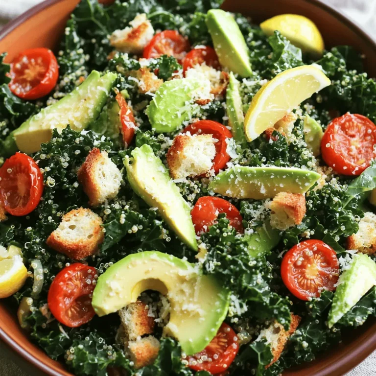 - Romaine lettuce - Vegetarian-friendly Caesar dressing - Croutons (store-bought or homemade) For a tasty vegetarian Caesar salad, start with fresh romaine lettuce. It gives a crisp texture and vibrant color. Next, choose a vegetarian-friendly Caesar dressing. This dressing is key for that classic flavor. You can find many options at stores or make your own. Lastly, add croutons. You can buy them or make them at home. Croutons add a nice crunch. - Vegetarian Parmesan cheese - Protein alternatives (chickpeas, beans) - Seasonal vegetables (like bell peppers or cucumbers) If you want to enhance your salad, consider some optional add-ins. Vegetarian Parmesan cheese gives a savory flavor. You can also add protein alternatives like chickpeas or beans. They help make the salad more filling. Seasonal vegetables, like bell peppers or cucumbers, can add color and freshness. Mix and match these to suit your taste. For the full recipe, check out the details above. 1. In a pot, boil 2 cups of vegetable broth. 2. Add 1 cup of rinsed quinoa to the boiling broth. 3. Reduce heat to low, cover the pot, and simmer for about 15 minutes. 4. Check when the liquid is absorbed. Fluff the quinoa with a fork. 5. Set it aside to cool while you prepare the other ingredients. 1. Preheat your oven to 350°F (175°C). 2. Spread 4 cups of torn kale leaves on a baking sheet. 3. Drizzle with 1 tablespoon of olive oil and season with salt and pepper. 4. Massage the leaves gently with your hands to coat evenly. 5. Bake for 10-15 minutes until crispy and slightly browned. 1. In a small bowl, whisk together 2 tablespoons of lemon juice, 1 tablespoon of Dijon mustard, 1 minced garlic clove, and 2 tablespoons of tahini. 2. Gradually add water, one tablespoon at a time, until you reach your desired consistency. 1. In a large mixing bowl, combine the cooked quinoa, crispy kale, and 1 cup of halved cherry tomatoes. 2. Add ½ cup of grated Parmesan cheese or nutritional yeast for a vegan option. 3. Drizzle the dressing over the salad and toss to combine well. 4. Top with sliced avocado and croutons before serving. Find the full recipe above for a delicious twist on a classic salad. To make crispy kale, start by removing the stems and tearing the leaves. Wash them well and dry thoroughly. Next, drizzle with olive oil. Sprinkle salt and pepper. Massage the leaves gently to coat them evenly. Bake at 350°F (175°C) for 10-15 minutes until they are crisp and golden. Keep an eye on them to avoid burning. For fluffing quinoa, use a fork after cooking. Once the quinoa is done, let it sit for five minutes. Then, gently fluff it with a fork to separate the grains. This will give it a light and airy feel. It’s key for a great salad texture. To make the dressing pop, mix the lemon juice, Dijon mustard, garlic, and tahini well. Taste as you go. Adjust with salt, pepper, or a bit more lemon juice if needed. This adds a bright flavor that lifts the whole salad. For extra nutrition, try adding toppings like sliced avocado, cherry tomatoes, or chickpeas. You can also sprinkle vegetarian Parmesan cheese or nutritional yeast on top for a cheesy touch. These simple additions make your salad more filling and colorful. {{image_2}} You can easily make this salad vegan. First, swap out the cheese. Use nutritional yeast instead of Parmesan. It gives a great cheesy taste without dairy. Next, choose a plant-based dressing. Many brands offer tasty vegan dressings. This change keeps your salad creamy and rich. Want to try something new? Add global flavors to your salad. For a Mediterranean twist, mix in some olives and feta cheese. This adds a briny taste that pairs well with the greens. Or, go for a Southwest style! Toss in corn and black beans for a hearty touch. These additions bring a fun and fresh vibe to the classic Caesar. Explore these variations and use the [Full Recipe] as your base. You can create a unique salad every time! Store your Vegetarian Caesar Salad in an airtight container. This keeps it fresh longer. If you have leftovers, separate the dressing from the salad. This helps avoid soggy ingredients. You can store the salad in the fridge for up to three days. To keep the kale crispy, lay a paper towel inside the container. This absorbs extra moisture. For the best taste, use the salad within two days. Reheating quinoa and kale can be tricky. You want to keep the texture nice. For quinoa, place it in a microwave-safe bowl. Add a splash of water to keep it moist. Heat in short bursts, stirring in between. For kale, try a quick sauté in a pan. Just a minute or two will revive its crunch. If you stored the whole salad, freshen it up with a drizzle of lemon juice. This adds a bright flavor. You can also toss in a few fresh ingredients to give it life again. For the full recipe, check out the instructions above! Yes, this Vegetarian Caesar Salad is healthy. It uses fresh greens and whole grains. Quinoa adds protein and fiber. Kale offers vitamins A, C, and K. This salad has fewer calories than a classic Caesar, which uses creamy dressing and anchovies. By swapping in nutritional yeast for cheese, you reduce fat and keep flavor. This makes it a great choice for a light meal. You can prepare parts of this salad ahead of time. Cook the quinoa and store it in the fridge. You can also wash and tear the kale. Just wait to bake it until you're ready to serve. Make the dressing and keep it in a jar. This way, you can mix everything together quickly when it's time to eat. The salad stays fresh for about 2-3 days in the fridge. Keep the dressing separate until serving. If you add avocado, eat it within a day. The kale and quinoa hold up well, but the tomatoes may get soggy. Always check for freshness before eating any leftovers. If you don't like kale, try spinach or arugula. Both greens add a nice flavor and crunch. You can also use romaine lettuce for a traditional feel. Swiss chard is another option, giving a slightly different taste. Each green brings its own twist to this Vegetarian Caesar Salad. This blog post shared a simple and tasty recipe for a Vegetarian Caesar Salad. You learned about the key ingredients, like romaine lettuce and a vegetarian-friendly dressing. We covered step-by-step instructions for cooking quinoa and making crispy kale. I also shared helpful tips to enhance flavors and textures. Now, you can customize your salad with add-ins or different twists. Enjoy sharing this fresh dish with friends or family. Remember, a little creativity goes a long way in the kitchen!