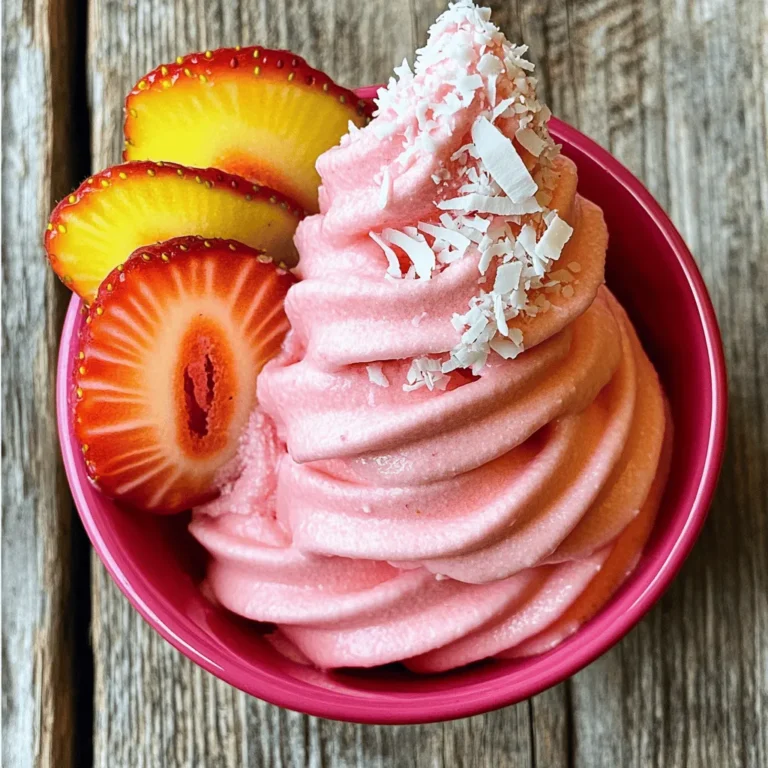 To make a yummy Strawberry Dole Whip, you need just a few simple items: - 2 cups frozen strawberries - 1 cup canned coconut milk - 1 tablespoon honey or agave syrup (adjust for sweetness) - 1 teaspoon vanilla extract - A pinch of salt These ingredients come together to create a creamy, fruity delight. The frozen strawberries give it a sweet and tangy flavor, while coconut milk adds richness. Honey or agave syrup sweetens the mix just right. Adding toppings can make your Strawberry Dole Whip even more special. Here are some fun ideas: - Fresh strawberry slices - Shredded coconut - Mint leaves - Chocolate chips or sprinkles These toppings offer extra flavor and nice textures. You can mix and match to find your favorite! If you don’t have some ingredients, don’t worry! Here are some swaps you can try: - Use fresh strawberries instead of frozen, but add ice to keep it cold. - Swap coconut milk for almond or soy milk for a different flavor. - Use maple syrup in place of honey or agave syrup for a unique taste. These substitutes keep the recipe easy and fun, allowing you to enjoy your treat no matter what! Check out the Full Recipe for more details. To make Strawberry Dole Whip, gather your ingredients first. You need 2 cups of frozen strawberries, 1 cup of canned coconut milk, 1 tablespoon of honey or agave syrup, 1 teaspoon of vanilla extract, and a pinch of salt. 1. Start by adding the frozen strawberries and coconut milk into a blender. 2. Next, add the honey (or agave), vanilla extract, and the salt. 3. Blend on high speed until the mix is smooth and creamy. You may need to stop and scrape down the sides to ensure everything blends well. If your mixture is too thick, don’t worry! Just add more coconut milk, a tablespoon at a time. Blend again until you reach the right consistency. Aim for a soft-serve texture. This makes it easier to pipe into bowls. Also, if your blender struggles, try cutting the frozen strawberries into smaller pieces. This helps the blender work better and makes blending faster. Once your Strawberry Dole Whip is ready, it’s time to serve! Use a piping bag or a zip-top bag with one corner cut off. Pipe the creamy mix into bowls or cups in a swirling motion. This creates a fun and inviting look. For added flair, top your Dole Whip with fresh strawberry slices, shredded coconut, or a mint leaf. Serve right away for the best taste and texture. Enjoy this refreshing treat with family and friends on a hot summer day! To get the best texture for your Strawberry Dole Whip, blend well. Start with frozen strawberries and coconut milk. Blend until smooth. If it's too thick, add more coconut milk. Do this slowly, one tablespoon at a time. You want it creamy but not runny. Use a piping bag for fun shapes. This method gives you that classic soft-serve look. Sweetness is key in a good Dole Whip. I recommend starting with one tablespoon of honey or agave syrup. Taste the mixture as you blend. If it's not sweet enough, add more honey. Remember, fresh strawberries can vary in sweetness. Adjust to your taste for the best experience. If your Dole Whip doesn't come out right, don’t worry. Here are common problems and fixes: - Too Thick: Add a bit more coconut milk and blend again. - Too Sweet: Mix in a tiny pinch of salt to balance the flavors. - Not Smooth: Blend longer and scrape down the sides of the blender. These tips will help you create a delightful treat every time. For a full guide, check the Full Recipe. {{image_2}} To make a vegan version of Strawberry Dole Whip, stick with the main ingredients. The recipe already uses coconut milk, which is plant-based. You can swap honey with agave syrup for a fully vegan treat. This small change makes a big difference for those who avoid animal products. Enjoy a creamy, fruity delight that fits your vegan lifestyle. If you want a dairy-free treat, this recipe is perfect. Coconut milk provides a rich, creamy base without any dairy. You can also use almond or oat milk as a substitute. Just keep in mind that these options may change the flavor slightly. Stick to the original recipe or substitute wisely to keep it smooth and tasty. Want to mix things up? You can add other fruits to your Strawberry Dole Whip. Try blending in bananas for a creamier texture. You can also add a splash of lime or lemon juice for a tart twist. If you like chocolate, mix in some cocoa powder or chocolate chips. Get creative with your flavors to find your favorite combo. For more ideas, check the Full Recipe to inspire your next creation! To keep your Strawberry Dole Whip fresh, store it in an airtight container. This helps prevent ice crystals from forming. You can also use a zip-top bag; just squeeze out the air before sealing. Keep it in the freezer for the best texture and flavor. If you want to enjoy it later, consider dividing it into smaller portions. This way, you can take out just what you need. Dole Whip is best served cold, so reheating is not recommended. If it becomes too hard, let it sit at room temperature for about 5 minutes. This softens it enough to scoop and enjoy. Avoid using the microwave, as it changes the texture. You want that smooth and creamy delight! Strawberry Dole Whip can last up to two weeks in the freezer. However, for the best taste, enjoy it within a week. If you freeze it longer, it may lose some flavor. Always check for any odd smells or changes in texture before serving. For a quick treat, consider making a big batch and storing it. You’ll have a refreshing dessert ready whenever you want. If you want to explore more, check out the Full Recipe for other tips. Strawberry Dole Whip is a creamy and fruity dessert. It has just a few simple ingredients. You need: - 2 cups frozen strawberries - 1 cup canned coconut milk - 1 tablespoon honey or agave syrup - 1 teaspoon vanilla extract - A pinch of salt These ingredients blend together to create a smooth, rich treat. The frozen strawberries give it a vibrant color and sweet taste. The coconut milk adds creaminess and a hint of tropical flavor. Yes, you can make Dole Whip without a blender! You can use a food processor or even a hand mixer. If you don’t have either, you can mash the strawberries by hand. Mix all the ingredients in a large bowl. Keep stirring until you get a smooth texture. It takes more time, but it can be fun! To make your Dole Whip softer, add more coconut milk. Just add one tablespoon at a time. Blend it well until it reaches the right softness. If you want a firmer consistency, place it in the freezer for about 30 minutes. Scoop it out and enjoy! Adjust the texture based on your personal taste. For more details, check out the Full Recipe for Strawberry Dole Whip Delight. You learned about the main ingredients for Strawberry Dole Whip and optional toppings. I shared tips on blending and serving, plus ways to perfect the texture. I also covered how to store Dole Whip properly and offered answers to common questions. Remember, you can try vegan or dairy-free options too. Making Dole Whip at home is easy and fun. Enjoy your creation!