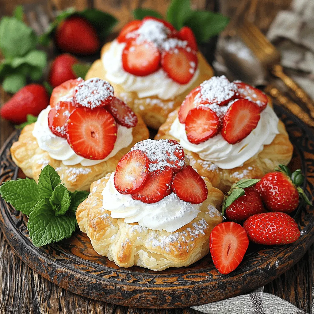 - Puff pastry sheets - Fresh strawberries - Heavy whipping cream - Powdered sugar - Vanilla extract - Lemon juice - Mint leaves for garnish When making these Strawberry and Whipped Cream Puff Pastries, you need a few key ingredients. The puff pastry sheets create a light and flaky base. Fresh strawberries add natural sweetness and color. Heavy whipping cream gives the puffs their rich and creamy filling. You can also use some optional ingredients for added flavor. Powdered sugar sweetens the whipped cream. Vanilla extract enhances the cream's taste. A splash of lemon juice brightens the flavors. If you want to make your dessert look fancy, add mint leaves as a garnish. For the full recipe, follow the steps in our detailed guide. Happy baking! 1. Preheat oven and prepare baking sheet Set your oven to 400°F (200°C). This heat gives the pastries a nice puff. Next, line a baking sheet with parchment paper. This keeps the pastries from sticking. 2. Roll out and cut puff pastry circles Take your thawed puff pastry sheets and place them on a lightly floured surface. Roll them out gently. Use a cookie cutter or the rim of a glass to cut circles, about 3-4 inches wide. If you want, cut some smaller circles for tops later. 1. Arrange pastries on baking sheet Place the pastry circles on your baking sheet, leaving space between them. This helps them puff up nicely. 2. Tips for brushing and baking times For a shiny finish, brush the tops with a bit of water or an egg wash. Bake for 15-20 minutes until they are golden and puffed. Watch them closely so they do not brown too fast. Let them cool on a wire rack. 1. Whip cream and prepare for assembly In a mixing bowl, whip together the heavy cream, powdered sugar, vanilla extract, and lemon juice. Whip until soft peaks form. This gives your cream a nice texture. 2. Layering strawberries and whipped cream Once the puff pastries are cool, slice them in half. Spoon or pipe the whipped cream onto the bottom half. Top with sliced strawberries. Finally, place the top half back on and dust with powdered sugar for a lovely finish. For the full recipe, feel free to check the details and enjoy your culinary adventure! To get that perfect puff pastry, start with cold ingredients. Cold butter helps create layers. Keep your dough chilled before baking. Preheat your oven to 400°F (200°C) to ensure even cooking. Watch the pastries closely as they bake. You want them golden brown and puffed. If they brown too fast, lower the oven temperature slightly. Common pitfalls include overworking the dough and not rolling it evenly. Avoid these mistakes to get that light, airy texture we love. For the best whipped cream, use heavy cream that is very cold. This helps it whip up faster. Start at low speed, then increase as it thickens. Stop once you see soft peaks form. You can add many flavors to whipped cream. A drop of vanilla adds warmth. For a twist, try a bit of lemon zest or almond extract. Keep it simple or get creative with flavoring. Just remember to taste as you go! When serving, arrange the Strawberry Cloud Puffs on a nice platter. Garnish with fresh mint leaves to add color. You can place whole strawberries around the puffs for a lovely display. For a fun twist, dust the tops with powdered sugar. This makes them look even more inviting. To impress guests, consider stacking the pastries. This adds height and visual interest. A simple touch can elevate your dish! For the full recipe, check the details above. Enjoy creating these delightful treats! {{image_2}} You can swap strawberries for other fruits. Raspberries, blueberries, and blackberries work great. Peaches or mangoes add a nice twist too. Using seasonal fruits makes this dish even better. Think about using fresh apples in the fall or juicy cherries in the summer. To make your puff pastries more exciting, try adding flavors. A drizzle of melted chocolate on top can be very tasty. You can also mix in lemon or orange zest for a citrus kick. Infusing your whipped cream with herbs, like mint or basil, gives a fresh taste. A drop of almond extract can add a lovely nutty flavor too. For a fun twist, make mini puff pastries for parties. They are easy to grab and enjoy. You can also try a deconstructed version. Serve the puff pastry, whipped cream, and fruit separately on a plate. This lets everyone build their own dessert and adds a playful touch to your table. To keep your leftover puff pastries fresh, store them in an airtight container. This helps prevent moisture from making them soggy. Line the container with paper towels to absorb any extra moisture. You can also place a layer of parchment paper between the pastries to keep them from sticking together. The ideal temperature for storing these pastries is in the fridge. This keeps them cold and fresh for about two days. If you want to enjoy them later, avoid stacking them too high. This can cause them to lose their puff and texture. If you want to save your pastries for longer, freezing is a great option. First, let the pastries cool completely. Then, wrap each pastry tightly in plastic wrap. This protects them from freezer burn. After wrapping, place them in a freezer-safe bag or container. To thaw, remove the pastries from the freezer and let them sit at room temperature for about 30 minutes. If you want to enjoy them warm, preheat your oven to 350°F (175°C) and bake for about 10 minutes. This will help restore their crispiness and flavor. To achieve flaky puff pastries, follow these key steps: - Use cold butter: Cold butter creates steam when baking, which helps the layers separate. - Roll gently: Roll the dough evenly without applying too much pressure. This keeps the layers intact. - Chill between rolls: If the dough gets warm, chill it for about 15 minutes before rolling again. - Fold properly: Use the classic folding technique. Fold the dough into thirds, then roll it out again. Repeat this process for maximum flakiness. Yes, you can use store-bought whipped cream. Here are some pros and cons: - Pros: - Saves time and effort, perfect for busy days. - Often stable and easy to use. - Cons: - May contain preservatives and added sugar. - Lacks the fresh taste of homemade whipped cream. If you have time, I recommend making your own for a fresher flavor. You can find ready-made options at local bakeries or grocery stores. Look for: - Bakeries: Many bakeries offer fresh pastries. Call ahead to check their selection. - Grocery stores: Some stores have a bakery section with options. - Online: Websites like Goldbelly or local delivery services may have gourmet options. If you want something special, try to find a local bakery. Making pastries ahead is easy. Here are some helpful tips: - Make the pastry dough: You can prepare the dough a day in advance. Keep it wrapped in plastic and store it in the fridge. - Bake the pastries: Bake them and let them cool. Store in an airtight container for up to two days. - Assemble later: Prepare the whipped cream and strawberries just before serving. This keeps everything fresh. With these tips, you can enjoy your pastries without stress! For the complete process, check the Full Recipe. You’ve learned how to make delicious strawberry puff pastries from scratch. We covered the key ingredients, step-by-step instructions, and helpful tips. Don’t forget to explore variations and storage options for extra enjoyment. Baking can be fun and rewarding! Whether for a gathering or a treat for yourself, these pastries will impress anyone. Follow these guidelines for the best results, and enjoy your tasty creations. Happy baking!