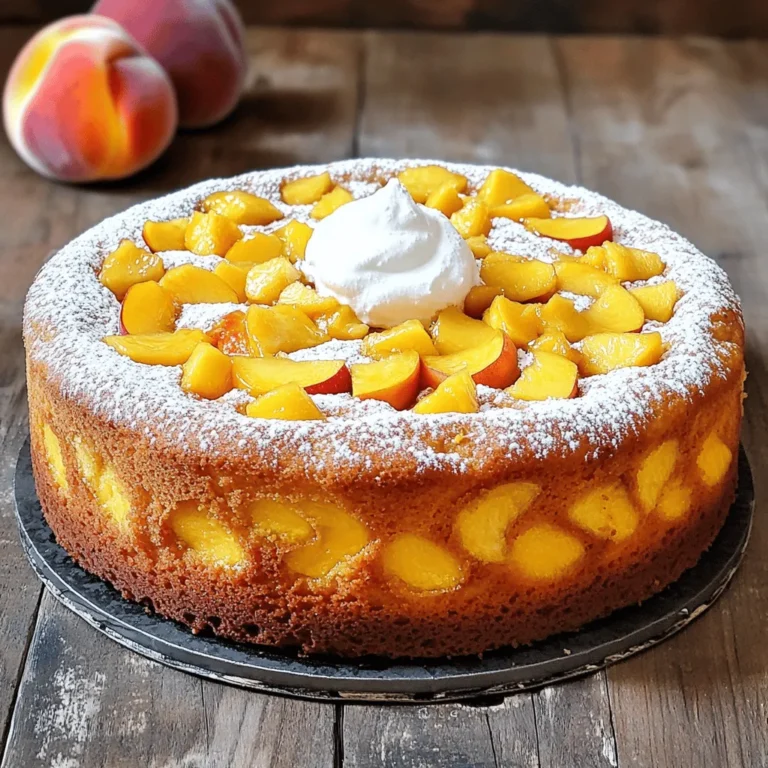 To make a delicious Easy Peach Cake, gather these simple ingredients. Using fresh, ripe peaches makes a big difference in flavor. Here’s the complete list: - 2 cups fresh peaches, peeled and diced - 1 cup granulated sugar - 1/2 cup unsalted butter, softened - 2 large eggs - 1 teaspoon vanilla extract - 1 1/2 cups all-purpose flour - 1 teaspoon baking powder - 1/2 teaspoon baking soda - 1/4 teaspoon salt - 1/2 cup buttermilk - 1 teaspoon ground cinnamon (optional) - Powdered sugar for dusting Each ingredient plays a key role. The fresh peaches add sweetness and moisture. Butter makes the cake rich and soft. Sugar helps it rise and brown nicely. Buttermilk gives it a nice tang. The baking powder and baking soda work together to make the cake light. If you want to add a warm spice note, use ground cinnamon. Don’t forget the powdered sugar for dusting on top. This cake is not only easy to make but also enjoyable to share. You can find the full recipe [here](#). Preheat the Oven and Prepare the Pan Start by heating your oven to 350°F (175°C). Grease a 9-inch round cake pan with butter or cooking spray. This step helps the cake release easily after baking. Creaming the Butter and Sugar In a large bowl, combine the softened butter and granulated sugar. Use an electric mixer on medium speed to mix them. Beat until the mixture is light and fluffy. This usually takes about 3 to 5 minutes. The air you whip in will help the cake rise. Incorporating the Eggs and Vanilla Next, add the eggs to the mixture one at a time. Mix well after each addition. This helps each egg blend into the batter. Then, stir in the vanilla extract. This adds a nice flavor to the cake. Whisking Together the Dry Components In another bowl, whisk together the flour, baking powder, baking soda, salt, and ground cinnamon (if using). Mixing these dry ingredients well ensures even rising and flavor. Combining with Wet Ingredients Gradually add the dry ingredients to the wet mixture. Do this in three parts, alternating with the buttermilk. Start and finish with the flour mixture. Mix until just combined. Avoid overmixing to keep the cake light. Folding in the Diced Peaches Gently fold in the diced peaches into the batter. Make sure the peaches are evenly distributed. This will give you sweet bites of peach in every slice. Pouring the Batter into the Cake Pan Carefully pour the batter into the prepared cake pan. Use a spatula to smooth the top. This helps the cake bake evenly. Baking Instructions Place the pan in the preheated oven. Bake for 30 to 35 minutes. To check if it's done, insert a toothpick into the center. If it comes out clean, the cake is ready. Let it cool in the pan for 10 minutes before moving it to a wire rack. Dust the top with powdered sugar before serving. For the full recipe, check out the [Full Recipe]. Suggested Flavor Additions You can boost the taste with a few simple extras. Try adding a teaspoon of almond extract for a nutty twist. A splash of orange juice gives a bright note. You might also sprinkle in some fresh ginger for a spicy kick. Each of these will add a unique layer to your peach cake. How to Ensure Moisture To keep your cake moist, use ripe peaches. They add natural juice to the batter. You can also add an extra egg yolk for richness. Another trick is to use buttermilk. It helps create a soft texture. Make sure not to overmix the batter as well; this can make the cake tough. Preventing a Dry Cake To avoid a dry cake, watch your baking time closely. Start checking at 25 minutes. If a toothpick comes out clean, it’s done. If it pulls out with wet batter, give it more time. Remember, every oven is a bit different, so adjust as needed. Checking for Doneness Test the cake with a toothpick. Insert it in the center and pull it out. If it’s clean, the cake is ready. If you see batter, bake a bit longer. You want a soft, springy feel when you touch the top. Serving Recommendations Serve your peach cake warm or at room temperature. A dollop of whipped cream pairs nicely. You can also add a scoop of vanilla ice cream for extra creaminess. This dessert shines at summer gatherings. Creative Garnishing Ideas For a fun touch, sprinkle powdered sugar on top. You can also add fresh peach slices for color. Mint leaves make a great garnish, too. They add a pop of green and a fresh taste. These small details make your cake look as good as it tastes. For the full recipe, check out the Peachy Paradise Cake. {{image_2}} You can switch peaches for other fruits. Try using ripe plums, nectarines, or berries. These fruits add their unique flavors. They also keep the cake fresh and vibrant. Seasonal fruits work best. Use what you find at your local market. You can even mix fruits for fun twists. Think about adding blueberries with peaches or raspberries with nectarines. Some people need special diets. For gluten-free options, replace all-purpose flour with almond flour or gluten-free flour. These choices give you a moist cake with a nice crumb. If you want a vegan version, swap eggs for flax eggs. Mix one tablespoon of flaxseed meal with three tablespoons of water. Let it sit until thick. For butter, use coconut oil or vegan butter. This way, everyone can enjoy a slice! Frosting can change your cake's vibe. Cream cheese frosting pairs well with peaches. It gives a tangy kick that complements the fruit. If you want something lighter, try whipped cream. You can also serve the cake plain and top it with fresh peach slices. For a fun twist, sprinkle nuts or granola on top for crunch. Drizzle honey or maple syrup for added sweetness. There are so many ways to dress up this cake! For the complete recipe, check out the [Full Recipe]. To keep your peach cake fresh, store it in an airtight container. This helps keep moisture in and prevents it from drying out. If you have leftover slices, wrap them tightly in plastic wrap before placing them in the container. You can also store the cake at room temperature for up to three days. If you want to store it longer, refrigerate it. The cold will help it last about a week. If you want to save the cake for later, freezing is a great option. First, let the cake cool completely. Then, wrap it tightly in plastic wrap. After that, place the wrapped cake in a freezer-safe bag or container. It can stay frozen for up to three months. When you are ready to eat it, move the cake to the fridge to thaw overnight. This way, it will be ready for a tasty treat whenever you want! To keep your cake moist, focus on a few key tips: - Use ripe peaches. Fresh, juicy peaches add moisture. - Don't overmix the batter. This can make the cake dense. - Add buttermilk, which makes the cake soft and tender. - Bake just until a toothpick comes out clean. Overbaking can dry it out. These steps will help you create a cake that stays moist and delicious. Yes, you can use canned peaches. If you go this route, here are some tips: - Drain and rinse the canned peaches. This removes excess syrup. - Cut them into smaller pieces, similar to fresh peaches. - Reduce the sugar in the recipe slightly. Canned peaches can be sweeter. This way, your cake will still taste great with canned peaches! Peach cake can last up to 3 days at room temperature. Here are some guidelines for storage: - Keep it in an airtight container. This helps maintain moisture. - If you want it to last longer, store it in the fridge. It can last up to a week there. - For longer storage, freeze the cake. Wrap it well in plastic wrap and foil. With these tips, you can enjoy your peach cake for days! This blog post covered everything you need for a great peach cake. We discussed the key ingredients, like fresh peaches, eggs, and buttermilk. I shared step-by-step instructions for making the cake, from mixing to baking. You also learned handy tips to enhance flavor and ensure moistness. Plus, I explored variations, storage tips, and addressed common questions. With this guide, you can make a delicious peach cake with ease. Enjoy baking!