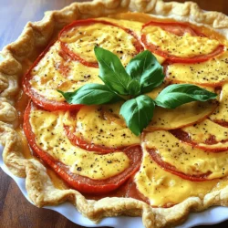 To make Pimento Cheese Tomato Pie, gather these simple ingredients: - 1 pre-made pie crust - 2 cups fresh tomatoes, sliced - 1 cup shredded sharp cheddar cheese - 1 cup pimento cheese (store-bought or homemade) - 1/2 cup mayonnaise - 1 tablespoon Dijon mustard - 1 teaspoon garlic powder - 1/2 teaspoon onion powder - Salt and pepper to taste - Fresh basil leaves for garnish You can play with ingredients to suit your taste. For a creamier texture, add more mayonnaise. If you like spice, try adding jalapeños to the cheese mix. Swap the sharp cheddar for a milder cheese like Monterey Jack. For a twist, use different tomatoes, like heirloom or cherry tomatoes. Each change can bring new flavors to your pie. Don’t have everything on hand? No problem! You can use Greek yogurt instead of mayonnaise for a lighter option. If you can't find pimento cheese, mix cream cheese with roasted red peppers. You can also use a homemade pie crust if you prefer. These simple swaps keep the pie tasty while making it unique. Start by preheating your oven to 375°F (190°C). If you use a pre-made pie crust, you can skip some steps. If not, prepare it according to the package directions. If you need to blind bake, do that and let the crust cool slightly. Next, grab a mixing bowl. Combine these ingredients: - 1 cup shredded sharp cheddar cheese - 1 cup pimento cheese - 1/2 cup mayonnaise - 1 tablespoon Dijon mustard - 1 teaspoon garlic powder - 1/2 teaspoon onion powder - Salt and pepper to taste Mix well until it's smooth. Now, take your fresh tomatoes. Slice them and layer them in the bottom of the cooled pie crust. Overlap the slices slightly. Sprinkle a pinch of salt on the tomatoes to bring out their flavor. Spread the pimento cheese mixture over the tomatoes. Make sure every slice is well covered. Place the pie in the preheated oven. Bake for about 30-35 minutes. You want the top to be golden brown and bubbly. When it looks perfect, take it out of the oven and let it cool for about 10 minutes. This helps the pie set. Garnish your pie with fresh basil leaves. They add color and flavor. This pie tastes great warm or at room temperature. You can serve it with a fresh salad or some crispy bread. Everyone will love it and ask for the recipe! Check out the Full Recipe for more details and tips. To make the best pimento cheese tomato pie, use fresh tomatoes. They add great flavor. Slice them thinly for even cooking. Choose a sharp cheddar cheese for a nice kick. Mixing pimento cheese with mayo creates a smooth texture. Make sure to season the layers with salt and pepper. This enhances every bite. Always cool the pie crust before adding filling. This step keeps the crust crispy. One common mistake is not salting the tomatoes. This can lead to a soggy pie. Avoid overmixing the cheese filling; it should stay creamy. Don't skip preheating the oven. Baking at the right temperature is key for a golden top. Lastly, let the pie cool a bit before slicing. This helps the filling set and makes serving easier. Pimento cheese tomato pie pairs well with a fresh salad. A light green salad with vinaigrette works nicely. You can also serve it with a side of pickles. They add a nice crunch and tang. For drinks, try a chilled white wine or iced tea. These options balance the rich flavors in the pie. For the full recipe, check out the details above. {{image_2}} You can change the taste by using different cheeses. Try mozzarella for a milder flavor. For a tangy twist, use feta cheese. Goat cheese adds creaminess and a bit of bite. Mixing cheeses can create a unique blend that excites your palate. Make sure to melt well and mix with the pimento cheese for a smooth texture. Each cheese adds its own flair to the pie. If you need a gluten-free option, use a gluten-free pie crust. Many stores sell ready-made versions. You can also make your own crust with almond flour or gluten-free flour. The filling stays the same, so enjoy all that cheesy goodness. Just check labels to ensure all ingredients are gluten-free, especially the pimento cheese. You can add seasonal vegetables to make the pie even tastier. Fresh spinach or kale can boost the nutrition. Bell peppers add color and a sweet crunch. Zucchini or corn can give it a nice texture. Just slice them thinly and layer them with the tomatoes. This makes your pie colorful and packed with flavor. The vegetables can change with the seasons, keeping the recipe fresh and fun. For the full recipe, check out the complete instructions above. To keep your Pimento Cheese Tomato Pie fresh, let it cool first. Wrap it tightly in plastic wrap or foil. You can also place it in an airtight container. Store it in the fridge for up to 3 days. This helps keep the flavors intact and prevents it from drying out. When you're ready to enjoy your leftovers, preheat your oven to 350°F (175°C). Remove the pie from the fridge and uncover it. Place it on a baking sheet to catch any drips. Bake for about 15-20 minutes, or until it's warm throughout. You can also reheat slices in the microwave for 1-2 minutes. Just be careful not to overcook them. If you want to save some pie for later, freezing is a great option. First, let the pie cool completely. Wrap it tightly in plastic wrap, then in foil. This double wrap keeps out air and prevents freezer burn. You can freeze it for up to 2 months. To eat, thaw it overnight in the fridge and reheat as described above. Enjoy that delicious taste whenever you want! Pimento Cheese Tomato Pie is a savory dish. It combines fresh tomatoes, pimento cheese, and cheddar cheese. The pie has a crispy crust and a creamy filling. Many people enjoy it as a tasty lunch or dinner option. You can serve it warm or cold. This dish is perfect for summer when tomatoes are fresh and ripe. Yes, you can use store-bought pimento cheese. It makes the recipe quicker and easier. Just make sure to choose a high-quality brand. This way, you still get great flavor in your pie. If you want to try, you can also make your own pimento cheese. It adds a personal touch and can taste even better. Pimento Cheese Tomato Pie can last up to four days in the fridge. Store it in an airtight container to keep it fresh. If you want to keep it longer, you can freeze it. Just make sure to wrap it well before freezing. When you’re ready to eat it, thaw it in the fridge overnight. Some great sides to pair with Pimento Cheese Tomato Pie are: - A simple green salad - Roasted vegetables - Coleslaw - Potato chips - Fresh fruit These sides add crunch and flavor, making your meal even better. Enjoy experimenting with different combinations! This blog post shared all you need to know about Pimento Cheese Tomato Pie. We covered the ingredients, preparation, and baking steps. I highlighted helpful tips and common mistakes to steer clear of. You learned about variations and storage methods for leftovers. In the end, this dish is versatile and fun to make. Experiment with different flavors. Enjoy your delicious pie, and share it with friends and family!