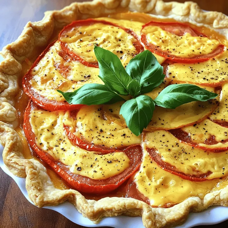 To make Pimento Cheese Tomato Pie, gather these simple ingredients: - 1 pre-made pie crust - 2 cups fresh tomatoes, sliced - 1 cup shredded sharp cheddar cheese - 1 cup pimento cheese (store-bought or homemade) - 1/2 cup mayonnaise - 1 tablespoon Dijon mustard - 1 teaspoon garlic powder - 1/2 teaspoon onion powder - Salt and pepper to taste - Fresh basil leaves for garnish You can play with ingredients to suit your taste. For a creamier texture, add more mayonnaise. If you like spice, try adding jalapeños to the cheese mix. Swap the sharp cheddar for a milder cheese like Monterey Jack. For a twist, use different tomatoes, like heirloom or cherry tomatoes. Each change can bring new flavors to your pie. Don’t have everything on hand? No problem! You can use Greek yogurt instead of mayonnaise for a lighter option. If you can't find pimento cheese, mix cream cheese with roasted red peppers. You can also use a homemade pie crust if you prefer. These simple swaps keep the pie tasty while making it unique. Start by preheating your oven to 375°F (190°C). If you use a pre-made pie crust, you can skip some steps. If not, prepare it according to the package directions. If you need to blind bake, do that and let the crust cool slightly. Next, grab a mixing bowl. Combine these ingredients: - 1 cup shredded sharp cheddar cheese - 1 cup pimento cheese - 1/2 cup mayonnaise - 1 tablespoon Dijon mustard - 1 teaspoon garlic powder - 1/2 teaspoon onion powder - Salt and pepper to taste Mix well until it's smooth. Now, take your fresh tomatoes. Slice them and layer them in the bottom of the cooled pie crust. Overlap the slices slightly. Sprinkle a pinch of salt on the tomatoes to bring out their flavor. Spread the pimento cheese mixture over the tomatoes. Make sure every slice is well covered. Place the pie in the preheated oven. Bake for about 30-35 minutes. You want the top to be golden brown and bubbly. When it looks perfect, take it out of the oven and let it cool for about 10 minutes. This helps the pie set. Garnish your pie with fresh basil leaves. They add color and flavor. This pie tastes great warm or at room temperature. You can serve it with a fresh salad or some crispy bread. Everyone will love it and ask for the recipe! Check out the Full Recipe for more details and tips. To make the best pimento cheese tomato pie, use fresh tomatoes. They add great flavor. Slice them thinly for even cooking. Choose a sharp cheddar cheese for a nice kick. Mixing pimento cheese with mayo creates a smooth texture. Make sure to season the layers with salt and pepper. This enhances every bite. Always cool the pie crust before adding filling. This step keeps the crust crispy. One common mistake is not salting the tomatoes. This can lead to a soggy pie. Avoid overmixing the cheese filling; it should stay creamy. Don't skip preheating the oven. Baking at the right temperature is key for a golden top. Lastly, let the pie cool a bit before slicing. This helps the filling set and makes serving easier. Pimento cheese tomato pie pairs well with a fresh salad. A light green salad with vinaigrette works nicely. You can also serve it with a side of pickles. They add a nice crunch and tang. For drinks, try a chilled white wine or iced tea. These options balance the rich flavors in the pie. For the full recipe, check out the details above. {{image_2}} You can change the taste by using different cheeses. Try mozzarella for a milder flavor. For a tangy twist, use feta cheese. Goat cheese adds creaminess and a bit of bite. Mixing cheeses can create a unique blend that excites your palate. Make sure to melt well and mix with the pimento cheese for a smooth texture. Each cheese adds its own flair to the pie. If you need a gluten-free option, use a gluten-free pie crust. Many stores sell ready-made versions. You can also make your own crust with almond flour or gluten-free flour. The filling stays the same, so enjoy all that cheesy goodness. Just check labels to ensure all ingredients are gluten-free, especially the pimento cheese. You can add seasonal vegetables to make the pie even tastier. Fresh spinach or kale can boost the nutrition. Bell peppers add color and a sweet crunch. Zucchini or corn can give it a nice texture. Just slice them thinly and layer them with the tomatoes. This makes your pie colorful and packed with flavor. The vegetables can change with the seasons, keeping the recipe fresh and fun. For the full recipe, check out the complete instructions above. To keep your Pimento Cheese Tomato Pie fresh, let it cool first. Wrap it tightly in plastic wrap or foil. You can also place it in an airtight container. Store it in the fridge for up to 3 days. This helps keep the flavors intact and prevents it from drying out. When you're ready to enjoy your leftovers, preheat your oven to 350°F (175°C). Remove the pie from the fridge and uncover it. Place it on a baking sheet to catch any drips. Bake for about 15-20 minutes, or until it's warm throughout. You can also reheat slices in the microwave for 1-2 minutes. Just be careful not to overcook them. If you want to save some pie for later, freezing is a great option. First, let the pie cool completely. Wrap it tightly in plastic wrap, then in foil. This double wrap keeps out air and prevents freezer burn. You can freeze it for up to 2 months. To eat, thaw it overnight in the fridge and reheat as described above. Enjoy that delicious taste whenever you want! Pimento Cheese Tomato Pie is a savory dish. It combines fresh tomatoes, pimento cheese, and cheddar cheese. The pie has a crispy crust and a creamy filling. Many people enjoy it as a tasty lunch or dinner option. You can serve it warm or cold. This dish is perfect for summer when tomatoes are fresh and ripe. Yes, you can use store-bought pimento cheese. It makes the recipe quicker and easier. Just make sure to choose a high-quality brand. This way, you still get great flavor in your pie. If you want to try, you can also make your own pimento cheese. It adds a personal touch and can taste even better. Pimento Cheese Tomato Pie can last up to four days in the fridge. Store it in an airtight container to keep it fresh. If you want to keep it longer, you can freeze it. Just make sure to wrap it well before freezing. When you’re ready to eat it, thaw it in the fridge overnight. Some great sides to pair with Pimento Cheese Tomato Pie are: - A simple green salad - Roasted vegetables - Coleslaw - Potato chips - Fresh fruit These sides add crunch and flavor, making your meal even better. Enjoy experimenting with different combinations! This blog post shared all you need to know about Pimento Cheese Tomato Pie. We covered the ingredients, preparation, and baking steps. I highlighted helpful tips and common mistakes to steer clear of. You learned about variations and storage methods for leftovers. In the end, this dish is versatile and fun to make. Experiment with different flavors. Enjoy your delicious pie, and share it with friends and family!