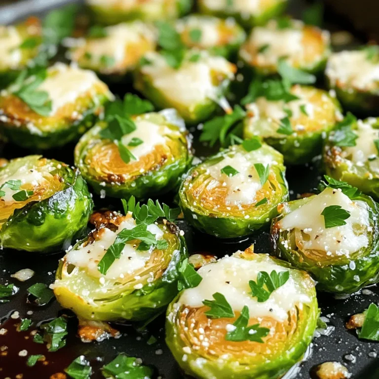 To make Garlic Parmesan Roasted Brussels Sprouts, you need some key items. Here’s what you will need: - 1 pound Brussels sprouts, trimmed and halved - 3 tablespoons olive oil - 4 cloves garlic, minced - ½ cup grated Parmesan cheese - 1 teaspoon salt - ½ teaspoon black pepper - ½ teaspoon red pepper flakes (optional for heat) - 2 tablespoons balsamic vinegar - Fresh parsley, chopped (for garnish) These ingredients come together to create a dish that is both savory and satisfying. The Brussels sprouts turn crispy, while the garlic and cheese add rich flavors. You can add a few optional ingredients to boost the taste. Consider these: - Lemon zest for brightness - A splash of lemon juice for tang - Smoked paprika for a smoky twist - Chopped nuts like almonds or walnuts for crunch Adding these can elevate your dish and make it unique. Feel free to mix and match based on your taste. If you don’t have certain ingredients, here are some easy swaps: - Use canola oil instead of olive oil. - Swap Parmesan with Pecorino Romano for a sharper taste. - If you're out of Brussels sprouts, try cauliflower or broccoli. These substitutions help you adapt the recipe to what you have on hand. Making this dish can be simple and fun. For the full recipe, refer to the details above. To start, gather all your ingredients. You’ll need 1 pound of Brussels sprouts. Trim and cut them in half. This helps them cook evenly. Next, mince 4 cloves of garlic. Fresh garlic adds great taste. Measure out 3 tablespoons of olive oil, ½ cup of grated Parmesan cheese, 1 teaspoon of salt, and ½ teaspoon of black pepper. If you want heat, add ½ teaspoon of red pepper flakes. Finally, chop some fresh parsley for garnish. Now, preheat your oven to 400°F (200°C). In a large bowl, add your halved Brussels sprouts. Pour in the olive oil and sprinkle the garlic, salt, black pepper, and red pepper flakes on top. Mix well to coat each sprout evenly. Next, spread them on a baking sheet in a single layer. This helps them roast well. Roast the Brussels sprouts in the oven for about 20 minutes. After that, take them out and sprinkle the grated Parmesan evenly over them. Return the baking sheet to the oven for another 10-15 minutes. The sprouts should turn golden brown and crispy. The cheese will melt and bubble. When done, drizzle balsamic vinegar over the sprouts for extra flavor. For the best results, make sure your Brussels sprouts are dry before adding oil. Wet sprouts can steam instead of roast. Use a large enough baking sheet to avoid crowding. This allows air to circulate and crisps them up. If you want more flavor, try adding lemon zest or a squeeze of lemon juice before serving. Always taste and adjust seasoning as needed. For the full recipe, check out the detailed instructions above. Seasoning is key to great flavor. I use a mix of salt, black pepper, and garlic. For a kick, add red pepper flakes. Toss the Brussels sprouts well to coat them fully. Use fresh garlic for the best taste. The Parmesan cheese adds a salty, rich flavor that makes this dish shine. Experiment with herbs too, like thyme or rosemary! No one likes soggy sprouts! To avoid this, make sure to dry the sprouts well after washing. When you toss them with oil, use enough to coat, but not drown them. Spread them out on the baking sheet in a single layer. If they touch too much, they will steam instead of roast. Roasting at a high temperature is also crucial for crispiness. These sprouts are great on their own, but you can dress them up! Serve them with grilled chicken or fish for a full meal. They pair well with a light salad too. Drizzle extra balsamic vinegar on top for added flavor. You can also sprinkle more Parmesan cheese just before serving for that cheesy goodness. For a fun twist, try these sprouts on a pizza or mixed into pasta! For the full recipe, check out the Garlic Parmesan Roasted Brussels Sprouts section. {{image_2}} You can switch up the cheese for a new taste. Try feta for a tangy kick. Goat cheese adds creaminess and depth. Cheddar brings a sharp flavor that pairs well with the sprouts. Always remember, cheese melts and adds richness. Choose what you love! Want to jazz up your dish? Add some crispy bacon pieces for a smoky touch. Nuts, like walnuts or almonds, give a nice crunch. Dried cranberries can add sweetness. Experiment with herbs like thyme or rosemary for extra flavor. Each add-in makes the dish unique! To make this dish vegan, swap the Parmesan with a vegan cheese. Nutritional yeast is a great option too. For gluten-free needs, ensure all ingredients are certified gluten-free. You can still enjoy the flavors without any worries. These changes keep the dish tasty! For the full recipe, check out the [Full Recipe]. To keep your Garlic Parmesan Roasted Brussels Sprouts fresh, place leftovers in an airtight container. Make sure the sprouts cool completely before sealing. Store them in the fridge for up to three days. This will help maintain their flavor and texture. To reheat, use the oven for the best results. Preheat your oven to 350°F (175°C). Spread the sprouts on a baking sheet. Heat them for about 10-15 minutes, or until warm. This helps keep them crispy. You can also reheat in the microwave for about 1-2 minutes, but they may lose some crunch. You can freeze Garlic Parmesan Roasted Brussels Sprouts, but they will change in texture. To freeze, place cooled sprouts in a single layer on a baking sheet. Freeze them for about 2 hours until solid. Once frozen, transfer them to a freezer bag. Remove as much air as possible and seal. They can last up to three months in the freezer. To cook from frozen, roast them straight from the freezer. Adjust the cooking time by adding a few extra minutes. For the full recipe, check out the complete guide. To make Garlic Parmesan Roasted Brussels sprouts, start by trimming and halving 1 pound of Brussels sprouts. In a bowl, mix the sprouts with 3 tablespoons of olive oil and 4 minced garlic cloves. Add 1 teaspoon of salt, ½ teaspoon of black pepper, and ½ teaspoon of red pepper flakes if you like some heat. Toss until the sprouts are well-coated. Spread them on a baking sheet in a single layer. Roast at 400°F for 20 minutes. After that, sprinkle ½ cup of grated Parmesan cheese on top and roast for another 10 to 15 minutes until golden brown. Drizzle with balsamic vinegar and garnish with fresh parsley. For a detailed guide, check the Full Recipe. The ideal roasting temperature for Brussels sprouts is 400°F (200°C). This high heat helps them get crispy on the outside while staying tender on the inside. Roasting at this temperature allows the natural sugars to caramelize, enhancing their flavor. You can adjust the time slightly, but keep the temperature the same for the best results. You can use frozen Brussels sprouts, but the texture may change. Frozen sprouts often have more moisture, which can lead to a soggy outcome. If you choose to use them, be sure to thaw and drain them well before mixing with oil and spices. You may also need to adjust the cooking time, so keep an eye on them to achieve that perfect crispiness. In this post, we covered the key ingredients for Garlic Parmesan Roasted Brussels Sprouts and cooking steps. You learned tips for perfect seasoning, preventing sogginess, and creative variations. Plus, I shared smart storage and reheating tips for leftovers. Remember, roasting at the right temp makes all the difference. Trust these steps to bring out the best flavor. Enjoy making this dish to delight your taste buds!