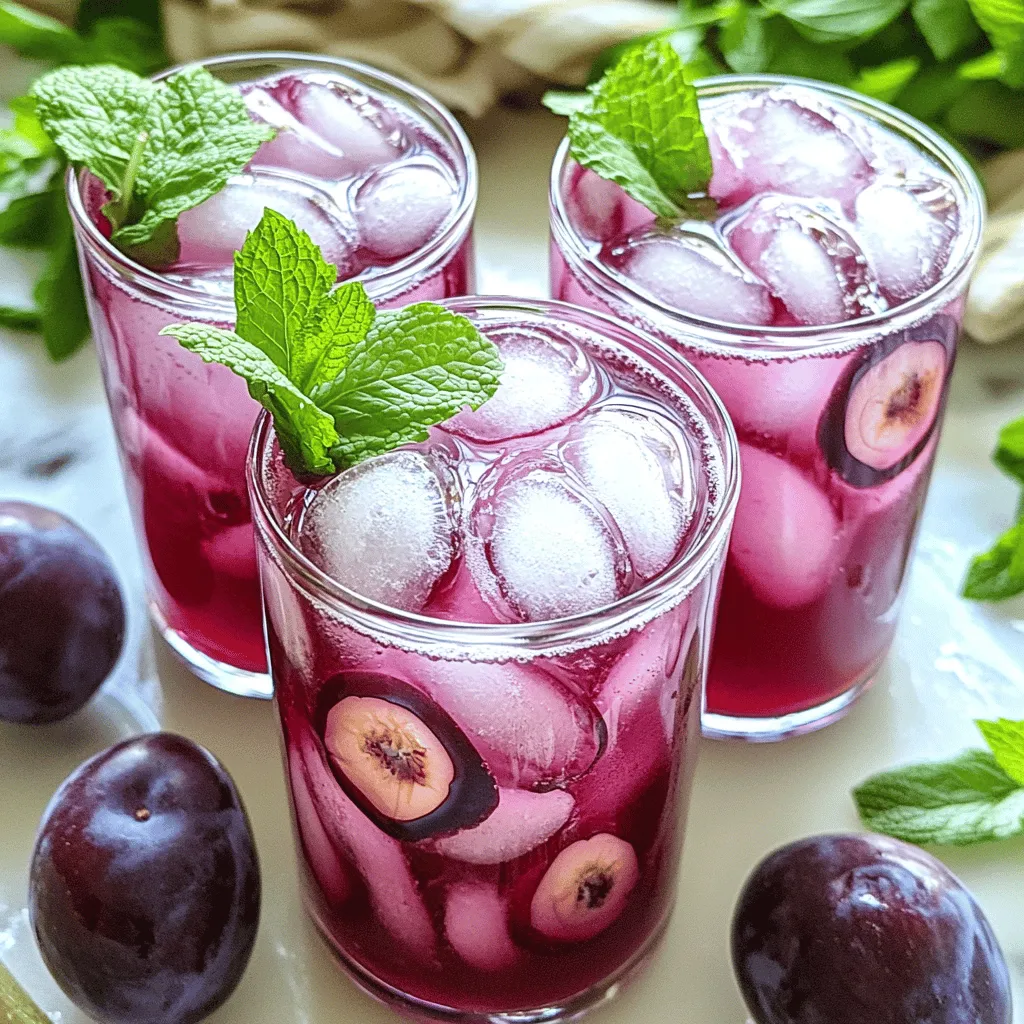 To make Plum Ginger Kombucha Pop, gather these essential ingredients: - 2 cups brewed kombucha (store-bought or homemade) - 1 cup ripe plums, pitted and chopped - 1 tablespoon fresh ginger, grated These ingredients bring a bright, fruity flavor that stands out in the drink. Kombucha adds tang and fizz, while plums lend a sweet, juicy taste. The fresh ginger gives a spicy kick that balances the sweetness. Next, you'll want to include some sweeteners and add-ins. These will enhance the flavor and make the drink more enjoyable: - 2 tablespoons honey or maple syrup (adjust to taste) - Juice of 1 lime - Sparkling water (optional, for fizz) Honey or maple syrup sweetens the pop, while lime juice adds a burst of citrus. If you prefer more bubbles, adding sparkling water gives that fizzy sensation. Finally, don't forget the garnish! It adds a nice touch to the drink: - Fresh mint leaves for garnish Mint leaves not only look pretty but also provide a fresh aroma. They elevate the drink to a new level, making it even more refreshing. You can find the full recipe in the section above! To start, I blend the ripe plums and fresh ginger. This step brings out their natural flavors. Use a good blender to get a smooth mix. Next, I strain the mixture using a fine mesh sieve. This helps extract all the juicy goodness while leaving behind the pulp. Press the pulp with the back of a spoon to get every drop of liquid. Now, I mix the fresh plum-ginger juice with the brewed kombucha. It’s best to do this in a large bowl. Stir gently to keep the bubbles from the kombucha. If you want extra fizz, add a splash of sparkling water. This will give your drink a delightful sparkle. Finally, I taste the mixture and adjust the sweetness. If you need more sweetness, add honey or maple syrup to your liking. To serve, I fill glasses with ice first. This keeps the drink cold and refreshing. Then, I pour the kombucha mixture over the ice. For a nice touch, I garnish with fresh mint leaves. This adds a pop of color and a hint of herbal flavor. Enjoy your Plum Ginger Kombucha Pop as a cool treat! To make your Plum Ginger Kombucha Pop great, focus on taste. Start with lime juice. It adds a nice zing. If you find it too sour, add a little honey or maple syrup. This balances the flavors perfectly. Adjust the sweetness to your liking. You want it refreshing but not too sweet. When serving, the right glass makes a difference. I love using clear jars or tall glasses. They show off the vibrant color of the drink. For ice, choose large cubes. They chill your drink without watering it down. This keeps the fizz lively and fun. Don’t stop with plums and ginger. Try adding other fruits, like berries or peaches, for a twist. You can mix up the flavors. Fresh herbs, like basil or rosemary, can also add a unique taste. They give your drink a fresh, garden vibe. Explore and have fun with your flavors! {{image_2}} You can add other fruits to your Plum Ginger Kombucha Pop. Think about using peaches, cherries, or even berries. These fruits can bring new flavors. Each fruit adds its own taste and color. For a fun twist, try different kombucha flavors too. Mango or hibiscus kombucha can make your drink more exciting. Mix and match to find your favorite! If you want to keep it vegan, use maple syrup instead of honey. It adds sweetness without any animal products. You can also lower the sugar content. Use less syrup or try a sugar substitute. This way, you can enjoy the drink without worrying about added sugar. Spices can change the whole drink. Adding a pinch of cinnamon gives warmth. Cardamom adds a nice twist too. You can also play with ginger types. Use fresh ginger for a strong bite. Dried ginger gives a milder flavor. Powdered ginger is easy to mix in. Have fun and try different spices to find what you like best! To keep your Plum Ginger Kombucha Pop fresh, store it in the fridge. Use a clean, airtight container to seal in flavors. It stays tasty for about three days. After that, the taste may change. Always check for off-flavors before drinking. The best temperature for your kombucha pop is around 34 to 40 degrees Fahrenheit. This range keeps it cool and refreshing. Always use airtight containers. This helps keep the bubbles and flavors intact. You can freeze kombucha pop, but it might lose its fizz. To freeze, pour it into ice cube trays. Once frozen, you can use the cubes in smoothies. When you want to drink it again, let it thaw in the fridge. Avoid using a microwave, as it can ruin the flavor. Kombucha is a fizzy drink made from sweetened tea and a culture of yeast and bacteria. This drink is rich in probiotics, which are good for your gut health. Probiotics help with digestion and may boost your immune system. The key ingredients in Plum Ginger Kombucha Pop add even more benefits. Plums are high in vitamins C and K, and they have antioxidants. Ginger helps with inflammation and digestion. Honey or maple syrup can give you a quick energy boost while also being natural sweeteners. Making kombucha at home is simple. You need a few main items: - 1 cup of sugar - 8 tea bags (black or green tea) - 1 SCOBY (symbiotic culture of bacteria and yeast) - 14 cups of water - A large glass jar - Cheesecloth or a clean kitchen towel 1. Boil the water and dissolve the sugar in it. 2. Steep the tea bags in the hot water for about 15 minutes. 3. Let the tea cool down to room temperature. 4. Pour the tea into the glass jar and add the SCOBY. 5. Cover the jar with cheesecloth to keep out dust. 6. Let it sit in a warm area for 7-14 days to ferment. Once you have made your kombucha, you can follow the Full Recipe to create your Plum Ginger Kombucha Pop. Yes, many brands offer Plum Ginger Kombucha Pop. Popular brands include GT's, Health-Ade, and Brew Dr. You can find these drinks at health food stores, supermarkets, or online. Check local stores like Whole Foods or online sites like Amazon for easy access. Most kombucha has a small amount of alcohol due to fermentation. However, the alcohol content is usually below 0.5%. If you want a completely alcohol-free drink, you can make your own kombucha and stop the fermentation early. Use the same ingredients from the recipe but skip the fermentation step. You can also use store-bought kombucha that is labeled as alcohol-free. This way, you can enjoy a tasty drink without any alcohol. In summary, this blog post guides you through making Plum Ginger Kombucha Pop. You learned essential ingredients, like ripe plums and fresh ginger, and tips for perfecting your drink's flavor. I also shared variations for creativity and how to store leftovers. Remember, experimenting with fruits and spices can lead to new favorites. Enjoy your homemade drink and impress your friends with these tasty kombucha ideas!