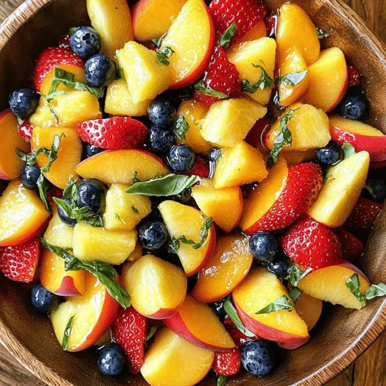 - 4 ripe peaches, pitted and sliced - 1 cup strawberries, hulled and sliced - 1 cup blueberries - 1 cup pineapple, diced - 1/4 cup fresh basil leaves, torn - 3 tablespoons honey - 2 tablespoons lime juice - Zest of 1 lime - A pinch of salt To make the honey lime basil peach fruit salad, you need fresh, ripe peaches. Choose peaches that feel slightly soft when you press them. This shows they are juicy and ready to eat. Next, add other fruits like strawberries, blueberries, and pineapple. They bring more color and taste to the salad. Fresh basil adds a unique flavor. The torn leaves release a lovely scent. You can find basil in most grocery stores or your local farmer's market. For sweetness, we use honey. It blends well with lime juice, which gives a nice tang. The zest of the lime adds even more citrus flavor. Finally, a small pinch of salt helps balance the sweetness. This simple mix creates a vibrant, fresh dish. You can find the full recipe for honey lime basil peach fruit salad in the article. To make this salad, start with the fruits. 1. How to slice and prepare the fruits: Grab the peaches first. Cut them in half and remove the pit. Slice each half into thin wedges. Next, hull the strawberries and slice them too. Rinse the blueberries and set them aside. For the pineapple, peel and core it. Cut it into small, bite-sized pieces. 2. Making the honey lime dressing: In a small bowl, combine three tablespoons of honey, two tablespoons of lime juice, and the zest of one lime. Add a pinch of salt. Whisk the mixture until it's smooth. This dressing will add a sweet and tangy kick. 3. Combining fruits with the dressing: In a large mixing bowl, add the sliced peaches, strawberries, blueberries, and diced pineapple. Pour the honey lime dressing over the fruit. 1. Tossing the salad: Gently toss the fruit salad. Be careful not to mash the peaches. You want all the fruit pieces coated with the dressing. 2. Allowing the flavors to meld: Let the salad sit for about 10 minutes. This step helps the flavors blend together. The honey and lime will soak into the fruits, enhancing their taste. 3. Serving suggestions: You can serve the salad right away. For a cooler treat, refrigerate it for up to 30 minutes before serving. Enjoy it as a side dish or a light dessert. You can find the Full Recipe for more details. How to choose ripe peaches To find ripe peaches, look for ones that feel slightly soft when you press them. The skin should have a nice golden hue. If the peach has a sweet smell, that's a good sign. Avoid peaches with dark spots or wrinkles, as these can be signs of overripeness. Best practices for selecting fresh basil When choosing basil, look for bright green leaves. They should feel firm, not wilted. Avoid any brown or yellow leaves. If you can, smell the leaves; fresh basil has a strong, sweet scent. This is a sign of good quality, and it adds great flavor to your salad. Adding extra sweetness or acidity If you want a sweeter salad, add more honey. You can also use agave syrup or maple syrup as alternatives. For extra acidity, try adding a splash of lemon juice. This can brighten the flavors and make the salad even tastier. Combining different fruits for variation Feel free to mix in other fruits. Mangoes, kiwis, or even raspberries work well. Each fruit brings its own taste and texture. This way, you can create a unique salad every time. Don't be afraid to experiment! {{image_2}} You can get creative with this salad. If peaches are out of season, try these options: - Nectarines: They are sweet and juicy, just like peaches. - Plums: Their tartness adds a nice kick. - Mango: This tropical fruit brings a fun twist. Mixing in other fruits can also change the flavor. Consider adding: - Raspberries: Their bright color and tartness pop in the salad. - Blackberries: These berries add a deep flavor and fun texture. - Melons: Cantaloupe or honeydew add a refreshing crunch. You can easily adjust this salad to fit your needs. - Making it vegan: Simply swap honey for maple syrup or agave nectar. Both add sweetness without animal products. - Low-sugar options: Use a sugar-free sweetener like stevia or monk fruit. You can also reduce the amount of honey or syrup used. These small changes keep the salad fresh and exciting while catering to your tastes and dietary needs. For the complete recipe, check out the Full Recipe section. To store leftovers of your Honey Lime Basil Peach Fruit Salad, keep it in an airtight container. This helps keep the salad fresh. If you have extra dressing, store it separately. This keeps the fruit crisp and prevents sogginess. Always label the container with the date. This way, you know when you made it. For refrigeration, place the salad in the fridge right after serving. The cool air helps maintain its taste. Aim to eat it within a day or two for the best flavor. Avoid leaving it out for more than two hours. This keeps your salad safe to eat. The shelf life of the salad is about two days in the fridge. After this time, the fruit may start to lose its texture. If you notice any browning or mushiness, it’s best to discard it. Always check for freshness before enjoying your leftovers. Freezing is not recommended for this salad. The fruit can become mushy when thawed. If you want to prepare in advance, consider making just the dressing. You can store it in the fridge for up to a week. Mix it with fresh fruit just before serving for the best taste. For the full recipe, check out the complete guide above. Can I use canned fruits? Yes, you can use canned fruits. However, fresh fruits taste better and have more texture. If you choose canned, pick fruits in juice, not syrup. Drain them well to avoid extra liquid. How long does the salad keep in the fridge? The salad stays good in the fridge for about 30 minutes. After that, the fruits may get mushy. If you want it to last longer, store the dressing and fruit separately. Combine them just before serving. What can I substitute for lime juice? Lemon juice is a great substitute for lime juice. It gives a similar tart flavor. You can also use vinegar, but it will taste different. Adjust the amount to fit your taste. This blog post covered how to create a delicious fruit salad with ripe peaches and more. We discussed the key ingredients and simple steps for preparation. You learned tips for selecting fresh fruit and enhancing flavors. We also explored variations for different seasons and dietary needs. Lastly, I shared storage tips to keep your salad fresh. Remember, making this salad can be easy and fun. Enjoy experimenting with flavors and ingredients to suit your taste!