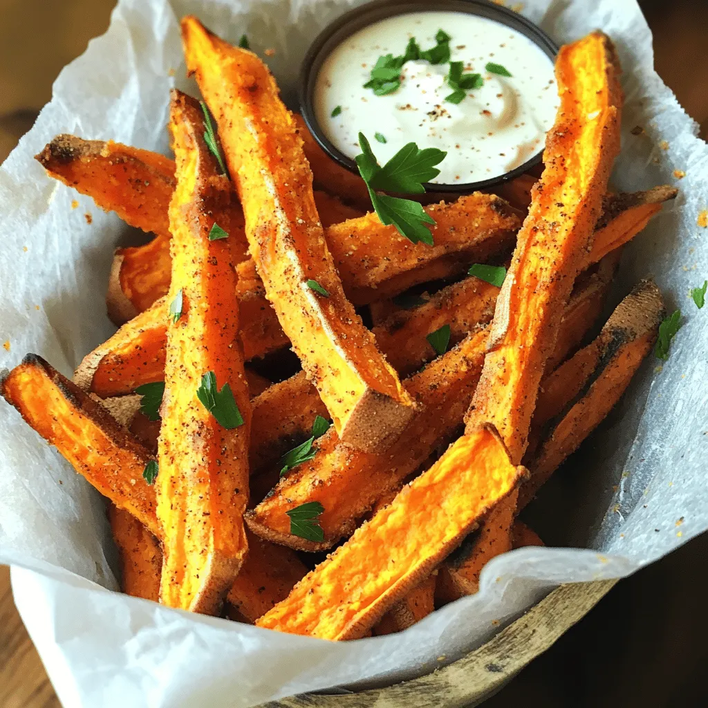 - 2 large sweet potatoes - 2 tablespoons olive oil - 1 teaspoon garlic powder - 1 teaspoon smoked paprika - ½ teaspoon sea salt - ½ teaspoon black pepper - ¼ teaspoon cayenne pepper (optional) - Alternatives to sweet potatoes: You can use regular potatoes or carrots for a change. Both give a nice flavor and texture. - Oil options for frying: If you prefer, you can swap olive oil with avocado oil or coconut oil. Both work well in the air fryer. - Spices to consider: Try using chili powder or onion powder for different flavors. These spices can add a nice twist to your fries. For the complete recipe to make these fries, check the [Full Recipe]. - Wash and peel the sweet potatoes. This removes dirt and skin. - Cut them into even sticks, about 1/4 inch thick. This helps them cook evenly. - Soak the fries in cold water for at least 30 minutes. This removes extra starch, making them crispy. After soaking, drain and pat them dry with a towel. - Preheat your air fryer to 400°F (200°C) for about 5 minutes. This ensures the fries cook evenly and get that perfect crisp. - Place the sweet potato fries in a single layer in the air fryer basket. If needed, cook in batches to avoid crowding. - Air fry at 400°F (200°C) for 15-20 minutes. Shake the basket halfway through for even cooking. - Check the fries when the time is up. They should be golden and crispy. If they need more time, add an extra 2-3 minutes. To make your sweet potato fries super crispy, soak them in cold water. This step removes excess starch. Aim for at least 30 minutes. After soaking, drain the fries and pat them dry with a towel. This helps them crisp up nicely. Air circulation is key in your air fryer. Avoid overcrowding the basket. When fries are in a single layer, hot air can move freely. This leads to even cooking and better texture. If you have a lot of fries, cook them in batches. This helps you get that perfect crispiness you want. For the best flavor, mix up your seasonings. I love using garlic powder and smoked paprika for a savory kick. Sea salt and black pepper add balance. If you enjoy a bit of heat, sprinkle in some cayenne pepper. You can also play with spices. Try adding a pinch of cinnamon for warmth or chili powder for some extra zest. The right seasoning can transform your fries from good to great. For a unique twist, consider mixing in some fresh herbs after frying. This adds freshness and flavor. For more details on making these tasty treats, check out the Full Recipe. {{image_2}} You can easily change up your sweet potato fries with fun flavors. Here are two tasty ideas: - Honey-balsamic sweet potato fries: Drizzle honey and balsamic vinegar over your fries before cooking. This mix gives a sweet and tangy taste that is hard to resist. - Spicy chipotle sweet potato fries: Add chipotle powder or sauce to your seasoning mix. This kick of spice makes the fries bold and zesty. Feel free to mix and match these flavors to find your favorite. Pairing your sweet potato fries with the right dips can elevate the dish. Here are some great options: - Dips that pair well: Consider serving your fries with a creamy yogurt dip or a spicy sriracha mayo. Both options add fun flavors. - Ideas for pairing with main dishes: These fries go great with burgers, grilled chicken, or even as a side with tacos. They add a sweet touch to savory meals. For the full recipe, check out the detailed steps above. Enjoy your cooking! To store leftover fries, let them cool first. Place them in an airtight container. Keep the fries in the fridge for up to three days. This keeps them fresh and tasty. To reheat fries in the air fryer, set it to 400°F (200°C). Place the fries in a single layer in the basket. Heat them for about 5 to 7 minutes. This gives them back their crispiness. Shake the basket halfway through for even heating. Yes, you can freeze sweet potato fries! To freeze them, first, let them cool completely. Spread the fries in a single layer on a baking sheet. Place them in the freezer for about 1 to 2 hours until firm. Then, transfer them to a freezer-safe bag. Squeeze out as much air as possible. They can last for up to three months in the freezer. When ready to cook, you can air fry them straight from frozen. Just add a few extra minutes to the cooking time. Using an air fryer for sweet potato fries has many benefits. First, it uses less oil than traditional frying. This cuts down on fat and calories. Second, the air fryer cooks fries quickly and evenly. You get crispy fries without the mess of deep frying. Lastly, an air fryer is easy to clean. You can enjoy your sweet potato fries with less hassle. Sweet potato fries need 15 to 20 minutes to cook in an air fryer. Set your air fryer to 400°F (200°C). Shake the basket halfway through cooking to ensure even crispiness. If the fries aren’t crispy enough, add 2-3 more minutes. Keep an eye on them to prevent burning. Soaking sweet potato fries helps make them crispier. When you soak them in cold water for at least 30 minutes, it removes excess starch. Less starch means less moisture. This leads to a better crunch when they cook. After soaking, dry the fries well before seasoning and air frying them. Yes, you can use frozen sweet potatoes for air frying. They cook well in the air fryer. However, they may not be as crispy as fresh fries. If you use frozen fries, follow the cooking time on the package. Keep in mind that you may need to adjust the time slightly for the best results. You learned how to make tasty air fryer sweet potato fries. We covered ingredients, cooking steps, and tips for crispiness. Remember, using the right spices and techniques makes a big difference. You can also try fun variations and serve them with great dips. Storing leftovers is easy, too. Enjoy your cooking adventure and share these tips with friends! Your sweet potato fries will be a hit every time.