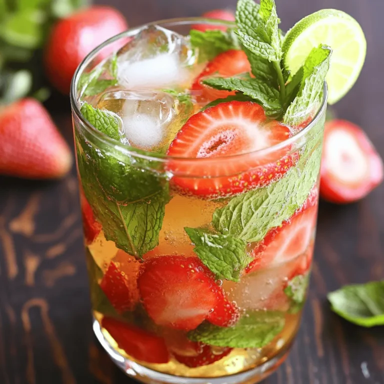 - 1 cup fresh strawberries, hulled and sliced - 10 fresh mint leaves, plus extra for garnish - 2 tablespoons honey or agave syrup (adjust to taste) - 1 lime, juiced - 1 cup soda water - Ice cubes When choosing strawberries, look for bright red ones. They should feel firm and smell sweet. If strawberries are out of season, use frozen ones. Just thaw them before mixing. For mint, fresh is best. Dried mint lacks flavor. You can swap honey for maple syrup if needed. If you want a sugar-free option, use a sweetener like stevia. Soda water gives a fizzy touch, but you can use tonic water for a new taste. Strawberries are packed with vitamin C. They help boost your immune system. Mint aids digestion and adds a refreshing taste. Lime is low in calories and high in antioxidants. It helps keep your skin healthy. Honey provides energy and has natural antibacterial properties. This drink is not just tasty; it’s good for you too! Enjoy this Strawberry Mint Mojito Mocktail and feel great about what you sip. For the complete recipe, check the Full Recipe section. Making a Strawberry Mint Mojito Mocktail is easy and fun. Start by gathering all your ingredients. You will need fresh strawberries, mint leaves, lime, honey or agave syrup, soda water, and ice. Have a sturdy glass or cocktail shaker ready. This drink comes together in just a few minutes. Muddling is key to this mocktail. Begin with the sliced strawberries and mint leaves in your glass. Use a muddler or the back of a spoon. Press down gently and twist. You want to mash the strawberries and release the mint's scent. Be careful not to over-muddle. You want juicy bits, not mush. This step brings out the bright flavors in the drink. To make a perfect mix, add the lime juice and honey to your muddled ingredients. Stir well, so the honey dissolves. Fill your serving glass with ice cubes before pouring the mix over the ice. Top with soda water, stirring gently. This keeps your mocktail fizzy and refreshing. Garnish with extra mint and strawberry slices for a beautiful finish. Enjoy your Strawberry Mint Mojito Mocktail, a refreshing delight for everyone! For more details, check the [Full Recipe]. Serve your Strawberry Mint Mojito Mocktail in clear glasses. This lets the bright colors shine. Add ice cubes to keep drinks cool. For a fun touch, use a colorful straw. You can also add fresh strawberries on the rim. This adds style and makes each drink look special. To boost the flavor, try adding a splash of fruit juice. Pineapple or orange juice works great. You can also mix in some fresh basil leaves. This adds a nice twist to the minty taste. Experiment with different herbs to find your favorite mix. If you like it sweet, use more honey or agave syrup. Start with two tablespoons, then taste it. You can add more if needed. For less sweetness, reduce the syrup. Try using unsweetened soda water for a fresh taste. This way, you keep the balance just right. {{image_2}} You can switch up the flavors in your Strawberry Mint Mojito Mocktail. Try using different berries like blueberries, raspberries, or blackberries. Each berry adds a unique taste. You can mix them together for a berry blast. Just muddle the berries as you do with strawberries. This simple change can make your drink exciting and new. When strawberries are out of season, use other fruits. Fresh peaches or watermelon are great choices. Just chop them into small pieces. Muddle them just like the strawberries. Each fruit brings its own flavor and sweetness. You can also try citrus fruits like oranges or grapefruits. They add a fresh zing to your drink. To make your mocktail even more fun, add herbs. Basil pairs well with strawberries and mint. Crush a few leaves with the strawberries to release their scent. You can also try rosemary for a more earthy taste. These herbs give your drink a unique twist. They not only look nice but also taste amazing. Experimenting with these variations makes your Strawberry Mint Mojito Mocktail even more special. For the full recipe, check out the original instructions. If you have leftover Strawberry Mint Mojito Mocktail, store it in the fridge. Use an airtight container to keep it fresh. Try to drink it within a day for the best taste. The fizz from the soda water will fade over time. Always use fresh strawberries and mint for the best flavor. Keep strawberries in the fridge and wash them just before use. Store mint in a glass of water or wrap it in a damp paper towel. This keeps them fresh longer. You can freeze strawberries for later use. Wash and slice them first, then place them in a single layer on a baking sheet. Once frozen, transfer them to a freezer bag. Mint can also be frozen. Chop it up, place it in ice cube trays, and cover with water. This way, you can add it to drinks later. For the full recipe, check out the detailed guide to make your own Strawberry Mint Mojito Mocktail. Yes, you can make this mocktail in advance. Prepare the strawberry and mint mixture ahead of time. Keep it in the fridge for a few hours. When you are ready to serve, add ice and soda water. This keeps the drink fresh and fizzy. If you want to skip honey or agave, try maple syrup or simple syrup. You can also use stevia or other sugar substitutes. Just be careful with the amount, as these can be sweeter than honey. Adjust to taste for the best flavor. Yes, you can use sparkling water or tonic water instead of soda water. If you prefer less fizz, try lemonade or fruit juice. Just remember, these options may change the flavor a bit. Experiment to find what you like best! This article covered key ingredients, steps, and tips for creating a delicious Strawberry Mint Mojito Mocktail. You learned about ingredient substitutions, health benefits, and how to muddle fruit for maximum flavor. I shared serving ideas and variations to suit your taste. Proper storage tips help keep your mocktail fresh for longer. With these insights, you can impress your guests and enjoy this refreshing drink anytime. Dive into your mocktail-making journey and have fun experimenting with flavors!