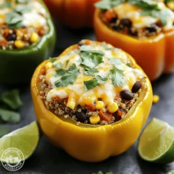 - Bell peppers and their preparation Choose 4 large bell peppers. Any color will work great. Cut off the tops and scoop out the seeds and membranes. Make sure they can stand up straight. A little slice on the bottom helps if they wobble. - Essential ingredients for the stuffing For the stuffing, we need: - 1 cup quinoa, rinsed - 2 cups vegetable broth - 1 can (15 oz) black beans, drained and rinsed - 1 cup corn kernels, fresh or frozen - 1 cup diced tomatoes, canned or fresh - 1 teaspoon of cumin - 1 teaspoon of smoked paprika - ½ teaspoon of garlic powder - ½ teaspoon of onion powder - Salt and pepper to taste - 1 cup shredded cheese, cheddar or a Mexican blend - Optional ingredients for added flavor You can add more flavors if you like. Fresh herbs such as cilantro add a nice touch. A squeeze of lime on top brightens the dish. If you enjoy heat, feel free to add chopped jalapeños or a dash of hot sauce. For a gourmet twist, swap in different grains like rice or couscous. Check out the Full Recipe for more tips! Start by cutting the tops off the bell peppers. Use a sharp knife to slice around the stem. Remove the seeds and membranes inside. This will create a hollow space for the stuffing. If your peppers tip over, slice a tiny bit off the bottom. This helps them stand upright while baking. In a medium saucepan, bring 2 cups of vegetable broth to a boil. Once boiling, add 1 cup of rinsed quinoa. Lower the heat, cover, and let it simmer. Cook for about 15 minutes until the quinoa is fluffy and the broth is fully absorbed. In a large bowl, combine the cooked quinoa with black beans, corn, and diced tomatoes. Add cumin, smoked paprika, garlic powder, onion powder, salt, and pepper. Mix everything well to combine all the flavors. You want the mixture to be colorful and inviting. Preheat your oven to 375°F (190°C). Spoon the stuffing mixture into each bell pepper. Pack it down a bit to fit well. Place the stuffed peppers upright in a baking dish. Top each pepper with a generous amount of shredded cheese. Cover the dish with aluminum foil and bake for 25 minutes. After that, remove the foil. Continue baking for another 10 to 15 minutes until the peppers are tender and the cheese is bubbly and golden. Enjoy your delicious stuffed peppers! For more details, check out the Full Recipe. Choosing the right bell pepper is key. Look for large, firm peppers. Any color works well. Green, red, yellow, or orange peppers all taste great. They should feel heavy for their size and have shiny skin. To ensure even cooking, set your oven to 375°F (190°C). Bake the peppers upright. If they tip over, cut a small slice from the bottom. This will help them stand straight. Cover the dish with foil for the first part of baking. This keeps them moist. Remove the foil later to let the cheese brown. Spices and herbs can really boost flavor. I like to add cumin and smoked paprika to my filling. These spices give a warm, earthy taste. Garlic powder and onion powder also add depth. Try adding a pinch of cayenne for heat if you like it spicy. For cheese, you can switch things up. Cheddar is classic, but feta or goat cheese works well too. If you want a vegan option, skip the cheese or use a plant-based alternative. Nutritional yeast is a great choice for a cheesy flavor without dairy. Presentation matters! Serve the peppers on a colorful plate. Garnish with fresh cilantro for a pop of green. A squeeze of lime adds brightness to the dish. For sides, consider a simple salad or some tortilla chips. You can also pair it with a dollop of sour cream or guacamole. These add creaminess and balance the flavors. Don’t forget to check the [Full Recipe] for more delicious ideas! {{image_2}} You can make stuffed bell peppers for everyone. For a vegetarian option, skip the meat and use more beans or lentils. You can also add nuts or seeds for protein. If you want a vegan option, avoid cheese. Use vegan cheese or skip it altogether. Gluten-free is easy, too. Just make sure you use gluten-free grains like quinoa or rice. Check all your spices and canned goods for gluten, as well. Stuffed peppers can carry many flavors from around the world. For a Mediterranean twist, add olives, feta cheese, and herbs like oregano. An Italian version can include marinara sauce, ground turkey, and mozzarella. You can also change the stuffing. Mix in colorful vegetables like spinach, zucchini, or mushrooms. This makes the dish not only tasty but also healthy and pretty. Using seasonal veggies makes your dish fresh and exciting. In summer, add tomatoes or fresh corn. In fall, try adding roasted squash or sweet potatoes. Adjust your stuffing based on what you find at the market. Each season brings new flavors and textures. You can even use leftover veggies from other meals, reducing waste while making your meal fun. To store leftovers, place them in an airtight container. This keeps the flavors fresh. I recommend cooling the peppers before covering them. You can store them in the fridge for up to three days. If you want to enjoy them later, make sure they are sealed well. Freezing stuffed peppers is easy and keeps them tasty. Wrap each pepper in plastic wrap. Then, place them in a freezer bag or container. This keeps them fresh for about three months. When you're ready to eat, thaw them overnight in the fridge. For best taste, reheat in the oven at 350°F (175°C) until hot. You can also microwave them if you're in a hurry. Prepping ahead saves time on busy days. You can prepare the stuffing and store it in the fridge. This makes it easy to stuff the peppers later. For best results, keep the ingredients separate. This way, your peppers stay fresh and delicious. Enjoy the convenience of meal prep with this delightful recipe! Stuffed bell peppers can last in the fridge for about 3 to 5 days. Make sure to store them in an airtight container. This keeps them fresh and tasty. If you notice any off smells or changes in texture, it's best to toss them. Yes, you can use other grains like rice or couscous. For rice, cook it as you normally would. For couscous, simply add boiling water, cover, and wait a few minutes. Each grain adds a different flavor and texture to your stuffed peppers. Cheddar cheese and Mexican blend cheese work well. They melt nicely and add great flavor. You can also try pepper jack for a spicy kick. For a creamy touch, consider using goat cheese or feta. Mix and match to find your favorite! Absolutely! You can prepare the stuffed peppers a day ahead. Just stuff the peppers and cover them tightly. Store them in the fridge until you're ready to bake. When you're ready, pop them in the oven. They’ll taste just as good! For best results, bake them on the day you plan to eat them. Check the [Full Recipe] for tips on how to make stuffed peppers even more delicious! Stuffed bell peppers are a tasty and versatile dish. We covered the key ingredients and how to prepare them. You learned step-by-step instructions for cooking and baking. I shared tips for perfecting your peppers and ideas for different variations. We also discussed storage and meal prep for convenience. Enjoy experimenting with flavors and ingredients. Remember, cooking is all about creativity and making it your own. Happy cooking!