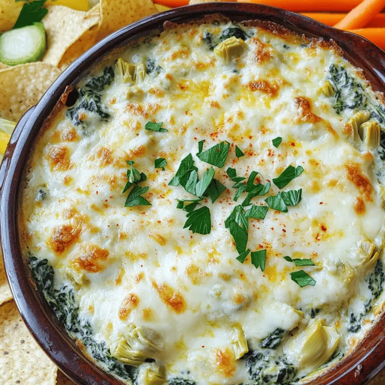 - 1 cup frozen spinach, thawed and drained - 1 cup canned artichoke hearts, chopped - 1 cup cream cheese, softened - ½ cup sour cream - ½ cup mayonnaise - 1 cup shredded mozzarella cheese - ½ cup grated Parmesan cheese - 2 cloves garlic, minced - ½ teaspoon onion powder To make creamy spinach artichoke dip, you need simple yet flavorful ingredients. First, frozen spinach works great. Make sure to thaw and drain it well. Canned artichoke hearts add a nice touch. They are soft and easy to chop. Cream cheese is the base. It gives the dip its rich texture. Sour cream and mayonnaise balance the creaminess. Use full-fat versions for the best taste. Don't forget the cheeses! Mozzarella makes it gooey and stretchy, while Parmesan adds depth. Minced garlic brings a bold flavor. Finally, onion powder adds a subtle hint of sweetness. - Salt and pepper to taste - Optional: Red pepper flakes for heat Season the dip with salt and pepper. This step enhances all the flavors. If you like a kick, add red pepper flakes for heat. Just a pinch can elevate the dish. - Alternative cheeses - Healthier substitutes for sour cream and mayonnaise You can swap out the cheeses if you prefer. Try using cheddar or goat cheese for a different flavor. For a healthier option, use Greek yogurt instead of sour cream or mayonnaise. This switch cuts calories while keeping the dip creamy. First, you need to thaw and drain the spinach. I like to use frozen spinach. After it thaws, squeeze out the extra water. This keeps the dip from getting too watery. Next, chop the canned artichoke hearts. You want them in small pieces. Finally, mince two cloves of garlic. The garlic adds a great flavor to the dip. Now, let's mix the dip. In a large bowl, combine the softened cream cheese, sour cream, and mayonnaise. Stir until it is smooth and creamy. Then, add in the drained spinach, chopped artichokes, minced garlic, and both cheeses. This includes shredded mozzarella and grated Parmesan. Next, sprinkle in the onion powder, salt, and pepper. If you want some heat, add red pepper flakes. Mix everything well until it is fully combined. Before baking, preheat your oven to 375°F (190°C). Grease a baking dish lightly. This helps the dip come out easily. Transfer the dip mixture into the dish and spread it evenly. Bake in the oven for about 25-30 minutes. You want it to be bubbly and golden on top. Once it’s ready, take it out and let it cool for a few minutes before serving. You can find the full recipe in the section above. To make your dip extra creamy, use soft cream cheese. Softening is easy. Just take it out of the fridge and let it sit for 30 minutes. You can also microwave it for 10-15 seconds. This helps it mix better with other ingredients. A smooth base makes a big difference. Temperature matters! Make sure your other ingredients are at room temperature too. Sour cream and mayonnaise blend more easily when warm. This will help create that velvety texture we all love. Adding herbs or spices can really boost the flavor. Try mixing in some garlic powder, Italian seasoning, or fresh basil. Each addition brings a new twist to the dip. If you like a kick, add some red pepper flakes. Cheese combinations are fun to explore. You can use sharp cheddar for a tangy taste. Mixing mozzarella with provolone adds depth. Experiment with what you have on hand for unique flavors. When it comes to dippers, think beyond chips! Fresh veggies like carrots and bell peppers add a nice crunch. Sliced baguette is also a great choice. It soaks up the dip well and tastes fantastic. Presentation is key! Serve the dip in a nice bowl, and don't forget to garnish. A sprinkle of Parmesan cheese or fresh parsley can make it pop. You want your dip to look as good as it tastes! {{image_2}} You can easily make a vegan version of this dip. For dairy-free substitutes, use cashew cream instead of cream cheese. Cashew cream gives a rich texture and flavor. Blend soaked cashews with water until smooth. Add nutritional yeast for that cheesy taste. It adds a nice depth without dairy. Want to spice things up? Try adding sun-dried tomatoes or crispy bacon. Both add a punch of flavor that makes the dip special. If you like heat, mix in some jalapeños. They give a nice kick that pairs well with the creamy base. If you prefer a cold dip, it's easy to adjust the recipe. Just skip the baking part and chill the mixture in the fridge. Serve it with fresh veggies or crackers. It’s a refreshing option for parties. For a nice touch, add a sprinkle of fresh herbs on top before serving. Explore the full recipe for more details on making this tasty dip! To store leftovers, let the dip cool down. Place it in an airtight container. This keeps the dip fresh for longer. I like to use glass containers. They don’t stain and are easy to clean. Make sure to seal the lid tightly before putting it in the fridge. You can freeze this dip for later use. First, let it cool completely. Then, transfer it to a freezer-safe container. Leave some space at the top. The dip will expand as it freezes. When you're ready to eat it, take it out and let it thaw in the fridge overnight. To reheat, bake it at 350°F (175°C) for about 25 minutes. Stir occasionally for even heating. In the fridge, this dip lasts for about 3 to 5 days. If you freeze it, it can last for up to 3 months. Check for signs of spoilage before eating. If it has an off smell, or if you see mold, throw it away. Always trust your senses when it comes to food safety. Yes, you can make this dip ahead of time. Prepare it up to a day before. Store it in a covered dish in the fridge. When you're ready to serve, just bake it. This saves time and makes it easier for parties. You can use Greek yogurt or silken tofu instead of cream cheese. Both will give a creamy texture. Greek yogurt adds a tangy flavor, while silken tofu keeps it neutral. Choose based on your taste and dietary needs. Yes, this dip is gluten-free. All its ingredients are naturally gluten-free. Just ensure the brands of your mayonnaise and other products are labeled gluten-free. This way, you can enjoy it without worry. Look for a bubbly surface and a golden top. This means the cheese has melted well. You can also insert a fork into the center. If it comes out warm, your dip is ready to serve. Yes, you can serve this dip cold. For a cold version, mix all ingredients and chill it in the fridge. It pairs well with fresh veggies or crackers. However, I recommend enjoying it warm for the best flavor. For the full recipe, check out the provided link. Making a tasty creamy spinach artichoke dip is simple. We covered the main ingredients, including spinach, artichokes, and cheeses. I shared steps for prepping, mixing, and baking. You learned tips for creaminess and flavor boosts. You can also try variations, like vegan options and cold recipes. Remember to store leftovers properly to keep them fresh. Enjoy this dip at your next party or as a snack. It’s perfect for sharing and will impress anyone who tastes it. Now, get cooking and enjoy your delicious dip!
