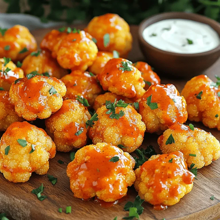 - Cauliflower florets - All-purpose flour - Buffalo sauce Buffalo cauliflower bites start with fresh cauliflower. The florets give a great texture. Use one medium head for the best flavor. Next, you need all-purpose flour. It helps the batter stick. Lastly, choose your buffalo sauce. You can pick mild or spicy. This adds the kick! - Garlic powder - Onion powder - Paprika - Salt and black pepper For added flavor, use garlic powder. It gives a warm taste. Onion powder adds depth, too. Paprika gives a slight smokiness. Don't forget salt and black pepper. They enhance all the flavors. Mix these spices into your batter. This step is key for great taste. - Melted butter - Fresh parsley for garnish If you want a richer flavor, add melted butter to the buffalo sauce. It makes the sauce creamier. Also, consider fresh parsley for garnish. It adds a bright color and freshness. This little touch makes your dish look even better. You can find the full recipe for these bites above. Enjoy making this tasty treat! - Preheat your oven to 450°F (230°C). - Line a baking sheet with parchment paper for easy cleanup. - In a mixing bowl, whisk together: - 1 cup all-purpose flour - 1 cup water - 1 teaspoon garlic powder - 1 teaspoon onion powder - 1 teaspoon paprika - 1/2 teaspoon salt - 1/2 teaspoon black pepper - Mix until you have a smooth batter. - Take each cauliflower floret and dip it into the batter. - Let the excess batter drip off before placing it on the baking sheet. - Arrange the florets in a single layer. This helps them cook evenly. - Place the baking sheet in the oven and bake for 20 minutes. - Flip the florets halfway through to ensure they get crispy on all sides. - In a bowl, mix 1 cup of buffalo sauce with 2 tablespoons of melted butter if you want extra creaminess. - After the first bake, remove the cauliflower from the oven. - Drizzle the buffalo sauce over the baked florets and toss gently. - Return the baking sheet to the oven and bake for another 10-15 minutes. - Look for a crispy, golden brown finish. Enjoy these bites straight out of the oven! For the full recipe, check out the provided link. To get that perfect crunch, batter consistency matters. Your batter should not be too thick or too runny. It needs to coat the florets well. This balance helps create a crispy outer layer. Flipping the florets halfway through baking is key. It ensures both sides crisp up nicely. This simple step can make a big difference in texture. If you prefer an air fryer, here’s how to do it. Preheat your air fryer to 400°F (200°C). Place the coated florets in a single layer. Air fry for about 15 minutes, shaking the basket halfway through. This method gives you a delightful crisp without using much oil. If you want to fry them, heat oil in a deep pan. Fry the florets until golden brown, about 3-4 minutes. Then, drain them on a paper towel. Buffalo cauliflower bites pair well with various dipping sauces. Ranch and blue cheese dressings are great choices. They balance the heat of the buffalo sauce and add creaminess. For plating, arrange the bites on a colorful platter. Add some fresh parsley as a garnish for a pop of color. Serve with your favorite dipping sauce on the side for an appealing look. Enjoy these bites warm for the best flavor! {{image_2}} You can change the spice level in Buffalo cauliflower bites easily. For mild bites, use less buffalo sauce. If you want more heat, add more sauce or use a spicier brand. You can also swap out the sauce for other flavors. Try barbecue sauce for a sweet twist or teriyaki sauce for an Asian flair. Experiment with herbs like thyme or oregano to make it unique. For a gluten-free version, swap all-purpose flour with gluten-free flour. This keeps the bites crispy without the gluten. You can also use chickpea flour, which adds a nice flavor and protein. For vegan options, skip the butter in the sauce. You can use olive oil or coconut oil instead. This keeps the bites vegan while still tasting great. These bites pair well with many side dishes. Serve them with a fresh salad for a light meal. You can also add carrot and celery sticks for crunch. For drinks, iced tea or lemonade works well. If you prefer something stronger, try a light beer or a crisp white wine. These pairings enhance the flavors and make your meal more enjoyable. To keep your Buffalo Cauliflower Bites fresh, use airtight containers. Glass or plastic containers work well. Make sure they are completely cool before sealing. Store in the fridge for up to 3 days. This way, they stay tasty and safe to eat. To reheat your leftovers, the oven is best. Preheat it to 350°F (175°C). Place the bites on a baking sheet for about 10-15 minutes. This keeps them crispy. The microwave is faster but can make them soggy. If you use the microwave, heat them for 1-2 minutes on a plate. If you want to freeze these bites, let them cool completely. Place them in a single layer on a baking sheet. Freeze for 1-2 hours until firm. Then, transfer them to a freezer bag. They can last for up to 2 months. When ready to eat, thaw them overnight in the fridge. Reheat in the oven to restore crispiness. Follow the Full Recipe for serving ideas and tips! You can pair Buffalo Cauliflower Bites with many tasty sides. Here are some great ideas: - Dipping Sauces: Ranch or blue cheese dressing works well. - Veggies: Carrot and celery sticks add a nice crunch. - Salads: A side salad can balance the heat. - Grains: Serve with quinoa or rice for a complete meal. These combinations make the bites even more enjoyable! Yes, you can prepare Buffalo Cauliflower Bites in advance. Here are some tips: - Prepare the batter: Make the batter a day ahead and store it in the fridge. - Cut the cauliflower: You can cut the florets and store them in water to keep them fresh. - Bake and store: Bake the bites, then let them cool. Store them in airtight containers for up to three days. Reheat in the oven for a crispy finish. To adjust the spice level, follow these steps: - Use mild sauce: Choose a mild buffalo sauce instead of a spicy one. - Add butter: Mix in melted butter to the sauce for a creamier, smoother flavor. - Mix with other sauces: Combine buffalo sauce with ketchup or honey for a milder taste. These changes will help you enjoy the bites without too much heat! Buffalo cauliflower bites are a tasty treat that anyone can enjoy. We covered main ingredients, like cauliflower and buffalo sauce, plus the steps to prepare, bake, and serve them. I included tips for achieving that perfect crispy texture and offered fun variations to try. Finally, I shared storage and reheating advice so you can enjoy these bites later. Follow these simple steps, and you'll create a dish that's sure to impress. Dive in, experiment, and enjoy delicious buffalo cauliflower bites any time!