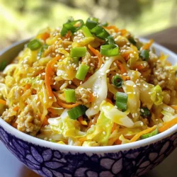 For a tasty Egg Roll in a Bowl, you need some key ingredients. Here’s what you’ll use: - 1 pound ground chicken (or turkey for a leaner option) - 1 tablespoon sesame oil - 2 cups coleslaw mix (shredded cabbage and carrots) - 1 small onion, diced - 2 cloves garlic, minced - 1 tablespoon ginger, grated - 1/4 cup soy sauce (or tamari for gluten-free) - 1 tablespoon rice vinegar - 1 teaspoon sriracha (optional, for heat) - 2 green onions, sliced (for garnish) - Toasted sesame seeds (for garnish) These ingredients work together to create a rich taste that mimics a classic egg roll. The ground meat gives the dish protein while the coleslaw mix adds crunch. You can make your Egg Roll in a Bowl even better with some extra toppings. Here are a few ideas: - Chopped cilantro for freshness - Crushed peanuts for crunch - Extra veggies like bell peppers or snap peas Adding these toppings can change the flavor experience. They add brightness and make the dish more colorful. If you have dietary needs, you can still enjoy this dish. Here are some swaps: - For gluten-free, use tamari instead of soy sauce. - For a vegetarian or vegan version, replace the meat with tofu or tempeh. These changes keep the dish tasty while meeting different diets. You won’t miss out on flavor or satisfaction even with these swaps. You can find the Full Recipe to ensure you have all the ingredients and steps needed. To make Egg Roll in a Bowl, you need to prep the veggies and meat. Start by chopping one small onion and mincing two cloves of garlic. Grate a tablespoon of fresh ginger too. If you choose ground chicken, make sure it is thawed. For a leaner option, turkey works well too. Gather these kitchen tools: - Large skillet or wok - Spatula for stirring - Cutting board and knife - Measuring spoons Now for the fun part: cooking! Heat one tablespoon of sesame oil in your skillet over medium-high heat. Add the diced onion and sauté for 2-3 minutes. You want the onion to be soft and clear. Then, toss in the minced garlic and grated ginger. Cook for one more minute until you smell their lovely scent. Next, add the ground chicken or turkey. Break it apart with your spatula. Cook for 5-7 minutes until it turns brown and is no longer pink. This step is key for flavor. After that, stir in two cups of coleslaw mix, soy sauce, and rice vinegar. If you like heat, add sriracha. Cook everything for another 3-5 minutes. You want the cabbage to be tender, but still a bit crunchy. Finally, taste your dish. If it needs more flavor, add a splash of soy sauce or extra sriracha. Remove the skillet from heat and let it sit for a minute before serving. Serve your Egg Roll in a Bowl in nice, deep bowls. This dish looks great with a sprinkle of sliced green onions and toasted sesame seeds on top. For a complete meal, you can pair it with steamed rice or crispy wontons. When making Egg Roll in a Bowl, keep an eye on your veggies. Overcooking them makes them mushy. Undercooking can leave them too hard. Aim for tender but crunchy vegetables. Also, don’t skip seasoning adjustments. Taste your dish as you cook. Add soy sauce or sriracha to boost flavor. To speed up this dish, use pre-chopped coleslaw mix. This saves time on prep. You can also cook the meat ahead of time. Meal prepping helps you make this meal quickly. Cook a big batch and store it in the fridge. You’ll have a tasty meal ready in just minutes. For extra flavor, try adding sauces or toppings. I love adding hoisin sauce or extra soy sauce. Top with sesame seeds or chopped peanuts for crunch. Want more heat? Adjust the spice with sriracha or chili flakes. This way, you can personalize each bowl to your taste. If you follow the Full Recipe, you will enjoy a great meal! {{image_2}} You can switch out ground chicken for many proteins. Ground turkey is a leaner choice. If you want something different, try pork or beef. For a plant-based option, use crumbled tofu or tempeh. These options add unique flavors and textures. Want to spice things up? Add ingredients like water chestnuts for crunch. Try using different sauces, like hoisin or chili garlic sauce. For low-carb diets, skip the coleslaw mix. Use cauliflower rice instead. This keeps the dish filling without the carbs. Make this dish kid-friendly by adding more veggies. Bell peppers and snap peas are great choices. If your kids dislike spice, leave out the sriracha. You can also serve it with soy sauce on the side. This way, each person can adjust the flavor. To keep your Egg Roll in a Bowl fresh, use an airtight container. Glass containers work well, but plastic also does the job. Store it in the fridge and enjoy it within three to four days. Keeping it cool helps maintain its flavor and texture. When you want to reheat, use a skillet over medium heat. This method warms it evenly and keeps it tasty. Stir it often to avoid burning. You can also use a microwave on low power. To prevent sogginess, add a splash of water before microwaving. Cover it loosely to keep moisture in, but allow steam to escape. To freeze Egg Roll in a Bowl, let it cool completely first. Place it in a freezer-safe container or bag. Remove as much air as possible to avoid freezer burn. It can last for up to three months in the freezer. When you're ready to eat, thaw it overnight in the fridge. Reheat it in a skillet for the best taste and texture. Egg Roll in a Bowl is a deconstructed version of the classic egg roll. It has all the flavor but skips the wrapper. This dish combines ground meat, cabbage, and tasty seasonings, all in one bowl. You can use chicken, turkey, or even plant-based meat. Common variations include adding different vegetables like bell peppers or mushrooms. To make this dish vegan, substitute the ground meat with a plant-based option. You can use mushrooms, tofu, or tempeh. Replace the soy sauce with a vegan alternative like tamari. Ensure your rice vinegar and sesame oil are vegan too. Yes, you can easily make Egg Roll in a Bowl gluten-free. Use tamari instead of soy sauce. Check that your rice vinegar is gluten-free as well. Be mindful of cross-contamination with gluten-containing foods. Use clean utensils and surfaces if someone has a gluten allergy. Egg Roll in a Bowl goes well with many sides. Try serving it with steamed rice or cauliflower rice for a lighter option. A fresh salad or crispy spring rolls can complement the meal nicely. For drinks, pair it with green tea or a light soda. You can also explore flavors with a fruity iced tea. Egg Roll in a Bowl is a simple and tasty meal. We discussed key ingredients like ground meat and seasonings. You can enhance flavors with toppings and extra veggies. Dietary needs can be met with easy substitutions. Followed by step-by-step prep and cooking tips, you'll avoid common mistakes. Each variation allows you to explore different proteins and flavors. Store leftovers properly for best taste, and reheating tips will bring back that first-day flavor. With this knowledge, you can create a delicious, flexible dish that suits everyone. Enjoy your cooking!