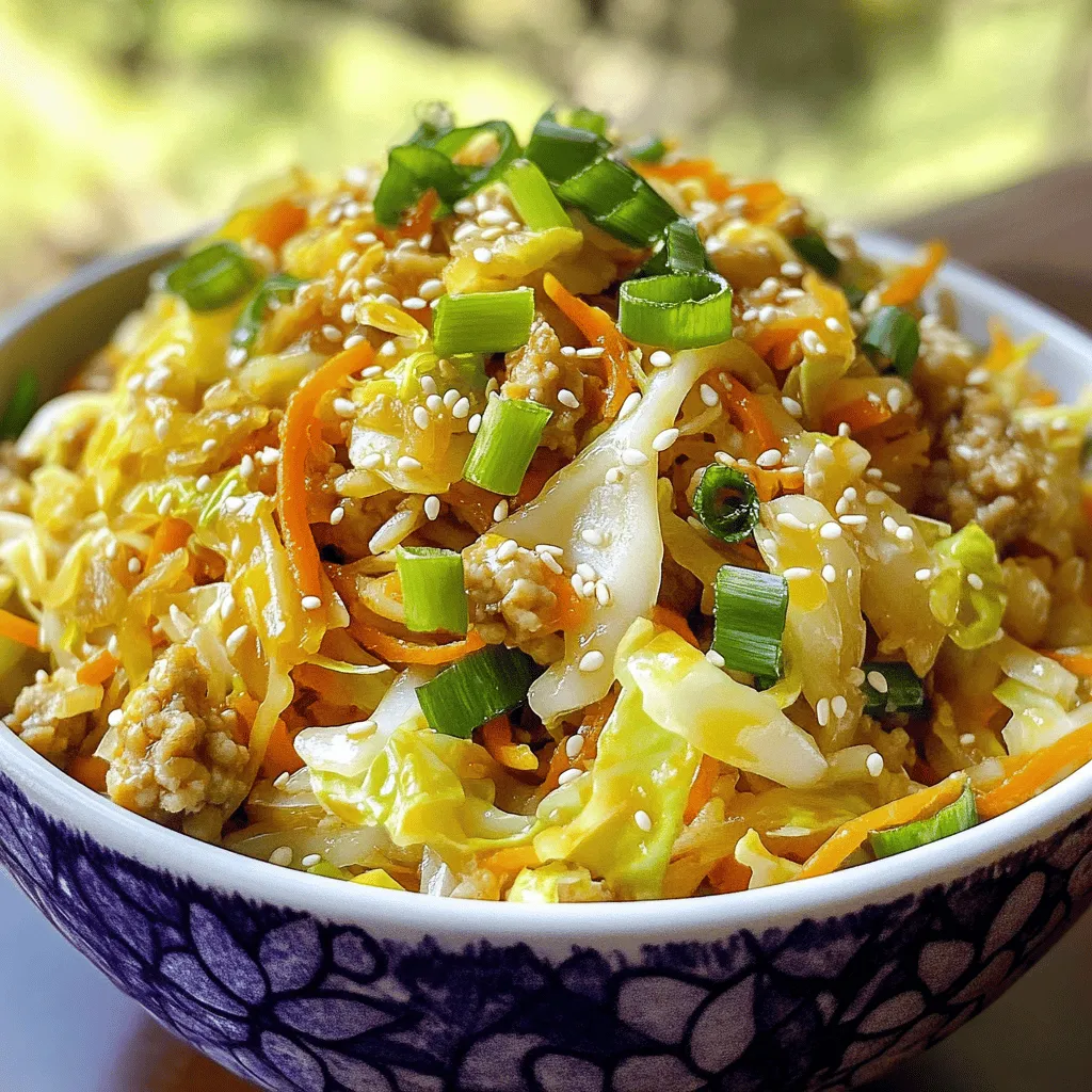 For a tasty Egg Roll in a Bowl, you need some key ingredients. Here’s what you’ll use: - 1 pound ground chicken (or turkey for a leaner option) - 1 tablespoon sesame oil - 2 cups coleslaw mix (shredded cabbage and carrots) - 1 small onion, diced - 2 cloves garlic, minced - 1 tablespoon ginger, grated - 1/4 cup soy sauce (or tamari for gluten-free) - 1 tablespoon rice vinegar - 1 teaspoon sriracha (optional, for heat) - 2 green onions, sliced (for garnish) - Toasted sesame seeds (for garnish) These ingredients work together to create a rich taste that mimics a classic egg roll. The ground meat gives the dish protein while the coleslaw mix adds crunch. You can make your Egg Roll in a Bowl even better with some extra toppings. Here are a few ideas: - Chopped cilantro for freshness - Crushed peanuts for crunch - Extra veggies like bell peppers or snap peas Adding these toppings can change the flavor experience. They add brightness and make the dish more colorful. If you have dietary needs, you can still enjoy this dish. Here are some swaps: - For gluten-free, use tamari instead of soy sauce. - For a vegetarian or vegan version, replace the meat with tofu or tempeh. These changes keep the dish tasty while meeting different diets. You won’t miss out on flavor or satisfaction even with these swaps. You can find the Full Recipe to ensure you have all the ingredients and steps needed. To make Egg Roll in a Bowl, you need to prep the veggies and meat. Start by chopping one small onion and mincing two cloves of garlic. Grate a tablespoon of fresh ginger too. If you choose ground chicken, make sure it is thawed. For a leaner option, turkey works well too. Gather these kitchen tools: - Large skillet or wok - Spatula for stirring - Cutting board and knife - Measuring spoons Now for the fun part: cooking! Heat one tablespoon of sesame oil in your skillet over medium-high heat. Add the diced onion and sauté for 2-3 minutes. You want the onion to be soft and clear. Then, toss in the minced garlic and grated ginger. Cook for one more minute until you smell their lovely scent. Next, add the ground chicken or turkey. Break it apart with your spatula. Cook for 5-7 minutes until it turns brown and is no longer pink. This step is key for flavor. After that, stir in two cups of coleslaw mix, soy sauce, and rice vinegar. If you like heat, add sriracha. Cook everything for another 3-5 minutes. You want the cabbage to be tender, but still a bit crunchy. Finally, taste your dish. If it needs more flavor, add a splash of soy sauce or extra sriracha. Remove the skillet from heat and let it sit for a minute before serving. Serve your Egg Roll in a Bowl in nice, deep bowls. This dish looks great with a sprinkle of sliced green onions and toasted sesame seeds on top. For a complete meal, you can pair it with steamed rice or crispy wontons. When making Egg Roll in a Bowl, keep an eye on your veggies. Overcooking them makes them mushy. Undercooking can leave them too hard. Aim for tender but crunchy vegetables. Also, don’t skip seasoning adjustments. Taste your dish as you cook. Add soy sauce or sriracha to boost flavor. To speed up this dish, use pre-chopped coleslaw mix. This saves time on prep. You can also cook the meat ahead of time. Meal prepping helps you make this meal quickly. Cook a big batch and store it in the fridge. You’ll have a tasty meal ready in just minutes. For extra flavor, try adding sauces or toppings. I love adding hoisin sauce or extra soy sauce. Top with sesame seeds or chopped peanuts for crunch. Want more heat? Adjust the spice with sriracha or chili flakes. This way, you can personalize each bowl to your taste. If you follow the Full Recipe, you will enjoy a great meal! {{image_2}} You can switch out ground chicken for many proteins. Ground turkey is a leaner choice. If you want something different, try pork or beef. For a plant-based option, use crumbled tofu or tempeh. These options add unique flavors and textures. Want to spice things up? Add ingredients like water chestnuts for crunch. Try using different sauces, like hoisin or chili garlic sauce. For low-carb diets, skip the coleslaw mix. Use cauliflower rice instead. This keeps the dish filling without the carbs. Make this dish kid-friendly by adding more veggies. Bell peppers and snap peas are great choices. If your kids dislike spice, leave out the sriracha. You can also serve it with soy sauce on the side. This way, each person can adjust the flavor. To keep your Egg Roll in a Bowl fresh, use an airtight container. Glass containers work well, but plastic also does the job. Store it in the fridge and enjoy it within three to four days. Keeping it cool helps maintain its flavor and texture. When you want to reheat, use a skillet over medium heat. This method warms it evenly and keeps it tasty. Stir it often to avoid burning. You can also use a microwave on low power. To prevent sogginess, add a splash of water before microwaving. Cover it loosely to keep moisture in, but allow steam to escape. To freeze Egg Roll in a Bowl, let it cool completely first. Place it in a freezer-safe container or bag. Remove as much air as possible to avoid freezer burn. It can last for up to three months in the freezer. When you're ready to eat, thaw it overnight in the fridge. Reheat it in a skillet for the best taste and texture. Egg Roll in a Bowl is a deconstructed version of the classic egg roll. It has all the flavor but skips the wrapper. This dish combines ground meat, cabbage, and tasty seasonings, all in one bowl. You can use chicken, turkey, or even plant-based meat. Common variations include adding different vegetables like bell peppers or mushrooms. To make this dish vegan, substitute the ground meat with a plant-based option. You can use mushrooms, tofu, or tempeh. Replace the soy sauce with a vegan alternative like tamari. Ensure your rice vinegar and sesame oil are vegan too. Yes, you can easily make Egg Roll in a Bowl gluten-free. Use tamari instead of soy sauce. Check that your rice vinegar is gluten-free as well. Be mindful of cross-contamination with gluten-containing foods. Use clean utensils and surfaces if someone has a gluten allergy. Egg Roll in a Bowl goes well with many sides. Try serving it with steamed rice or cauliflower rice for a lighter option. A fresh salad or crispy spring rolls can complement the meal nicely. For drinks, pair it with green tea or a light soda. You can also explore flavors with a fruity iced tea. Egg Roll in a Bowl is a simple and tasty meal. We discussed key ingredients like ground meat and seasonings. You can enhance flavors with toppings and extra veggies. Dietary needs can be met with easy substitutions. Followed by step-by-step prep and cooking tips, you'll avoid common mistakes. Each variation allows you to explore different proteins and flavors. Store leftovers properly for best taste, and reheating tips will bring back that first-day flavor. With this knowledge, you can create a delicious, flexible dish that suits everyone. Enjoy your cooking!