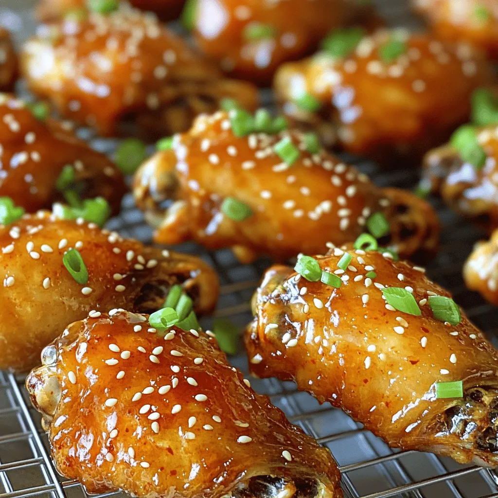- Chicken wings - Honey - Soy sauce - Sriracha - Garlic - Ginger - Olive oil - Paprika - Black pepper - Salt - Sesame seeds - Green onions You may want to switch some ingredients. If you need a honey substitute, consider maple syrup or agave nectar. For soy sauce, try tamari or coconut aminos. If sriracha is too spicy, use ketchup or sweet chili sauce. Using fresh garlic and ginger makes a big difference. Fresh ingredients add vibrant flavor. They also offer more health benefits. Quality chicken wings are key for great taste. Look for wings with a good amount of meat and skin. This ensures they cook well and stay juicy. First, set your oven to 425°F (220°C). This high heat helps make the wings crispy. Next, line a baking sheet with aluminum foil. This makes cleanup easy. Then, place a wire rack on top of the sheet. The rack allows air to flow around the wings for even cooking. Now it's time to make the marinade. In a large bowl, mix together: - 1/4 cup honey - 3 tablespoons soy sauce - 2 tablespoons sriracha - 4 cloves garlic, minced - 1 teaspoon ginger, minced - 1 tablespoon olive oil - 1 teaspoon paprika - 1/2 teaspoon black pepper - 1/2 teaspoon salt Whisk the ingredients well until they blend together. Add your chicken wings to the bowl. Toss them around until they are fully coated. For the best flavor, let them sit in the marinade for at least 30 minutes. If you can wait, marinate them for up to 2 hours. After marinating, it’s time to bake. Arrange the wings in a single layer on the wire rack. This helps them cook evenly and get that nice crispy texture. Bake them for 30 to 35 minutes. Flip the wings halfway through to ensure they brown on both sides. They are done when they are golden brown and crispy. For an extra flavor boost, you can toss the baked wings in the remaining marinade right after they come out of the oven. Serve them hot, and don’t forget the sesame seeds and chopped green onions for garnish. Enjoy your spicy honey garlic chicken wings! For the full recipe, check out the earlier section. To make your chicken wings crispy, start by drying them. Pat the wings with paper towels. This step removes extra moisture and helps them crisp up in the oven. Use a wire rack on your baking sheet. This allows hot air to circulate around the wings. Bake them at 425°F (220°C) for 30-35 minutes. Flip them halfway for even cooking. For extra crunch, broil the wings for 2-3 minutes at the end. Watch closely to avoid burning. You can adjust the sweetness and heat to fit your taste. If you like it sweeter, add more honey. For extra heat, increase the sriracha. Always taste your marinade before adding the wings. This way, you can ensure the flavor is just right. When coating the wings, use tongs for even coverage. Toss them well in the marinade to ensure every bite is tasty. Spicy honey garlic wings pair well with simple sides. Try serving them with celery sticks and carrot sticks. These fresh veggies balance the heat. A creamy ranch or blue cheese dip also works great. You can even add a side of fries for a heartier meal. Don't forget to sprinkle sesame seeds and green onions on top for a nice touch! {{image_2}} You can change the heat of your wings easily. For milder wings, cut back on sriracha. Use one tablespoon instead of two. If you want them hotter, add more sriracha or some cayenne pepper. Try mixing in chili flakes for a different kick. You can also use smoked paprika for a smoky touch. You can cook these wings in an air fryer too. Set it to 400°F (200°C) and cook them for 25 minutes. Flip them halfway for even crisping. If it's summer, grilling is a great choice. Preheat your grill to medium heat and cook the wings for about 15-20 minutes. Baste them with the marinade for added flavor. Want to add some zing? Squeeze fresh lime or lemon juice on the wings. This adds brightness and balances the heat. For a twist, add pineapple or mango chunks to the marinade. You can also try a teriyaki sauce for an Asian flair. Mix in sesame oil and rice vinegar for a unique flavor. For the full recipe, you can refer to the detailed steps listed earlier. Enjoy experimenting! To store leftover wings, place them in an airtight container. This helps keep them fresh. You can also wrap them in plastic wrap. Make sure to cool them first. Store them in the fridge for up to four days. For reheating, use your oven or air fryer. Preheat your oven to 350°F (175°C). Place the wings on a baking sheet. Heat for about 10-15 minutes until hot. The air fryer works too. Set it to 350°F and heat for 5-7 minutes. Freezing wings is easy for long-term storage. First, let the wings cool completely. Then, place them in a freezer-safe bag. Remove as much air as possible before sealing. You can freeze them for up to three months. To thaw, move the wings to the fridge overnight. For quick thawing, place them in cold water for about an hour. Reheat them in the oven or air fryer as mentioned above. This keeps them crispy and tasty. You should consume leftovers within four days. After that, they may lose flavor and texture. Look for signs that wings have gone bad. If they smell sour or look discolored, throw them away. Don't risk it—it's better to be safe than sorry! Marinating the wings adds great flavor. I recommend at least 30 minutes. If you have more time, two hours is best. This allows the marinade to soak in deeply. You can even marinate overnight for extra taste. Just remember to keep them in the fridge! Yes, frozen wings work too! For best results, thaw them first. If you cook them straight from frozen, add 10-15 minutes to the bake time. Make sure they reach 165°F (75°C) in the center. This ensures they cook evenly and taste great. If you need a sriracha substitute, try hot sauce or chili paste. You can also use garlic chili sauce for a similar kick. Adjust the amount to match your heat level. If you want a milder option, use sweet chili sauce instead. Check the wings with a meat thermometer. They should reach an internal temperature of 165°F (75°C). Look for clear juices when you cut one open. If the juices are pink, cook them a bit longer. This ensures they are safe and delicious to eat. For a full cooking guide, check the Full Recipe. This guide covered how to make delicious chicken wings with key ingredients and tips. You learned about choosing the best fresh items, marinating, and baking for crispiness. I shared variations for heat levels and alternative cooking methods. Storing and reheating tips help you enjoy leftovers longer. Experiment with flavors and cooking styles to make these wings your own. Enjoy crafting your perfect wing recipe!