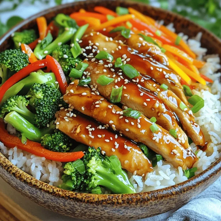 To make Teriyaki Chicken Rice Bowls, gather these items: - 2 boneless, skinless chicken breasts, sliced into thin strips - 1 cup jasmine rice - 2 cups water or chicken broth - 1/4 cup soy sauce - 2 tablespoons honey - 1 tablespoon rice vinegar - 1 tablespoon sesame oil - 2 cloves garlic, minced - 1 teaspoon fresh ginger, grated - 1 medium carrot, julienned - 1 red bell pepper, sliced - 1 cup broccoli florets - 2 green onions, chopped (for garnish) - Sesame seeds (for garnish) You will need some basic tools to prepare this dish: - A sharp knife for cutting chicken and vegetables - A cutting board for safe chopping - A bowl for marinating the chicken - A saucepan for cooking rice - A large skillet or wok for stir-frying - A spatula for stirring If you want to swap some items, here are some great ideas: - Chicken: Use tofu or shrimp for a different protein. - Soy Sauce: Coconut aminos or tamari work well as gluten-free options. - Jasmine Rice: Brown rice or quinoa are healthy alternatives. - Vegetables: Feel free to use snap peas, zucchini, or any seasonal veggies you prefer. These substitutions keep your meal tasty while fitting your needs. Check out the Full Recipe for more details! First, you need to marinate the chicken. In a bowl, mix together the soy sauce, honey, rice vinegar, sesame oil, minced garlic, and grated ginger. This blend gives the chicken its sweet and savory flavor. Add the chicken strips to the bowl, making sure they are well-coated. Cover the bowl and place it in the fridge for at least 30 minutes. This step adds depth to the flavor. While the chicken marinates, it’s time to cook the rice. Rinse one cup of jasmine rice in cold water until it runs clear. This removes excess starch. In a saucepan, combine the rice with two cups of water or chicken broth. Bring it to a boil. Once boiling, reduce the heat to low and cover. Let it simmer for about 15-18 minutes. When done, let it sit for five more minutes. Fluff it with a fork before serving. Next, prepare the vegetables. Heat a large skillet or wok over medium-high heat. You can add a splash of water or a bit of sesame oil. Toss in the broccoli, carrot, and bell pepper. Stir-fry them for about five minutes. You want them tender but still crisp. Once cooked, remove them from heat and set them aside. Now, it’s time to cook the chicken. In the same skillet, add the marinated chicken along with the leftover marinade. Cook the chicken for about 5-7 minutes. Make sure to stir frequently for even cooking. The chicken should be cooked through and caramelized. This step is key for flavor and texture. To assemble the bowls, scoop a portion of jasmine rice into each bowl. Top it with the teriyaki chicken and a generous serving of the stir-fried vegetables. This way, each bite is full of flavor and texture. Finally, garnish your bowls to make them look pretty. Sprinkle chopped green onions and sesame seeds on top. This adds a nice crunch and burst of flavor. Plus, it makes your dish look professional! For the full recipe, check out the details above. Enjoy your delicious Teriyaki Chicken Rice Bowls! To cook chicken for your teriyaki rice bowl, use a skillet or wok. These methods give you great flavor and texture. Make sure your pan is hot before adding the chicken. This helps the chicken to sear and caramelize nicely. Stir the chicken often. This ensures even cooking all around. If you want extra flavor, cook the chicken in the leftover marinade. This adds a rich taste. Fluffy rice is key for a perfect rice bowl. First, rinse the jasmine rice with cold water until it runs clear. This removes excess starch. Next, use a 1:2 rice-to-water ratio. If you prefer, use chicken broth for more flavor. Bring the water to a boil, then cover and reduce the heat to low. Let it simmer for 15-18 minutes. After cooking, let the rice sit for 5 minutes. Fluff it gently with a fork to separate the grains. To save time, prep your ingredients before cooking. Slice the chicken and vegetables early. You can even marinate the chicken the night before. This way, it's ready to cook when you are. Use a rice cooker for perfect rice without constant checking. It frees you up to focus on the chicken and veggies. Lastly, consider using pre-cut vegetables. They can save you lots of time and effort. For the full recipe, check the details above. {{image_2}} For a tasty twist, try using tofu instead of chicken. Start with firm tofu. Press it to remove extra water. Cut it into cubes and marinate it just like the chicken. This adds a nice texture and flavor. Cook the tofu until it’s golden brown. Serve it over rice with your favorite veggies. The flavors blend nicely, and it’s a great option for veggie lovers! If you enjoy some heat, add chili flakes or sriracha to the sauce. You can mix it in the marinade or drizzle it on top after cooking. This adds a fun kick to your bowl. You can also garnish with fresh sliced jalapeños for a spicy crunch. Adjust the spice level to fit your taste. For a vegan version, swap the chicken for tempeh or mushrooms. These options provide a hearty texture. Use tamari instead of soy sauce to keep it gluten-free. Serve with brown rice or quinoa for added nutrition. You can enjoy this dish without losing flavor or satisfaction. It’s all about finding what works for you! Explore different toppings like avocado or nuts for added crunch. Check out the Full Recipe for more ideas! To keep your teriyaki chicken rice bowls fresh, store leftovers in an airtight container. Let the food cool down first. This helps prevent condensation, which can make the rice soggy. You can keep them in the fridge for up to three days. When you are ready to eat, you can easily reheat the leftovers. Use a microwave-safe bowl. Add a splash of water to the rice to keep it moist. Heat in the microwave for 1-2 minutes, stirring halfway through. If you prefer, you can reheat on the stove. Just warm it in a pan over low heat. Stir occasionally to avoid burning. If you want to store your teriyaki chicken rice bowls for longer, freezing is a great option. Make sure to cool the dish completely before freezing. Use a freezer-safe container or bag to prevent freezer burn. You can freeze them for up to three months. When you are ready to eat, thaw in the fridge overnight. Reheat as mentioned above. This method keeps your meal tasty and fresh. To cook jasmine rice, rinse it first. Use cold water until it runs clear. Add one cup of rice to two cups of water or chicken broth in a pot. Bring it to a boil, then lower the heat. Cover and let it simmer for about 15-18 minutes. After that, let it sit covered for five minutes. Fluff it with a fork before serving. This method makes the rice soft and fragrant, perfect for your teriyaki chicken rice bowls. Yes, you can use many different vegetables! Feel free to add bell peppers, snap peas, or even mushrooms. Broccoli, carrots, and red bell pepper work well together. You can also use frozen veggies in a pinch. Just remember to stir-fry them until they are tender but still crisp. This adds color and nutrition to your dish. You can store teriyaki chicken rice bowls in the fridge for up to three days. Keep the chicken, rice, and veggies in an airtight container. If you want to keep them longer, consider freezing them. They can last up to three months in the freezer. Just make sure to reheat them well before eating. If you don’t have soy sauce, you can try tamari or coconut aminos. Both options give a similar flavor. You can also make a quick substitute with water, vinegar, and a bit of salt. Mix 1/4 cup of water, 2 tablespoons of vinegar, and a pinch of salt. It won't taste the same, but it can work in a pinch! To make teriyaki sauce from scratch, combine 1/4 cup of soy sauce, 2 tablespoons of honey, 1 tablespoon of rice vinegar, and 1 tablespoon of sesame oil in a bowl. Add minced garlic and grated ginger for flavor. Mix it well. Heat it in a small pan until it thickens slightly. This homemade sauce gives your chicken a rich, sweet flavor. For the full recipe, check out the Teriyaki Chicken Rice Bowls. This blog post explored making a delicious teriyaki chicken rice bowl. We covered key ingredients, essential tools, and helpful substitutions. I provided step-by-step instructions for marinating, cooking, and assembling your meal. Tips for cooking chicken and rice were included, along with tasty variations and storage advice. In closing, these easy methods will help you create a great meal. Enjoy your cooking and get creative with flavors!