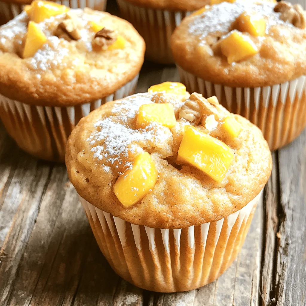 - Fresh peaches - All-purpose flour - Granulated sugar - Unsalted butter - Buttermilk The main star of this recipe is fresh peaches. They add natural sweetness and a juicy texture. Use ripe peaches for the best flavor. I recommend peeling and dicing them before adding to the batter. Next, all-purpose flour gives structure to the muffins. It helps them rise and stay fluffy. Granulated sugar sweetens the muffins and balances the tartness of the peaches. Unsalted butter brings richness and moisture. Melting it first helps blend it into the batter smoothly. Buttermilk adds tanginess and makes the muffins tender. If you don’t have buttermilk, you can make a simple version by adding a tablespoon of vinegar to regular milk. - Chopped walnuts - Ground cinnamon Chopped walnuts are a great add-in. They add crunch and a nutty flavor. Ground cinnamon brings warmth to the muffins. It pairs perfectly with the sweet peaches. - Alternative for buttermilk: You can use regular milk with vinegar. - Gluten-free flour options: Use a gluten-free all-purpose blend. - Sugar alternatives: Try coconut sugar or honey for a different sweetness. These swaps help you customize the recipe. You can still enjoy peach muffins even with dietary restrictions. 1. First, preheat your oven to 375°F (190°C). This helps the muffins bake evenly. 2. Line a muffin tin with paper liners. You can also grease it with cooking spray if you prefer. 3. In a large bowl, mix the dry ingredients. Combine 2 cups of flour, 1 cup of sugar, 1 tablespoon of baking powder, 1/2 teaspoon of baking soda, 1/2 teaspoon of salt, and 1/2 teaspoon of ground cinnamon. Whisk them until they blend well. 1. In a separate bowl, mix 1/2 cup of melted butter and 1 cup of buttermilk. Make sure the butter is slightly cooled. 2. Next, whisk in 1 large egg and 1 teaspoon of vanilla extract. This gives the muffins a nice flavor. 1. Pour the wet mixture into the dry ingredients. Use a spatula to fold them together gently. The batter should be lumpy, so don’t overmix. 2. Now, gently fold in 1 cup of diced peaches and 1/4 cup of chopped walnuts if you want. The peaches add a sweet touch. 3. Fill each muffin cup about 2/3 full with the batter. This allows space for the muffins to rise. 4. Bake for 18-22 minutes. Check if they are done by inserting a toothpick. It should come out clean. 5. Let the muffins cool in the pan for 5 minutes before moving them to a wire rack. You can find the full recipe in the earlier sections. To ensure your peach muffins rise perfectly, use fresh baking powder. Check the date on the package. Mix dry ingredients well to combine evenly. This helps the muffins rise without any lumps. Also, remember to not overmix the batter. Stir just until combined. A few lumps are okay. Overmixing can lead to dense muffins. Peach muffins are best served warm. Dust them with powdered sugar for a lovely touch. You can also drizzle honey on top for extra sweetness. Pair your muffins with a glass of cold milk or a cup of tea. This makes for a delightful breakfast or snack option. To know when your muffins are done, look for a golden-brown top. Insert a toothpick in the center. If it comes out clean, they are ready. Let the muffins cool in the pan for about 5 minutes. After that, transfer them to a wire rack. Store in an airtight container for up to three days. For longer storage, freeze them for later use. Enjoy your sweet summer peach muffins anytime! {{image_2}} You can add fun flavors to your peach muffins. A great way is to include spices like nutmeg. Nutmeg adds warmth and depth. Just a pinch brightens the peach flavor. You can also mix in other fruits. Blueberries pair nicely with peaches. They add a sweet and tangy twist. This combination makes every bite a treat. Do you want vegan peach muffins? You can easily swap ingredients. Use flaxseed meal instead of eggs. Replace buttermilk with almond milk and vinegar. This keeps the muffins moist and tasty. If you are cutting sugar, try a low-sugar version. Use ripe bananas or applesauce instead of sugar. Both options keep the muffins sweet and healthy. Want to take your muffins up a notch? Try adding chocolate chips. They melt and create a gooey surprise in each bite. Coconut flakes are another fun mix-in. They bring a tropical twist and chewiness. You can mix these into the batter or sprinkle them on top. Both options make your peach muffins even more exciting. For the full recipe, check out the details above. To store peach muffins at room temperature, place them in an airtight container. This keeps them fresh for about two days. If you want to keep them longer, freeze them. Wrap each muffin in plastic wrap, then place them in a freezer bag. They can last up to three months in the freezer. To reheat muffins, the best method is the oven. Preheat it to 350°F (175°C) and place muffins on a baking sheet. Heat for about 10 minutes. This method keeps them nice and warm. To maintain moisture, you can add a small dish of water in the oven. This creates steam and helps prevent drying out. Peach muffins can last up to two days at room temperature. If stored in the fridge, they can last about a week. Signs of spoilage include a dry texture or a sour smell. If you see mold, throw them away immediately. Enjoy your peach muffins fresh for the best taste! For the Full Recipe, check out the detailed instructions. Can I use canned peaches instead of fresh? Yes, you can use canned peaches in a pinch. Make sure to drain them well. Fresh peaches provide a brighter flavor and better texture. If you choose canned, use less sugar in your batter since they are often sweetened. How do I make the muffins extra moist? To keep your muffins moist, use ripe peaches. They add natural juice. Also, buttermilk helps create a tender crumb. Don't overmix your batter. This keeps air in, making the muffins fluffy and soft. Why are my muffins dense? Dense muffins often come from overmixing or using too much flour. Use a light hand when mixing. Spoon flour into your measuring cup instead of scooping. This avoids adding too much flour to your batter. What to do if my muffins overflow? If your muffins overflow, you may have overfilled the cups. Always fill them about two-thirds full for the best rise. To fix it next time, use a smaller scoop or pour less batter into each cup. Can I make mini peach muffins? Absolutely! Just adjust the baking time. Mini muffins usually bake for 10 to 15 minutes. Keep an eye on them to avoid overbaking. They make great snacks or treats for kids. What’s the best way to store leftover batter? To store leftover batter, cover it and place it in the fridge. Use it within 24 hours. After that, the baking powder loses its power, and muffins won’t rise well. For more ideas, check the Full Recipe. Peach muffins are a delightful treat, and making them is simple. We explored main ingredients like peaches, flour, and buttermilk. Optional add-ins can boost flavor and texture. I shared baking tips to ensure perfect rises and served up fun variations, including vegan options. Lastly, I covered storage methods to keep your muffins fresh. With these steps, you can enjoy tasty muffins anytime. Enjoy baking and share with friends!