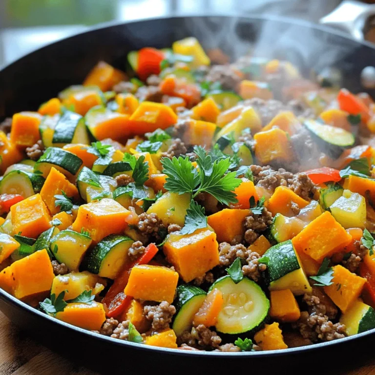 - 1 pound ground beef (lean) - 2 medium zucchini, diced - 1 medium sweet potato, peeled and diced - 1 bell pepper (any color), diced - 1 small onion, chopped - 3 cloves garlic, minced - 1 teaspoon ground cumin - 1 teaspoon smoked paprika - 1/2 teaspoon chili powder - Salt and pepper to taste - 2 tablespoons olive oil This dish shines due to its vibrant mix of flavors and colors. The ground beef provides a hearty base. Zucchini adds freshness, and sweet potato brings a touch of sweetness. Together, they create a balanced meal. Using fresh vegetables makes a big difference in taste. I love how bell pepper and onion add a sweet and savory note. Garlic gives it a lovely aroma. Each ingredient plays a key role in making this skillet dish special. The spices elevate the flavor profile. Ground cumin adds warmth, while smoked paprika gives a hint of smokiness. Chili powder can add a kick if you like it spicy. Adjust the seasonings to match your taste. For a full guide on making this dish, check out the [Full Recipe]. This meal is not just easy to make, but it also packs great nutrition. Enjoy crafting this delightful skillet! Start by washing your veggies. Chop the zucchini into half-moons. Cut the sweet potato into small cubes. Dice the bell pepper into bite-sized pieces. Next, mince the garlic cloves. Finally, chop the onion finely. This prep work makes cooking easier. Heat the olive oil in a large skillet over medium heat. Add the chopped onion and sauté for about 3 to 4 minutes. The onion should turn soft and translucent. Then, throw in the minced garlic. Cook for one more minute until it smells great. Now it’s time for the ground beef. Add it to the skillet, breaking it up with a spoon. Cook until the beef turns brown, about 5 to 7 minutes. If there's too much fat, drain it off carefully. Next, add the diced sweet potato to the skillet. Pour in one tablespoon of water and cover the pan. Let it cook for about 10 minutes. Stir it often until the sweet potatoes are tender. Once they're soft, mix in the zucchini and bell pepper. Now, sprinkle the cumin, smoked paprika, chili powder, salt, and pepper over the top. Stir everything well, then let it cook for another 5 to 7 minutes. This helps the flavors combine nicely. For the full recipe, check out the instructions above. Enjoy your cooking! - Best practices for sautéing: Always heat your skillet first. Add olive oil and let it warm. This helps your onions and garlic cook evenly. Stir them often to avoid burning. - How to achieve perfect browning: Cook the ground beef in a single layer. Don't overcrowd the pan. This allows all sides to brown nicely. Make sure to break it up as it cooks. - Suggestions for herbs and spices: Fresh herbs like parsley or cilantro add nice flavor. You can also try thyme or oregano for a twist. - Tips on adjusting seasonings to taste: Start with the recipe’s spices, then taste as you cook. If you want more heat, add extra chili powder. If you prefer a savory taste, increase the cumin. - Modifying cook time for softer vegetables: If you like softer veggies, cook the sweet potatoes a bit longer. Add a few more minutes before adding zucchini and bell pepper. - Recommendations for meal texture preferences: For crunchier vegetables, reduce cooking time. Keep an eye on the skillet and check for your desired texture. For a full recipe, check out the Ground Beef Zucchini Sweet Potato Skillet. {{image_2}} You can change the ground beef if you want. Try ground turkey or chicken for a leaner option. If you prefer plant-based meat, use lentils or black beans. These swaps keep the dish tasty and healthy. You can also add other vegetables. Consider carrots, corn, or spinach for more color and flavor. These veggies mix well and add nutrients. Feel free to get creative with what you have on hand! To make this dish gluten-free, use gluten-free seasonings. Most spices are safe, but check the labels. For a dairy-free version, skip any cheese toppings. The flavors still shine through without dairy. If you're watching carbs, skip the sweet potato. You can use cauliflower instead. This makes the meal low-carb but still filling. You can cook this dish on the stovetop or in the oven. For oven-baking, preheat to 400°F. Combine all ingredients in a baking dish and cook for 25-30 minutes. This method gives a nice roasted flavor. For slow cooker fans, brown the beef and add everything to the slow cooker. Cook on low for 6-8 hours or high for 3-4 hours. This makes the meal easy and hands-off. Find the full recipe for more details! To keep your Ground Beef Zucchini Sweet Potato Skillet fresh, store leftovers properly. Place them in an airtight container. This helps prevent moisture loss and keeps the meal tasty. You can refrigerate them for up to four days. For longer storage, freeze the skillet dish. It stays good in the freezer for up to three months. Just make sure to cool it first before freezing. When reheating, use the stovetop for best results. Heat a skillet over medium-low heat. Add a splash of water or olive oil to keep it moist. Stir often until heated through. If you prefer the microwave, use a microwave-safe dish. Cover it with a damp paper towel. Heat in short bursts, stirring in between, until hot. This method keeps the flavors intact and prevents overcooking. Meal prep can save time and effort. Chop your veggies ahead of time. You can store them in separate containers. This makes cooking quick and easy on busy days. Consider browning the ground beef in advance too. Store it in the fridge or freezer. You can mix all components together right before serving. This keeps everything fresh and flavorful. This dish lasts about 3 to 4 days in the fridge. Store it in an airtight container. To ensure the best taste, eat it within this time. The flavors improve as it sits, making it a tasty leftover option. Yes, you can use frozen vegetables! They work well in this recipe. Just add them a bit later in the cooking process. This way, they heat through without becoming mushy. Frozen veggies can save time and still taste great. To spice it up, add more chili powder or some red pepper flakes. You can also include diced jalapeños for a fresh kick. Adjust the spice to your taste for the perfect heat level. Absolutely! Doubling this recipe works great for meal prep. Just ensure your skillet is big enough. You can divide it into portions and store them in the fridge or freezer. This makes for easy, quick meals later on. For the full recipe, check it out here! In this blog post, we explored how to make a tasty Ground Beef Zucchini Sweet Potato Skillet. We covered the key ingredients like ground beef, zucchini, and sweet potatoes, plus seasonings that boost flavor. I shared step-by-step instructions for prep and cooking, along with helpful tips and variations to suit your diet. Don't forget to store leftovers properly for future meals. This dish is versatile and can adapt to your tastes. Enjoy cooking and experimenting with ingredients to make it your own!