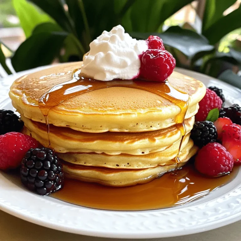 Let’s gather the ingredients needed for fluffy buttermilk pancakes. These simple items make a big difference in flavor and texture. - 1 cup all-purpose flour - 2 tablespoons granulated sugar - 1 teaspoon baking powder - 1 teaspoon baking soda - 1/2 teaspoon salt - 1 cup buttermilk - 1 large egg - 2 tablespoons unsalted butter, melted - Cooking spray or extra butter for the skillet These ingredients work together to create a light and fluffy pancake. The buttermilk adds a nice tang and moisture. The baking powder and baking soda help the pancakes rise. You can easily find all these items at your local grocery store. When measuring the flour, make sure to spoon it into the cup and level it off. This method keeps pancakes from becoming dense. Using fresh ingredients, especially the baking powder and baking soda, ensures the best rise and texture. Grab these items and get ready for a delicious breakfast treat. For the full recipe, check out the details above. Start by gathering your dry ingredients. You will need flour, sugar, baking powder, baking soda, and salt. Sift these together in a large mixing bowl. Sifting helps mix the ingredients well. It also adds air, making your pancakes fluffy. In another bowl, measure out buttermilk, an egg, and melted butter. Whisk these together until smooth. This mixes the flavors and makes the batter creamy. Make sure the butter is slightly cooled, or it may cook the egg. Now it’s time to mix the wet and dry ingredients. Pour the wet mixture into the bowl with the dry mix. Fold them together gently. Be careful not to overmix. A few lumps are okay. This keeps your pancakes light and fluffy. Preheat a skillet over medium heat. Lightly grease it with cooking spray or butter. Once hot, pour about 1/4 cup of batter for each pancake. Cook until bubbles form on the surface, about 2-3 minutes. When you see bubbles, flip the pancakes. Cook for another 1-2 minutes until golden brown. Enjoy your pancakes warm! For the full recipe, check the earlier section. To get fluffy pancakes, avoid overmixing the batter. When you mix wet and dry ingredients, do it gently. A few lumps are okay. Overmixing makes the batter tough, which means flat pancakes. Trust me; keeping it simple is key to success. Know when to flip your pancakes by checking for bubbles. As the pancake cooks, bubbles will form on the surface. When you see bubbles, it’s time to flip. Use a spatula to turn the pancake carefully. Cook until golden brown on both sides for the best results. If your pancakes turn out flat, check your baking powder and baking soda. They should be fresh to work well. For uneven cooking, make sure your skillet is at the right temperature. Too hot or too cold will cause issues. Adjust the heat as needed for even cooking. For more details, check the Full Recipe. {{image_2}} You can make your fluffy buttermilk pancakes even more fun. Just add some chocolate chips or fresh blueberries to the batter. Mix in about 1/2 cup of either before you cook them. The chocolate will melt, and the blueberries will burst with juice. Both options add great taste and color to your breakfast. If you want a healthier twist, try using whole wheat flour instead of all-purpose flour. This change adds fiber and nutrients. You can also use lactose-free milk if you are avoiding dairy. Both options keep the pancakes tasty while making them a bit better for you. Want to try something different? Make savory pancakes! Mix in some fresh herbs like chives or spinach. You can also add shredded cheese, such as cheddar or feta. These will give your pancakes a unique flavor and make them great for lunch or dinner, too. For more ideas, check the Full Recipe for fluffy buttermilk pancakes. After making your fluffy buttermilk pancakes, you may have some leftovers. To store them, let the pancakes cool to room temperature. Place them in a single layer on a plate. You can cover them with plastic wrap or foil. If you want to store them longer, stack the pancakes with parchment paper between each layer. Then, put the stack in an airtight container or a freezer bag. This keeps them fresh and prevents sticking. When you're ready to enjoy your pancakes again, reheating them is key. The best way to reheat pancakes is in a skillet. Heat the skillet over medium-low heat. Lightly grease it with a bit of butter. Place the pancakes in the skillet and warm them for about 30 seconds on each side. You can also use a microwave. Just place the pancakes on a plate and cover them with a damp paper towel. Heat in short bursts of 15-20 seconds until warm. This helps keep them soft and fluffy. Fluffy buttermilk pancakes can last in the fridge for about 3 to 4 days. If you freeze them, they can last up to 2 months. Just make sure to seal them well to keep out air. When you're ready to eat them, follow the reheating tips for the best texture. Enjoy your pancakes as if they were just made! You can make buttermilk at home easily. Just mix one cup of milk with one tablespoon of white vinegar or lemon juice. Stir and let it sit for about five to ten minutes. This trick works well in many recipes, including fluffy buttermilk pancakes. If you don't have vinegar or lemon juice, you can use yogurt or sour cream mixed with milk. Yes, you can use self-rising flour for pancakes. This type of flour already contains baking powder and salt. If you choose this option, skip adding baking powder and salt from the recipe. The pancakes may be a bit puffier, so watch them closely while cooking. Toppings make your pancakes even better! Here are some popular choices: - Maple syrup - Fresh berries like strawberries, blueberries, or raspberries - Whipped cream - Sliced bananas - Nut butters, like peanut or almond - Chocolate chips - Greek yogurt - Honey or agave syrup Feel free to mix and match to find your perfect combination! You can also check the Full Recipe for more ideas. You now have all the tools to make fluffy buttermilk pancakes. We covered the key ingredients, prep steps, and cooking methods. Remember to avoid overmixing for the best texture. Experiment with flavors, from fruity to savory, to keep your meals exciting. Store leftovers properly and reheat them for great taste. Enjoy your tasty pancakes with your favorite toppings. Happy cooking!