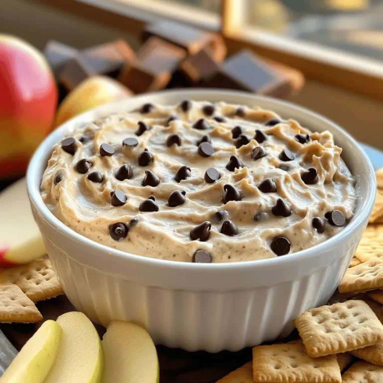 Here is a simple list of what you need to make chocolate chip cookie dough dip: - 1 cup all-purpose flour (heat-treated for safety) - ½ cup brown sugar, packed - ½ cup granulated sugar - ½ cup unsalted butter, softened - 2 teaspoons vanilla extract - 1 (8 oz) package cream cheese, softened - ½ cup mini chocolate chips - ¼ teaspoon salt - Optional: graham crackers, apple slices, or pretzels for dipping Each ingredient plays a key role in the flavor and texture of the dip. Using heat-treated flour is vital, as it keeps you safe from any raw flour risks. Mixing the sugars with softened butter creates a light and fluffy base. Cream cheese adds a rich and creamy texture, while vanilla extract gives it a warm, sweet aroma. Mini chocolate chips add that classic cookie flavor, making it truly special. Optional dippers like graham crackers, apple slices, or pretzels offer fun ways to enjoy the dip. You can choose whatever suits your taste best. This chocolate chip cookie dough dip is not just tasty; it’s also easy to prepare. For the complete instructions, check the Full Recipe. 1. Mixing the butter and sugars Start by placing softened butter, brown sugar, and granulated sugar into a mixing bowl. Use a hand mixer to beat them together. Mix until the blend is light and fluffy, which should take about 2 to 3 minutes. 2. Adding cream cheese and vanilla Next, add the softened cream cheese and vanilla extract to the bowl. Beat this mixture until it turns smooth and creamy. This step gives the dip its rich flavor. 3. Combining flour and salt Gradually add the heat-treated all-purpose flour and salt to the creamy mixture. Mix until everything is well combined. This will give the dip its doughy texture. 4. Folding in chocolate chips Now it’s time for the best part! Gently fold in the mini chocolate chips using a spatula. Make sure they are evenly spread throughout the dip. This ensures every bite is filled with chocolatey goodness. 5. Chilling the dip Transfer your dip into a serving bowl and smooth the top with your spatula. Cover it with plastic wrap and chill it in the refrigerator for at least 30 minutes. Chilling helps the flavors blend and enhances the taste. This simple process results in a delightful treat that you and your friends will love! For the full recipe, be sure to check the earlier section. To make the best chocolate chip cookie dough dip, start with softened butter and cream cheese. This helps the dip mix nicely and taste creamy. If you forget to soften them, cut them into small pieces. Let them sit at room temperature for a bit. Next, heat-treat the flour. Raw flour can have germs. To make it safe, spread flour on a baking sheet. Bake it at 350°F (175°C) for five minutes. Let it cool before using it in your dip. The texture of your dip matters too. You want it to be smooth and creamy. If it feels too thick, add a splash of milk. If it’s too runny, mix in a little more flour. Now let’s talk about what to dip in this tasty treat! Graham crackers are a classic choice. They give a nice crunch. Apple slices add a fresh, sweet taste. Pretzels bring a salty twist that balances the sweetness. For parties, get creative! Use mini cones to scoop the dip. You can also serve it in a fun bowl with colorful sprinkles on top. This dip is sure to make everyone smile! For the complete recipe, check out the Full Recipe. {{image_2}} You can make this dip even better with fun flavor changes. Start by swapping out your chocolate chips. Try using: - Dark chocolate chips for a richer taste - White chocolate chips for a sweeter bite - Milk chocolate chips for a classic flavor You can also add nuts or sprinkles to give it extra crunch and color. Chopped walnuts or pecans work well. Rainbow sprinkles can make the dip more festive. Just fold them in after mixing the base for a fun twist. If you need to adjust the dip for special diets, it’s easy! For gluten-free options, use gluten-free flour. Make sure you heat-treat it for safety. This keeps the dip safe without losing flavor. For vegan alternatives, swap the cream cheese with a plant-based option. Use coconut cream or cashew cream for a creamy texture. Replace the butter with coconut oil or vegan butter. You’ll still get a rich and tasty dip without any animal products. These variations keep your chocolate chip cookie dough dip fresh and fun! To keep your Chocolate Chip Cookie Dough Dip fresh, store it in an airtight container. Place it in the fridge right after serving. This helps to keep it cool and tasty. If you want to enjoy it later, you can freeze it. Just make sure to use a freezer-safe container. The dip can stay good in the freezer for up to three months. In the fridge, this dip lasts about five days. If you notice any changes in color or smell, it might be time to toss it. Look for signs of spoilage like a sour smell or unusual texture. If you see any mold, definitely discard it. Enjoy your dip while it's fresh for the best taste! Is raw flour safe to eat? Raw flour can hold germs like E. coli. To be safe, always heat-treat your flour before using it in dips. You can do this by baking it at 350°F for about 5 minutes. This step helps kill any harmful bacteria. Can I make this dip ahead of time? Yes, you can. This dip tastes better after chilling. Make it a day before your event. Just store it in the fridge until you're ready to serve. What can I substitute for cream cheese? If you want a lighter option, use Greek yogurt. It gives a nice tang and creamy texture. You can also try mascarpone for a richer taste. How to reheat if served warm? If you want to serve the dip warm, gently warm it in the microwave. Heat in short bursts of 15 seconds, stirring in between. Be careful not to overheat, as it can become too soft. Can I use other sweeteners? Yes! You can replace the sugars with honey or maple syrup. Keep in mind that this may change the dip's texture slightly. Adjust the amounts based on your taste. What are the best fruits for dipping? For dipping, I love using apple slices and bananas. Their sweetness pairs well with the chocolate chip cookie dough flavors. Strawberries and pears also work great! This chocolate chip cookie dough dip is easy and fun to make. You will need simple ingredients like flour, butter, and cream cheese. The blend of sweet and chocolatey flavors is a crowd-pleaser. Here’s a quick overview of how to whip it up. Ingredients: - 1 cup all-purpose flour (heat-treated for safety) - ½ cup brown sugar, packed - ½ cup granulated sugar - ½ cup unsalted butter, softened - 2 teaspoons vanilla extract - 1 (8 oz) package cream cheese, softened - ½ cup mini chocolate chips - ¼ teaspoon salt - Optional: graham crackers, apple slices, or pretzels for dipping Instructions: 1. Beat the softened butter with the sugars until fluffy. 2. Add the cream cheese and vanilla, mixing until smooth. 3. Gradually mix in the heat-treated flour and salt. 4. Fold in the mini chocolate chips. 5. Transfer to a bowl and chill for 30 minutes. Prep Time: 10 minutes Total Time: 40 minutes Servings: 8 This dip is perfect for parties or family fun. Enjoy with your favorite dippers like graham crackers or apple slices! For the full recipe, check out the details. This blog post covered how to make a delicious dip using simple ingredients. We explored each step, from mixing butter and sugars to chilling the dip for the best taste. You learned tips for achieving the perfect texture and some fun serving ideas. I also shared variations and storage tips to help you enjoy this treat longer. Experiment with flavors and enjoy this dish with friends and family. Try making it your own and have fun with the process!