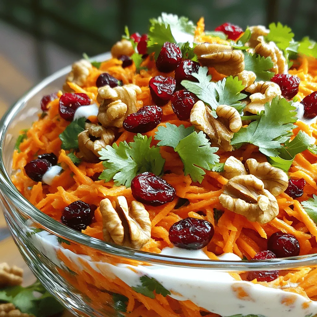 - 4 large carrots, grated - 1 cup dried cranberries - ½ cup walnuts, chopped - ½ cup fresh cilantro, roughly chopped - ¼ cup Greek yogurt - 2 tablespoons honey - 1 tablespoon apple cider vinegar - Salt and pepper to taste - Sliced apples or pears - Feta cheese - Sunflower seeds What nutrients do carrots have? Carrots are rich in beta-carotene, fiber, and vitamins. These nutrients support good vision, skin health, and digestion. What are the benefits of cranberries? Cranberries are full of antioxidants. They help fight infections and may improve heart health. What is the nutritional profile of walnuts? Walnuts provide healthy fats, protein, and fiber. They support brain health and reduce inflammation. The combination of these ingredients makes the carrot cranberry salad a tasty and healthy choice. You can find the full recipe for this delightful dish above. First, grab four large carrots. Use a grater to shred them into a big mixing bowl. This will give your salad a nice crunch. Next, add one cup of dried cranberries. Their sweetness balances the carrots' taste. Now, chop half a cup of walnuts and mix them in. The walnuts add a delightful crunch. Your carrot mixture is now ready! In a small bowl, whisk together a quarter cup of Greek yogurt. Add two tablespoons of honey for sweetness. Pour in one tablespoon of apple cider vinegar for tang. Finish with a pinch of salt and pepper. Whisk until everything blends smoothly. This dressing ties all the flavors together. Now, pour the dressing over the salad ingredients. Toss gently to coat everything. Ensure each piece gets some dressing. For a burst of flavor, fold in half a cup of fresh cilantro. This will make your salad pop! Taste the salad and adjust the seasoning if needed. Enjoy your tasty creation! For the full recipe, check out the details above. Carrot cranberry salad works well for many occasions. You can serve it at family dinners, potlucks, or barbecues. It brings color and freshness to your table. For gatherings, present it in a clear glass bowl. This shows off the vibrant colors. You can also add a sprinkle of walnuts and cranberries on top. This adds a nice touch that makes it look fancy. After your meal, store any leftovers in a sealed container. Place it in the fridge for up to three days. To keep the salad fresh, cover it tightly. If you think you won't eat it soon, think about separating the dressing. This will help keep the salad crisp. Want to add more flavor? Consider using spices like cumin or paprika. They can give your salad an exciting twist. Fresh herbs like mint or parsley can also brighten the taste. If you want to change the dressing, try different vinegars. Balsamic vinegar can add a sweet note, while red wine vinegar gives a tangy kick. Experimenting can lead to your new favorite flavor! {{image_2}} You can change the salad with fresh fruits. In summer, try adding berries or peaches. They offer a sweet and juicy flavor that brightens the dish. In fall, think about adding sliced apples or pears. They give a nice crunch and add sweetness. You can also toss in nuts for extra texture. Chopped pecans or walnuts work well. Making this salad vegan is simple. Replace Greek yogurt with a vegan yogurt or mashed avocado. This keeps the creaminess while making it plant-based. To cater to gluten-free diets, check your dressing ingredients. Use certified gluten-free labels for honey and vinegar. While Greek yogurt dressing is tasty, you can explore other options. A lemon vinaigrette brings a zesty flavor. Mix olive oil, lemon juice, and a pinch of salt. Another idea is a honey mustard dressing. Just whisk together honey, mustard, and olive oil for a sweet twist. These variations keep the salad exciting and fresh. For the full recipe, refer to Crunchy Carrot Cranberry Delight. To keep your carrot cranberry salad fresh, use airtight containers. Glass containers work well. They help you see the salad and keep it crisp. For freezing, use freezer-safe bags. Squeeze out all the air before sealing. This helps prevent freezer burn. You can store this salad in the fridge for about 3 days. After that, it may start to lose its crunch. Watch for signs of spoilage, like a sour smell or slimy texture. If you see any of these, it’s best to toss the salad. To prep the salad for weekly meals, grate the carrots in advance. Store them in a sealed container. You can mix the cranberries and walnuts ahead too. Keep the dressing separate until you are ready to eat. This keeps the salad fresh and crunchy. You can replace walnuts with other nuts or seeds. Try pecans for a sweet taste. Almonds add a nice crunch. If you prefer seeds, sunflower seeds work well. They give a similar texture. Choose what you like best! Using fresh cranberries changes the taste and texture. Fresh cranberries are tart and crunchy. Dried cranberries are sweet and chewy. If you use fresh, add a bit more honey. This helps balance the tartness. Both versions bring unique flavors to the salad. Carrot cranberry salad pairs nicely with many dishes. Serve it with grilled chicken for a healthy meal. It also goes well with fish. For a light lunch, enjoy it with a sandwich. This salad adds color and taste to any plate. For the full recipe, check out the Crunchy Carrot Cranberry Delight. This blog post covered a delicious carrot cranberry salad packed with nutrition. You learned about the fresh ingredients, health benefits, and easy preparation steps. I shared tips for serving, storing, and adding flavors. You can modify the recipe to fit different diets or try seasonal twists. Overall, this salad is a tasty and healthy choice that suits any occasion. Enjoy creating your unique version and make it a staple in your meals. Keep experimenting to find your favorite blend!