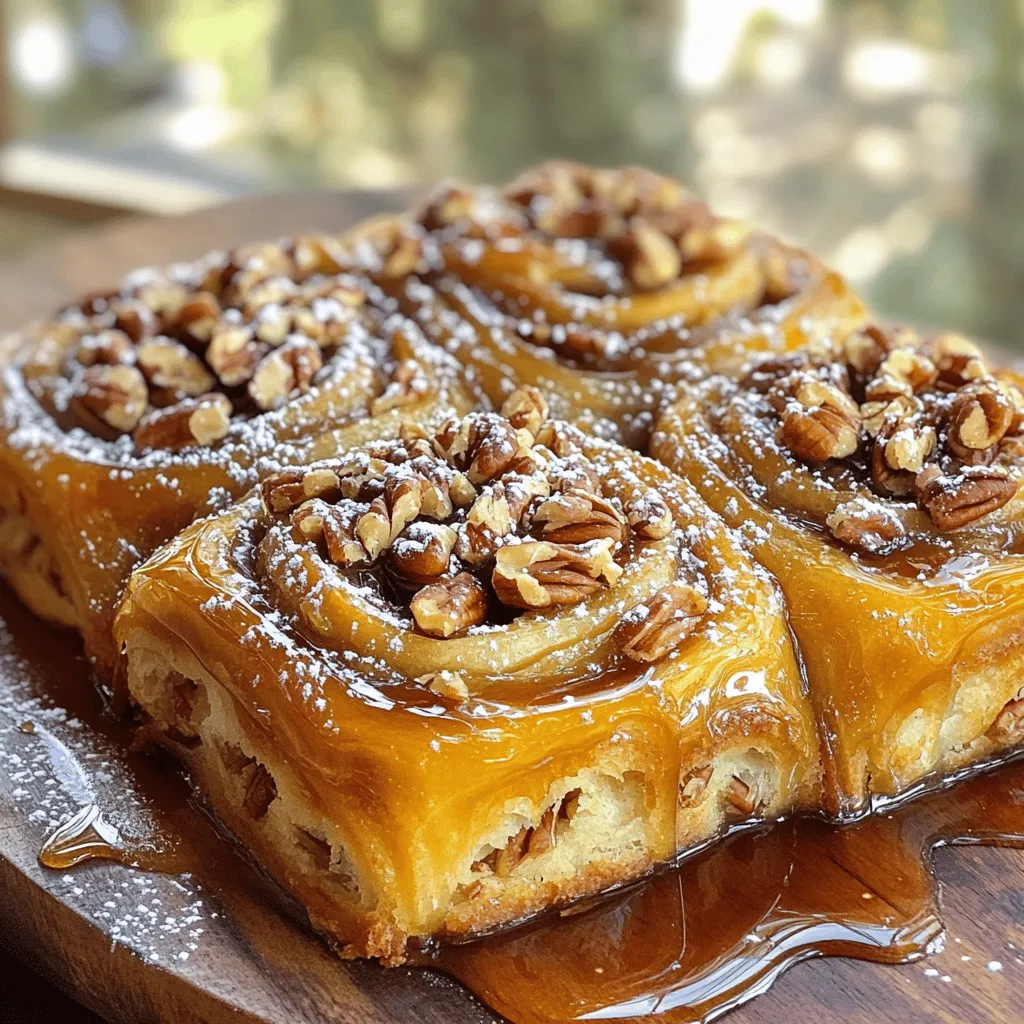 - 4 cups all-purpose flour - 2 tablespoons active dry yeast - 1/4 cup granulated sugar - 1/4 cup unsalted butter, melted - 1 cup pecans, chopped The main ingredients form the backbone of the sticky buns. All-purpose flour gives the dough structure. Active dry yeast makes the dough rise, while sugar adds sweetness. Melted butter keeps the buns moist, and chopped pecans bring a lovely crunch. - 1/2 cup brown sugar - 1/2 cup maple syrup - 1 tablespoon ground cinnamon The topping is what makes these buns sticky and sweet. Brown sugar adds a deep flavor. Maple syrup enhances the sweetness, and ground cinnamon brings warmth to each bite. - Mixing bowls - Rolling pin - Baking dish - Oven You'll need these simple tools to prepare the buns. Mixing bowls help combine ingredients. A rolling pin flattens the dough. The baking dish holds the sticky topping and buns while they bake. Finally, the oven cooks everything to perfection. For the full recipe, check out the detailed steps to create these delicious treats! First, we need to activate the yeast. In a large bowl, combine warm milk, granulated sugar, and active dry yeast. Let it sit for about 5 to 10 minutes. You want it to get bubbly and frothy. This means the yeast is working well. Next, mix the dry ingredients. In another bowl, combine all-purpose flour and salt. Make a well in the center and add the yeast mixture, melted butter, eggs, and vanilla extract. Stir until you see a sticky dough form. Kneading comes next. Turn the dough out onto a floured surface. Knead it for about 5 to 7 minutes until it feels smooth and elastic. This step is key for great texture. Now, let’s proof the dough. Place it in a greased bowl and cover it with a clean kitchen towel. Let it rise in a warm place for 1 to 2 hours. You want it to double in size. A good spot could be near a warm oven or in a sunny window. While the dough rises, prepare the sticky topping. Melt some softened butter, brown sugar, and maple syrup in a small saucepan over low heat. Stir until it’s smooth and combined. Pour this mixture into a greased 9x13 inch baking dish. Then, stir in the chopped pecans. This topping will give your buns that sweet, sticky flavor. Once the dough has risen, it’s time to shape the buns. Roll it out on a floured surface into a rectangle, about 14 by 10 inches. Spread softened butter over the dough. Sprinkle brown sugar and ground cinnamon evenly across the surface. Now, roll the dough tightly into a log. Cut it into 12 equal pieces. Place these cut-side up in your baking dish, right over the sticky topping. Cover the dish with a towel again. Let the rolls rise for another 30 to 45 minutes. This final proofing is important for fluffy buns. Preheat your oven to 350°F (175°C). Once the rolls have risen, bake them for 25 to 30 minutes. You want them golden brown on top. To serve, invert the baking dish onto a serving platter. This lets the sticky topping drip down over the buns. You can dust them with powdered sugar and drizzle more maple syrup on top. This makes for a beautiful presentation! Enjoy your Maple Pecan Sticky Buns warm for the best experience. For the complete recipe, check out the Full Recipe. To get the best dough, look for a few signs. A well-kneaded dough feels smooth and elastic. When you poke it, it should spring back gently. Avoid adding too much flour during kneading. This can make the dough dry. If your dough feels too sticky, try adding just a little flour. You can change the toppings and flavors to match your taste. For a fun twist, try using chocolate chips or dried fruit. If you want a nut-free option, skip the pecans. Instead, use seeds like sunflower or pumpkin for crunch. You can also mix in other nuts, like walnuts or almonds, for a different texture. Adding spices can boost the flavor of your sticky buns. Try mixing in nutmeg or cardamom for extra warmth. A splash of almond extract adds a nice touch too. Pair your sticky buns with coffee or chai for a perfect morning treat. You can also serve them with a glass of milk for a sweet finish. For the Full Recipe, make sure to follow the steps carefully for the best results! {{image_2}} You can switch up the nuts in your sticky buns. Walnuts make a great alternative. They add a rich, buttery taste. If you have nut allergies, you can skip the nuts entirely. The buns still taste amazing without them. Maple syrup is sweet and delicious, but you can replace it. Honey or agave syrup works well. Both options bring a unique flavor to the dish. If you use honey, it might taste a bit different, but still sweet. Just remember to adjust the sweetness to your liking. Want to add more flavor? Try a cream cheese glaze on top. It adds a nice tangy twist. You can also experiment with other coatings. A simple vanilla glaze or a sprinkle of powdered sugar can elevate your sticky buns. These options make your buns look and taste even better. For the full recipe, check out the detailed instructions above. Enjoy the process of making these delightful treats! I always let my maple pecan sticky buns cool completely on a wire rack. This step helps them keep their shape and texture. If you leave them in the pan, they can get soggy. Sogginess happens when steam builds up. The wire rack allows air to flow around the buns, keeping them light and fluffy. For leftovers, I suggest storing the buns in an airtight container. They stay fresh for a few days this way. If you want to freeze them, wrap each bun tightly in plastic wrap. Place them in a freezer bag to avoid freezer burn. To reheat, take them out and let them thaw in the fridge overnight. You can warm them in the oven at 350°F for 10-15 minutes. This keeps them soft and gooey. These tasty buns can last about 3 days at room temperature. In the fridge, they stay fresh for about a week. If you notice any mold or an off smell, it’s time to toss them. Always trust your senses; they usually tell you if something isn’t right. You can store these buns in two ways: short-term and long-term. For short-term storage, keep them in an airtight container at room temperature. They will stay fresh for about 2-3 days. For long-term storage, wrap the buns tightly in plastic wrap and place them in the freezer. They can last up to 2 months in the freezer without losing flavor. Just remember to let them cool completely before wrapping. Yes, you can make the dough in advance! If you want to prepare it the night before, follow these steps. After kneading the dough, place it in a greased bowl and cover it. Then, refrigerate the dough overnight. When you're ready, take it out and let it rise on the counter for about 1-2 hours before shaping. This gives the dough great flavor and texture. If your sticky buns come out undercooked, don’t worry! You can fix this easily. Just return the buns to the oven. Cover them with foil to prevent burning. Bake for an additional 5-10 minutes at 350°F (175°C). Check for doneness by inserting a toothpick; it should come out clean when the buns are finished. Absolutely! To make gluten-free Maple Pecan Sticky Buns, use a gluten-free all-purpose flour blend. Look for a blend that includes xanthan gum. This will help the dough rise and keep it fluffy. You can also use gluten-free oats in place of nuts if needed. To find delicious Maple Pecan Sticky Buns, check local bakeries and cafes. Many places offer fresh, homemade versions. You can also use apps like Yelp or Google Maps to find nearby spots. Look for places with good reviews to ensure you find the best buns. Yes, these buns can be made ahead and frozen! After baking, let them cool completely. Then, wrap each bun in plastic wrap and place them in a freezer bag. When you're ready to enjoy them, thaw overnight in the fridge. Reheat in the oven at 350°F (175°C) for about 10-15 minutes to warm them up and restore their gooey goodness. In this post, we've covered all you need for delicious Maple Pecan Sticky Buns. You learned about key ingredients like flour and pecans, and necessary tools for baking. I provided step-by-step instructions, handy tips, and variations to suit your taste. Remember, baking is about fun and creativity. Don't be afraid to experiment and make it your own. Enjoy the joy of baking these tasty buns and share them with loved ones!
