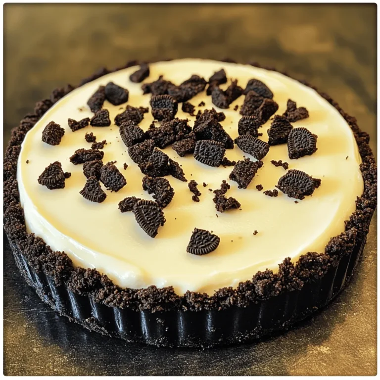 To make this tasty No-Bake Oreo Cheesecake, you need a few key items: - 24 Oreo cookies, crushed - 1/4 cup unsalted butter, melted - 16 oz cream cheese, softened - 1 cup powdered sugar - 1 teaspoon vanilla extract - 1 cup heavy whipping cream - 8 Oreo cookies, chopped (for filling) - Additional crushed Oreos for topping These ingredients work together to create a rich and creamy treat. The crushed Oreos form the crust, while the cream cheese adds the smooth texture. You can change this recipe to suit your taste. Here are some ideas: - Use different types of cookies for the crust, such as chocolate wafers. - Add a swirl of peanut butter or chocolate sauce to the filling for extra flavor. - Top with fresh berries for a fruity twist. These options keep the dessert fresh and exciting. Feel free to mix and match based on your favorites! To prepare this cheesecake, you will need some simple tools: - 9-inch springform pan - Medium bowl - Large mixing bowl - Electric mixer - Spatula - Plastic wrap Having these items ready makes the process smooth. You can focus more on creating your delicious cheesecake without any stress. Enjoy the fun of cooking! To start, gather your ingredients. You need 24 crushed Oreo cookies and 1/4 cup melted butter. Mix the crushed cookies and melted butter in a medium bowl. The mixture should feel like wet sand. Next, take a 9-inch springform pan. Press the cookie mixture evenly into the bottom of the pan. Use a measuring cup to pack it tightly. Set the crust aside while you prepare the filling. Now, let’s make the filling. In a large bowl, add 16 ounces of softened cream cheese. Beat it with an electric mixer until it’s smooth. Gradually add in 1 cup of powdered sugar and 1 teaspoon of vanilla extract. Mix until everything is smooth and well combined. In another bowl, whip 1 cup of heavy cream until stiff peaks form. Gently fold the whipped cream into the cream cheese mixture. Be careful to keep the air in the whipped cream. Finally, fold in 8 chopped Oreo cookies. This adds nice bits of cookie to your cheesecake. Pour the cream cheese filling over your prepared crust in the springform pan. Use a spatula to spread it out evenly. Cover the pan with plastic wrap. Place it in the fridge for at least 4 hours, or overnight if you can wait. Once it’s set, carefully remove the sides of the springform pan. For a tasty finish, top the cheesecake with extra crushed Oreos. Enjoy your delicious no-bake Oreo cheesecake! For the full recipe, check the details above. For the best texture, follow these simple tips: - Use room temperature cream cheese. Cold cream cheese will not blend well. - Whip the heavy cream until it forms stiff peaks. This gives the cheesecake a light feel. - Fold the whipped cream in gently. This keeps the mixture airy and fluffy. Many errors can spoil your cheesecake. Here are some to watch out for: - Don’t skip the chilling time. Letting it set is key for the right firmness. - Avoid overmixing the cream cheese. This can add air and cause cracks. - Make sure your crust is tightly packed. A loose crust can crumble when sliced. Serving your cheesecake right can make it even better: - Chill the cake well before serving. Cold cheesecake tastes great. - Top with whipped cream for a creamy finish. Add extra crushed Oreos for crunch. - Serve with a drizzle of chocolate sauce. It adds a rich flavor that pairs well. For the complete recipe, check out the Full Recipe section. Enjoy creating your dessert masterpiece! {{image_2}} You can change this Oreo cheesecake to fit your taste. Try adding mint extract for a fresh twist. You can mix in peanut butter for a nutty flavor. Crushed chocolate cookies make a fun addition too. If you love fruit, add berries or even banana slices. Each add-in gives the cheesecake a new vibe. Don't forget to adjust sugar to match your add-ins! If you need a gluten-free version, use gluten-free Oreo cookies. They taste just as good! The rest of the recipe stays the same. Use the same amount of melted butter for the crust. You still get that creamy filling and crunchy base everyone loves. This way, you can enjoy cheesecake without worry. To make a vegan version, swap cream cheese for a dairy-free alternative. Use coconut cream or cashew cream instead. For the crust, use vegan butter and gluten-free Oreos. Replace heavy cream with coconut milk whipped until fluffy. This recipe still offers all the rich flavors of the classic. You can serve it just like the original and impress your friends! For more detailed steps, check out the Full Recipe. To store leftover cheesecake, cover it tightly with plastic wrap. You can also use an airtight container. This keeps it fresh and prevents it from absorbing other flavors. Store it in the fridge for up to five days. Make sure to keep it chilled until you are ready to enjoy a slice. You can freeze this cheesecake for longer storage. First, let it chill in the fridge for at least four hours. Then, wrap it in plastic wrap and foil to prevent freezer burn. Place it in the freezer for up to three months. This way, you can enjoy a sweet treat anytime! When you’re ready to eat your frozen cheesecake, transfer it to the fridge. Let it thaw overnight for the best texture. Avoid thawing at room temperature, as this can make it too soft. Once thawed, enjoy your cheesecake within two days for the best taste. Yes, you can try different cookies! Chocolate sandwich cookies work well. You might also like using cookies like graham crackers for a different taste. Just remember that the flavor will change. Experimenting can lead to fun and tasty results. This cheesecake lasts about 5 days in the fridge. Make sure to keep it covered. Use plastic wrap or a lid to keep it fresh. After a few days, the flavors blend, making it even more delicious! Absolutely! You can make it a day or two before you need it. This cheesecake tastes best when it chills overnight. Making it ahead gives the flavors time to mix. Plus, you’ll save time on the day of your event. To cut your cheesecake, use a warm knife. Dip it in hot water, then dry it off. This helps make clean slices. Start from the center and cut outwards. If it’s sticky, rinse and warm the knife again for smooth cuts. For a detailed recipe, check the Full Recipe section. You’ve learned how to make a delightful No-Bake Oreo Cheesecake. We covered the easy ingredients, step-by-step instructions, and helpful tips. Remember, you can customize this treat with flavors and variations. Always store it properly to keep it fresh. With these insights, you can make this cheesecake like a pro. Enjoy sharing this sweet dessert with friends and family!