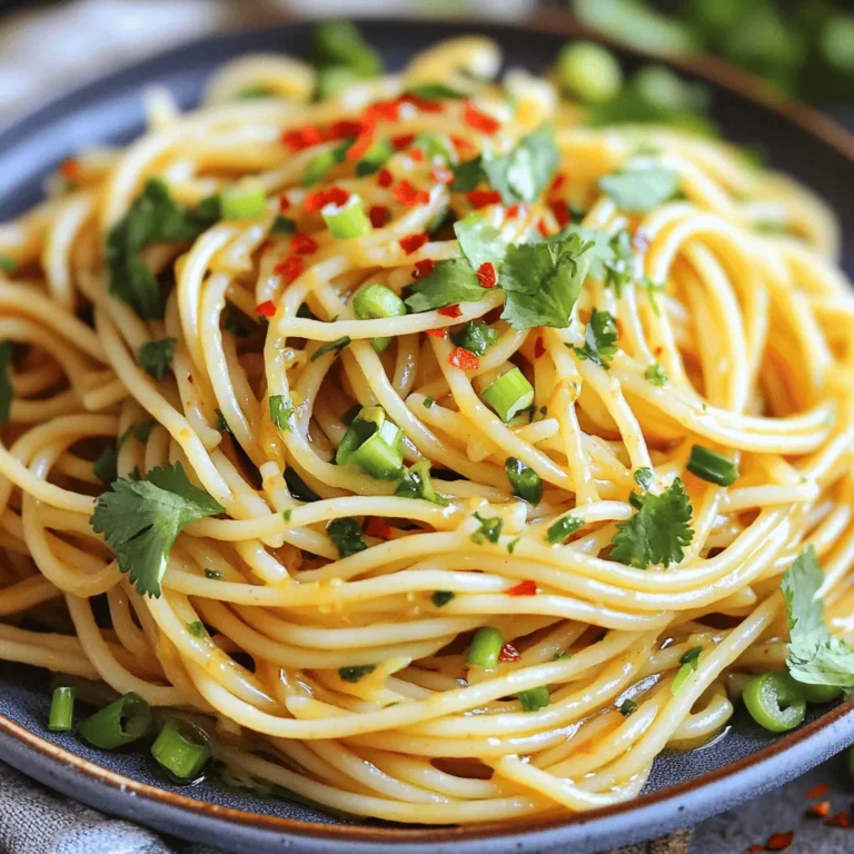 To make Spicy Garlic Noodles, gather these main ingredients: - 8 oz of spaghetti or any preferred noodles - 4 tablespoons olive oil - 6 cloves garlic, minced - 1-2 tablespoons red chili flakes (adjust based on spice preference) - 1 tablespoon soy sauce - 1 tablespoon sesame oil - 1/4 cup scallions, chopped - 1/4 cup fresh cilantro, chopped - Salt to taste These ingredients create a rich, flavorful base. The garlic adds warmth, while the chili flakes give a nice kick. You can enhance the dish with these optional ingredients: - 1 tablespoon lime juice for added zing Adding lime juice brings a bright, fresh taste to the noodles. It balances the spice and makes the dish pop. While spaghetti works well, feel free to try other noodle types: - Rice noodles - Udon noodles - Soba noodles Each type adds a unique texture and taste. Choose what you enjoy most. For the full recipe, check the detailed instructions. Start by boiling water in a large pot. Once it boils, add 8 oz of spaghetti or your favorite noodles. Cook the noodles according to the package instructions. You want them al dente, which means they should still have a little bite. When they are done, drain them well, but save about 1/2 cup of the pasta water. This water helps make the sauce creamy later. In a large skillet, heat 4 tablespoons of olive oil over medium heat. Once the oil is warm, add 6 cloves of minced garlic. Sauté the garlic for about 2 minutes. You want it to smell amazing and turn a light gold color. Stir it often to avoid burning. Next, add 1 to 2 tablespoons of red chili flakes. If you enjoy extra heat, add more flakes! Sauté this mix for another minute to release all those bold flavors. Now it’s time to add the cooked noodles to the skillet. Toss them gently to coat them in the garlic oil. Pour in 1 tablespoon of soy sauce and 1 tablespoon of sesame oil. Mix everything well! Add a little of the reserved pasta water, a bit at a time, until you reach your desired sauce consistency. Be careful with salt because the soy sauce adds a salty flavor. Lastly, turn off the heat and stir in 1/4 cup of chopped scallions and 1/4 cup of fresh cilantro. If you want a zesty kick, add 1 tablespoon of lime juice. Serve the noodles hot, and enjoy your flavorful dish! For the complete recipe, check the full recipe details. To make your noodles just right, start with 1 tablespoon of red chili flakes. If you want more heat, add an extra half tablespoon. Taste as you go. This way, you find the perfect spice for your palate. Remember, you can always add more, but it’s hard to take spice away! When cooking noodles, always bring a large pot of water to a boil. Add a pinch of salt for flavor. Stir the noodles often to prevent them from sticking. Cook until they are al dente, which means they should have a slight bite. Reserve some pasta water before draining; it helps to create a nice sauce later. Serve these noodles hot for the best flavor. Garnish with extra scallions and cilantro for a fresh touch. You can squeeze lime juice on top for added zing. Pair them with veggies, chicken, or shrimp for a full meal. For more ideas, check out the Full Recipe to explore different serving options! {{image_2}} You can easily make Spicy Garlic Noodles vegetarian or vegan. Just skip the meat and use vegetable broth instead of water when cooking noodles. For added flavor, toss in some fresh veggies like bell peppers, carrots, or snap peas. They will add crunch and color to your dish. You can also use plant-based sauces, such as tamari or coconut aminos, for a great taste without any animal products. Want to make your Spicy Garlic Noodles heartier? Add protein! Chicken, shrimp, or tofu work great. For chicken, cook diced pieces in the skillet before adding garlic. For shrimp, toss them in when the garlic is fragrant. If you prefer tofu, use firm tofu, cut it into cubes, and cook until golden. This adds a nice texture and protein boost to your meal. Feel free to play with the sauces and seasonings. If you want a different taste, try hoisin sauce, sriracha, or oyster sauce. You can even mix in some peanut butter for a creamy twist. Don't forget to taste as you go! This helps you find the flavor that best suits your palate. To store your Spicy Garlic Noodles, let them cool first. Place them in an airtight container. Make sure to seal it well to keep out air. Store the container in the fridge. Your noodles will stay fresh for about three days. When you are ready to eat the leftovers, reheat them gently. Use a skillet over low heat for best results. Add a splash of water or oil to help them heat evenly. Stir the noodles often to avoid sticking. You can also microwave them in short bursts. Just cover them with a damp paper towel to keep them moist. If you want to save your noodles for later, freezing is a great option. Place the cooled noodles in a freezer-safe bag or container. Remove as much air as possible before sealing. They can last up to three months in the freezer. When you are ready to eat, thaw them overnight in the fridge. Then reheat as described above for a quick meal. For the full recipe, check the earlier section. Enjoy your flavorful noodles! If you need a soy sauce substitute, use tamari. Tamari is a great option for those who want gluten-free. Coconut aminos also work well and add a slight sweetness. If you’re looking for a low-sodium choice, opt for a low-sodium soy sauce. Both options give you a similar salty flavor. Yes, you can easily make Spicy Garlic Noodles gluten-free. Use gluten-free noodles like rice noodles or quinoa pasta. Make sure to use tamari instead of soy sauce. This way, you keep all the flavor without the gluten. Spicy Garlic Noodles last about 3 to 5 days in the fridge. Store them in an airtight container to keep them fresh. When ready to eat, just reheat them in the microwave or on the stove. For full recipe details, refer to the earlier sections. I covered how to make spicy garlic noodles with key ingredients, steps, and tips. You learned about choosing the right noodles and how to adjust spice levels. I also shared storage tips and techniques for making this dish your own. Remember, you can customize the recipe to suit your taste. Try different proteins and sauces to add your twist. With some practice, you'll create flavorful meals everyone will love. For full recipe details, refer back to the sections above. Enjoy your cooking!
