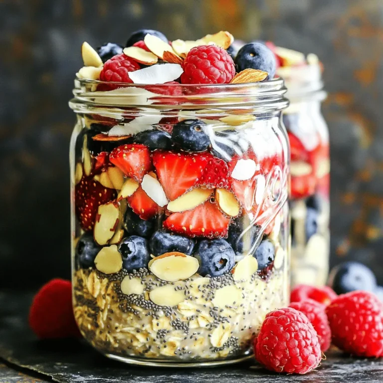 - 1 cup rolled oats - 1 ½ cups almond milk (or milk of choice) - 1 tablespoon chia seeds - 1 tablespoon maple syrup (optional) - 1 cup mixed berries (strawberries, blueberries, raspberries) - ½ teaspoon vanilla extract - A pinch of salt - Optional toppings: sliced almonds, coconut flakes, additional berries To make overnight oats with berries, gather these simple ingredients. Rolled oats form the base. They soak up the liquid and become soft by morning. Use almond milk or any milk you like. This adds a creamy texture. Chia seeds help thicken the oats and add fiber. Maple syrup is optional for sweetness. You can adjust it to your taste. Mixed berries bring color and flavor. Strawberries, blueberries, and raspberries create a fruity mix. A touch of vanilla extract enhances the taste. Finally, a pinch of salt balances all the flavors. You can add toppings like sliced almonds or coconut flakes for crunch. This makes your breakfast even more enjoyable. For the full recipe, check out the Berry Bliss Overnight Oats. - In a large bowl, combine 1 cup of rolled oats, 1 tablespoon of chia seeds, and a pinch of salt. Stir to mix well. - In another bowl, whisk together 1 ½ cups of almond milk, 1 tablespoon of maple syrup, and ½ teaspoon of vanilla extract until fully combined. - Pour the wet ingredients into the dry ingredients. Stir until everything is well mixed. - Gently fold in 1 cup of mixed berries. You can reserve some for topping later if you like. - Divide the mixture into jars or containers. This makes for an easy grab-and-go breakfast. - Seal the containers and refrigerate overnight. This helps the oats soak up all the tasty flavors. In the morning, stir the oats and taste for sweetness. Add more maple syrup if you want. Top with extra berries or other toppings you enjoy. You can find the full recipe above. To get the best texture in your overnight oats, soak them long enough. I recommend soaking for at least 6 hours. This allows the oats to absorb the liquid. If you prefer a thicker mix, use less milk. For a creamier texture, add more almond milk. Adjust it to match what you like best. Choosing the right milk can change the taste. I suggest almond milk for a light flavor. If you want something richer, try coconut milk or whole milk. Sweeteners can also enhance the taste. Maple syrup is a great choice, but honey or agave syrup works too. You can skip sweeteners if you use ripe berries. Serving in clear jars makes your dish look appealing. You can see the layers of oats and berries. For extra flair, try adding toppings. Sliced almonds or coconut flakes add crunch. A few extra berries on top make it pop. These small touches make your breakfast feel special. {{image_2}} You can change the taste of your overnight oats by using different types of berries. Strawberries, blueberries, and raspberries are great, but you can also try blackberries, cranberries, or even cherries. Each berry adds its unique flavor and nutrients. Mix and match to find your favorite combo. Adding nut butter or yogurt can give your oats a creamier texture. Almond butter or peanut butter adds a rich taste. Greek yogurt can make it more filling and add protein. Try experimenting with these additions to make your meal special. If you need a gluten-free option, use certified gluten-free oats. These oats are safe for people with gluten intolerance. Just check the package to ensure they meet the standards. For those who follow a vegan diet, stick to plant-based milk. Almond milk, oat milk, or coconut milk work well. You can also skip the honey and use maple syrup instead for sweetness. Incorporate seasonal fruits to keep it fresh and exciting. In summer, use peaches or plums. In autumn, add apples or pears. Using what’s in season not only boosts flavor but also supports local farmers. You can adapt your recipe based on what you find at the store. If you see ripe mangoes or juicy citrus fruits, toss them in. This way, your oats stay interesting all year long. For the full recipe, check out the Berry Bliss Overnight Oats. To keep your overnight oats fresh, store them in airtight containers. Glass jars work great for this. Place them in the fridge right after making. This helps the oats soak up the liquid and flavors. You can enjoy them cold in the morning. Prepared overnight oats last about 3 to 5 days in the fridge. If you notice any off smells or colors, it’s best to toss them. Yes, you can freeze overnight oats! Freezing is a good option if you want to save some for later. Use freezer-safe containers to prevent freezer burn. When you’re ready to eat them, move the oats to the fridge. Let them thaw overnight. You can also thaw them in the microwave. Just heat for a minute or two, stirring every 30 seconds. Overnight oats can be enjoyed cold or warm. If you like them warm, transfer to a bowl. Heat them in the microwave for about 30 seconds. Stir and check the temperature. You can add a splash of milk to make them creamier. If you prefer cold oats, just dig in straight from the fridge. They taste great either way! You can keep overnight oats in the fridge for up to five days. For the best taste, eat them within three days. The oats stay fresh and tasty when stored in a sealed container. Just make sure to check for any changes in smell or texture before you eat them. Yes, you can use frozen berries! They add a nice chill and burst of flavor. Frozen berries are often picked at peak ripeness, so they can be just as good as fresh ones. Just remember, they may release more juice, which can change the texture of your oats a bit. If you want less liquid, you might want to add them in the morning instead. No, overnight oats do not need cooking. They soak in liquid overnight, which softens them. Just mix your oats with milk or yogurt and let them sit. They become creamy and ready to eat by morning. This no-cook method makes them quick and easy to prepare. Yes, overnight oats are very healthy! Oats are high in fiber and can help with digestion. They provide long-lasting energy, which makes them a great breakfast choice. Berries offer vitamins and antioxidants. Together, they make a nutritious meal packed with flavor. You can enjoy them knowing you’re fueling your body well. For a full recipe, check out the Berry Bliss Overnight Oats. In this post, we explored how to make delicious overnight oats. We covered the main ingredients, mixing steps, and ways to store them. Remember, you can mix flavors and customize your oats. Try different toppings to make them look good. These easy recipes fit many diets and tastes. Enjoy your nutritious breakfast or snack! With little prep, you can have tasty oats ready anytime. Make this fun and part of your daily routine. You’ll love how easy it is to make healthy choices.