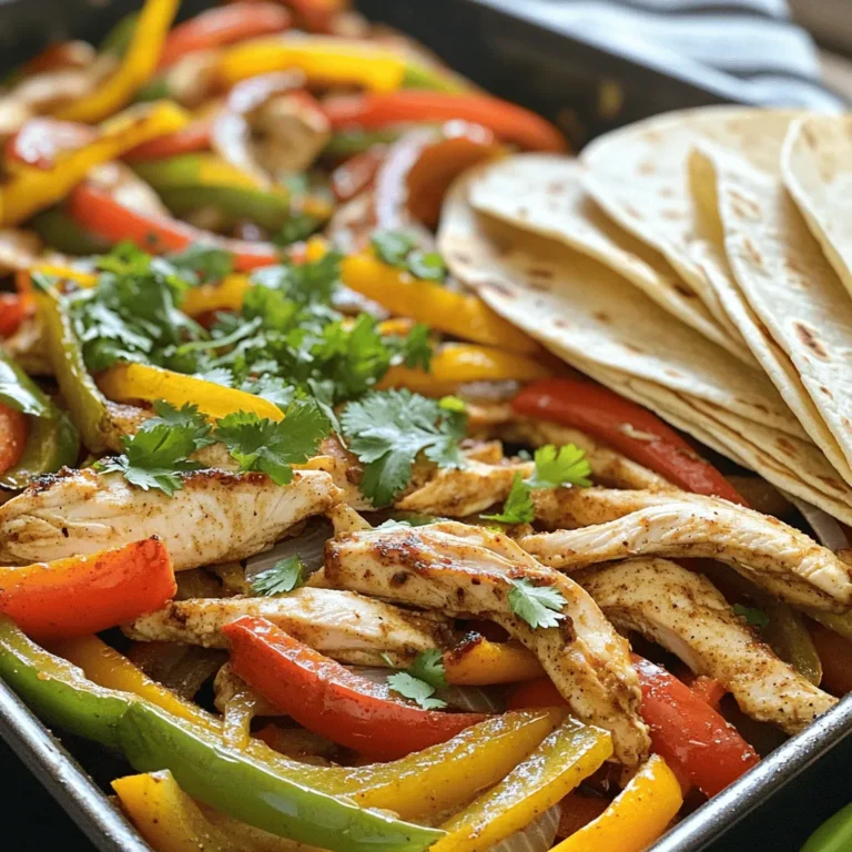 To make One-Pan Chicken Fajitas, gather these items: - 2 boneless, skinless chicken breasts, sliced into thin strips - 1 red bell pepper, sliced - 1 yellow bell pepper, sliced - 1 green bell pepper, sliced - 1 medium onion, sliced - 3 cloves garlic, minced - 2 tablespoons olive oil - 2 teaspoons chili powder - 1 teaspoon cumin - 1 teaspoon paprika - 1/2 teaspoon salt - 1/2 teaspoon black pepper - 1/4 teaspoon cayenne pepper (optional for extra heat) - Fresh cilantro for garnish - Tortillas for serving Freshness matters. Choose firm, bright peppers. Look for chicken that is pink and moist. If you can't find fresh bell peppers, frozen ones work too. You can swap chicken for shrimp or beef if you prefer. For a vegetarian option, try using mushrooms or tofu. You will need a few tools to make this dish: - A large bowl for mixing - A sharp knife for slicing - A cutting board - A large baking sheet or oven-safe pan - A spatula to stir the ingredients - Measuring spoons for the spices This recipe is simple and fun! You can find the Full Recipe to get all the details. Enjoy cooking and savor the flavors of your One-Pan Chicken Fajitas! To start, gather all your ingredients. Here’s what you need: - 2 boneless, skinless chicken breasts, sliced into thin strips - 1 red bell pepper, sliced - 1 yellow bell pepper, sliced - 1 green bell pepper, sliced - 1 medium onion, sliced - 3 cloves garlic, minced - 2 tablespoons olive oil - 2 teaspoons chili powder - 1 teaspoon cumin - 1 teaspoon paprika - 1/2 teaspoon salt - 1/2 teaspoon black pepper - 1/4 teaspoon cayenne pepper (optional for extra heat) - Fresh cilantro for garnish - Tortillas for serving Once you have everything, preheat your oven to 400°F (200°C). In a large bowl, mix the sliced chicken, bell peppers, onion, and garlic. This blend makes the base of your fajitas. Next, add the olive oil, chili powder, cumin, paprika, salt, black pepper, and cayenne pepper if you want extra heat. Stir well until the chicken and veggies are coated. This step helps all the flavors mix together. Now, transfer the mixture to a large baking sheet. Spread it out evenly. This allows for even cooking. Place it in the preheated oven. Bake for 20-25 minutes. At the halfway mark, give the pan a good stir. This ensures everything cooks evenly. You want the chicken to be fully cooked and the veggies nice and tender. Always check that your oven is at the right temperature before baking. The 400°F (200°C) setting works well for this recipe. Stick to the 20-25 minute range for baking time. If the chicken is no longer pink inside, it’s ready. When done, remove the pan from the oven. Garnish with freshly chopped cilantro for a pop of flavor. Serve the warm chicken mix in tortillas. This recipe makes it easy for everyone to build their own fajitas. Enjoy the fun and tasty meal! For the full recipe, refer to the earlier section. For great flavor, use chili powder, cumin, and paprika. I like to add cayenne pepper if you want heat. You can also include lime juice for a fresh taste. Fresh herbs like cilantro add brightness. Experiment with taco seasoning for a different twist. Just remember, balance is key in flavor! To get the best results, cut your chicken and veggies into even strips. This helps them cook evenly. Preheat your oven to 400°F (200°C). Don’t skip mixing the spices with the chicken and veggies. This ensures each bite is flavorful. Stir your mix halfway through baking to cook it all evenly. Serve your fajitas in warm tortillas. This keeps them soft and pliable. You can add toppings like cheese, sour cream, or guacamole. Lettuce and salsa also add a nice crunch and flavor. For sides, try rice or beans to round out the meal. You can find the full recipe for One-Pan Chicken Fajitas in the main article. {{image_2}} If you want a veggie version, try using mushrooms or tofu instead of chicken. Both options soak up flavors well and keep the dish hearty. You can also use black beans or chickpeas for added protein. Just toss them in with the peppers and spices. Bake as you would with chicken, and enjoy a delicious meal. To change things up, try adding different spices. If you love heat, mix in some chipotle powder or smoked paprika. For a fresh taste, add lime zest or fresh herbs like oregano. You could even go sweet with a touch of cinnamon or brown sugar. These twists make each batch unique and fun. For gluten-free fajitas, choose corn tortillas instead of flour ones. Look for brands that are labeled gluten-free to be safe. You can also serve the chicken and veggies over rice or quinoa. This way, everyone can enjoy the flavors without worry. To store your leftover One-Pan Chicken Fajitas, use airtight containers. Label the containers with the date. Place them in the fridge right away. If you want to keep them longer, freeze the fajitas instead. Use freezer bags for easy storage. Make sure to squeeze out as much air as possible. When you are ready to eat leftovers, you can reheat them easily. For the best taste, use the oven. Preheat it to 350°F (175°C). Spread the fajitas on a baking sheet and cover with foil. Bake for about 10-15 minutes until heated through. You can also use a microwave. Place the fajitas in a microwave-safe dish and cover. Heat in short bursts, stirring in between, until warm. Prepared fajitas can last in the fridge for up to 3-4 days. If stored properly in the freezer, they can last for about 2-3 months. Always check for signs of spoilage before eating. If they smell off or look strange, it’s best to throw them away. Enjoy your One-Pan Chicken Fajitas fresh or stored for later! For the full recipe, refer to the main content. To make One-Pan Chicken Fajitas spicier, add more cayenne pepper. Start with a full teaspoon instead of a quarter. You can also add diced jalapeños or a splash of hot sauce. These will boost the heat and bring out the flavors. When you mix the spices, taste them. Adjust based on your heat level. Remember, you can always add more, but it's hard to take heat away! Yes, you can use other proteins. Beef strips or shrimp are great swaps. For beef, choose flank or sirloin. Slice them thin for quick cooking. For shrimp, use raw, peeled, and deveined shrimp. They cook fast, so watch them closely in the oven. You can even try tofu for a vegetarian option. Just make sure to press it to remove extra moisture. One-Pan Chicken Fajitas taste great with many sides. You can serve them with Mexican rice or refried beans. Fresh guacamole and salsa add a nice touch. Add some shredded cheese and sour cream for creaminess. Don't forget crispy tortilla chips for crunch. You can also serve them with a side salad for freshness. Get creative and mix your favorites! For the full recipe, check the link above. In this blog post, I covered how to make One-Pan Chicken Fajitas. I shared the key ingredients, important notes on freshness, and tools you need. You learned step-by-step instructions for prepping, cooking, and baking. I also provided tips on seasoning, cooking techniques, and serving ideas. Try different variations to suit your taste. Store leftovers properly to enjoy for days. Now, you have all the knowledge to impress at your next meal! Enjoy your cooking adventure!