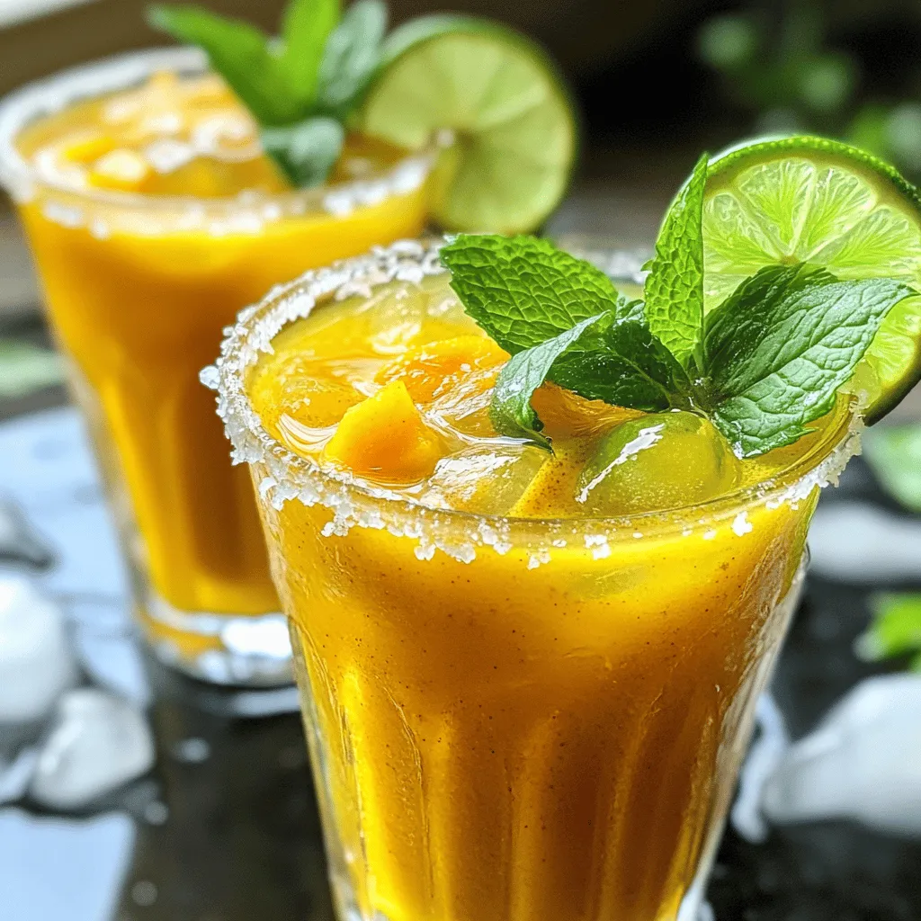 To make the spiced mango tamarind cooler, gather these key items: - 2 ripe mangoes, peeled and diced - 2 tablespoons tamarind paste - 2 tablespoons honey or maple syrup (to taste) Ripe mangoes are the star of this drink. They give it a sweet and rich flavor. Tamarind paste adds a tangy twist. Sweeteners like honey or maple syrup balance the flavors just right. Next, we need some spices to elevate the drink: - 1 teaspoon ground cumin - 1/2 teaspoon black salt (or regular salt) - 1 teaspoon fresh ginger, grated Ground cumin brings warmth and depth. Black salt adds a unique taste, while ginger gives a fresh kick. These spices transform the cooler into a delight for your palate. Finally, don’t forget the garnishes: - Fresh mint leaves - Lime wedges Fresh mint leaves add a burst of color and aroma. Lime wedges provide a zesty finish. Together, they make the drink look and taste amazing. For the full recipe, check out the Spiced Mango Tamarind Cooler section. To start, you need to blend the key ingredients. Take two ripe mangoes, peel and dice them. Add the mangoes to your blender. Next, include two tablespoons of tamarind paste. Tamarind adds a tangy flavor that balances the sweetness. Now, add two tablespoons of honey or maple syrup for sweetness. Adjust this to your taste. Then, add one teaspoon of ground cumin for a warm spice note. Finally, include half a teaspoon of black salt and one teaspoon of grated fresh ginger for extra flavor. Add one cup of cold water to the blender. Blend it all until smooth. This creates a thick and vibrant mixture. After blending, taste it. If it needs more sweetness, add more honey or maple syrup and blend again. Next, it’s time to strain the mixture. Grab a fine mesh sieve and a large pitcher. Pour the blended mixture through the sieve. This step helps remove any pulp. Use a spatula to press down gently. This action gets out as much liquid as possible. You want a smooth drink for the best experience. Now, you can finalize your cooler. Add the remaining two cups of cold water or sparkling water to the pitcher. This step lightens the drink and adds a refreshing fizz if you use sparkling water. Stir well to mix everything together. Chill your spiced mango tamarind cooler in the fridge for at least 30 minutes. This wait makes the flavors meld and cools it for serving. When ready to serve, fill glasses with ice cubes. Pour the cooler over the ice. Don’t forget to garnish with fresh mint leaves and a lime wedge for a bright touch. Enjoy your refreshing summer drink! You can find the full recipe at the beginning of this article. To make a great spiced mango tamarind cooler, start with ripe mangoes. You want mangoes that feel soft when you press them gently. Look for ones with a sweet smell and a golden hue. This ripeness gives your drink the best flavor. If the mangoes are too hard, wait a few days for them to ripen. Perfect mangoes bring sweetness and richness to your cooler. Everyone has their own taste for sweetness. You can change how sweet your cooler is by adding more honey or maple syrup. Start with the amount in the recipe and blend it well. Then taste it. If you want it sweeter, add more sweetener a little at a time. Remember, you can also use less sweetener if you prefer a tangy drink. This way, you make the drink just right for you. Serve your spiced mango tamarind cooler in tall glasses. This drink looks great with ice cubes. Pour the cooler over the ice for a refreshing touch. It is best served chilled, so let it sit in the fridge for at least 30 minutes before you serve it. Garnish each glass with fresh mint leaves and a lime wedge. This adds a pop of color and extra flavor. Enjoy your drink on a hot summer day! {{image_2}} You can make this drink into a fun cocktail. Just add some rum or vodka. Mix in about one ounce of alcohol per glass. This adds a nice kick to the sweet and tangy flavors. It makes the spiced mango tamarind cooler perfect for parties or a summer day by the pool. Feel free to get creative with other fruits! Pineapple or lime can really boost the taste. Try adding half a cup of diced pineapple or the juice of one lime. This adds extra zest and freshness to your drink. It can change the flavor profile while keeping it delicious. Not everyone likes sweet drinks. You can make this cooler less sweet by using less honey or maple syrup. You can also try sugar substitutes like stevia. This way, you can enjoy the drink without the extra sugar. It still tastes great and is a perfect choice for those watching their sugar intake. To keep your spiced mango tamarind cooler fresh, store it in the fridge. This drink stays good for about three days. Make sure to use an airtight container. This helps keep the flavors strong and fresh. You can freeze the cooler for longer storage. Pour the mixture into ice cube trays. Once frozen, transfer the cubes to a bag. This way, you can enjoy a refreshing drink later. Just blend the cubes with some water to bring it back to life. If you have leftovers, don’t let them go to waste. You can use the cooler in smoothies. Just blend it with yogurt and ice for a tasty treat. It also works great as a base for popsicles. Pour the cooler into molds and freeze. Enjoy a fun, fruity snack on hot days! For this cooler, I recommend using Ataulfo or Haden mangoes. Ataulfo mangoes are small, sweet, and creamy. They add a nice texture to the drink. Haden mangoes are larger and have a rich flavor. Both varieties work well in this recipe. Yes, you can use dried tamarind. To substitute, soak about 2 tablespoons of dried tamarind in warm water for 30 minutes. Then, strain the mix to get a smooth paste. This gives you a similar taste to tamarind paste. You can store the cooler in the fridge for up to three days. Make sure to keep it in a sealed container. This helps maintain its flavor and freshness. If it separates, just stir before serving. This blog post covered how to make a Spiced Mango Tamarind Cooler. We discussed the main ingredients, spices, and garnishes that create a refreshing drink. The step-by-step instructions helped you blend and chill your cooler. We also shared tips for choosing the right mango and adjusting sweetness. You can try different variations, like adding rum or other fruits. For storage, we explained how to keep it fresh and reuse leftovers. Enjoy creating your flavorful cooler. It’s a fun way to beat the heat!