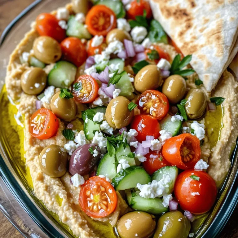 To make Greek loaded hummus, you need some key ingredients. These form the base and flavor of your dish: - 1 can (15 oz) chickpeas, drained and rinsed - 1/4 cup tahini - 2 tablespoons lemon juice - 2 cloves garlic, minced - 1/4 cup olive oil - 1 teaspoon ground cumin - Salt to taste These ingredients create a smooth, creamy hummus that is both tasty and healthy. Chickpeas give it protein and fiber. Tahini adds a nutty flavor, while lemon juice and garlic bring brightness. Olive oil makes it rich and smooth. Next, let’s talk about the fun toppings. These add color and crunch: - 1/2 cup cherry tomatoes, halved - 1/2 cucumber, diced - 1/4 red onion, finely chopped - 1/2 cup Kalamata olives, pitted and sliced - 1/2 cup feta cheese, crumbled - Fresh parsley, for garnish These toppings not only look good but also enhance the taste. Tomatoes add juiciness, while cucumbers give a refreshing crunch. Red onion provides a bit of bite, and olives add saltiness. Feta cheese brings creaminess and tang. Finally, don’t forget the spices and seasonings. These are key to adding depth to your hummus: - 1 teaspoon ground cumin - Salt to taste Cumin gives a warm, earthy flavor. Salt is vital for bringing all the tastes together. For the full recipe, check out the detailed steps. Enjoy making this Greek loaded hummus that is both flavorful and healthy! To make Greek loaded hummus, follow these easy steps. First, gather all your ingredients. You will need a food processor for this recipe. 1. Combine Ingredients: Start by adding the chickpeas, tahini, lemon juice, minced garlic, olive oil, ground cumin, and salt into the food processor. 2. Blend Until Smooth: Blend the mix for about one minute. You want it creamy and smooth. 3. Adjust Consistency: If your hummus feels thick, add a bit of water or extra olive oil to thin it out. Blend again until you reach your desired texture. Next, it's time to layer the toppings. 4. Transfer the Hummus: Carefully move the hummus to a shallow serving dish. 5. Create a Well: Use the back of a spoon to make a well in the center. This is where your toppings will go. 6. Layer Toppings: Start with the cherry tomatoes, then add the diced cucumber, red onion, and Kalamata olives into the well. Now, finish your masterpiece. 7. Add Feta: Evenly sprinkle crumbled feta on top of the hummus and toppings. 8. Drizzle Olive Oil: Pour a little olive oil over the whole dish. This adds flavor and makes it look nice. 9. Garnish: Finally, add some fresh parsley for a splash of color. Serve your Greek loaded hummus with warm pita bread or fresh veggies. Enjoy! For the full recipe, see the section above. To make your Greek loaded hummus even tastier, try adding spices. A pinch of smoked paprika gives a nice smoky flavor. You could also use a dash of cayenne for heat. Both will make your dish pop. If your hummus is too thick, don’t worry! Add a bit of water or more olive oil. Blend well until you reach a smooth and creamy texture. Adjust to your liking. When it comes to serving, presentation is key. Use a shallow dish for a beautiful look. Create a well in the center. This allows for a colorful display of toppings. Layer your cherry tomatoes, cucumber, onion, and olives neatly. Finish with crumbled feta on top. A drizzle of olive oil adds shine. For even more flair, garnish with fresh parsley. You can also serve it with warm pita bread. This adds a delightful touch for dipping. For the full recipe, check out the [Full Recipe]. {{image_2}} You can make Greek loaded hummus even more fun! Try adding roasted red peppers or artichokes for a smoky, sweet flavor. These add-ins bring a new taste and texture. You can also switch up the toppings. For a vegan option, leave out the feta cheese. Instead, use a sprinkle of nutritional yeast for a cheesy flavor. Serve the hummus with different sides. Instead of pita bread, use fresh veggie sticks, like carrots or bell peppers. You can even spoon it onto a salad for a healthy twist. The options are endless, and each variation makes it unique! For the full recipe, check out the [Full Recipe]. When you have extra Greek loaded hummus, store it properly to keep it fresh and tasty. Place the hummus in an airtight container. This helps seal in the flavor and maintain texture. Refrigerate it as soon as possible. For the best taste, use the hummus within three to five days. This keeps the ingredients fresh and safe to eat. If you notice any strange smells or colors, it is time to toss it out. To refresh stored hummus before serving, stir it well. If it seems dry, add a splash of olive oil or a bit of water. This helps bring back the creamy texture. You can also mix in fresh toppings like diced cucumbers or tomatoes. This adds a burst of flavor and color. For more details on making this dish, check the Full Recipe. What can I use instead of tahini? You can use sunflower seed butter or Greek yogurt. Both add creaminess. If you want a nut-free option, try using olive oil. Each choice gives a nice flavor. Can I prepare Greek loaded hummus in advance? Yes, you can make it a day ahead. Store it in the fridge in an airtight container. Just add the toppings right before serving for the best taste and texture. How do I make hummus without a food processor? You can mash chickpeas with a fork or potato masher. Mix in other ingredients by hand. It may take longer, but you can still enjoy tasty hummus. Is Greek loaded hummus gluten-free? Yes, Greek loaded hummus is gluten-free. Just be sure to serve it with gluten-free pita or veggies. This way, everyone can enjoy it safely. For the full recipe, check out the Greek Loaded Hummus section. In this post, I covered how to make Greek loaded hummus. We talked about key ingredients like chickpeas, tahini, and spices. I provided step-by-step instructions to make it easy for you. You learned tips to enhance flavor and serve it creatively. Lastly, I shared storage tips to keep it fresh. Greek loaded hummus is versatile and tasty. Now, you can enjoy it with your favorite dishes or share it at gatherings. Making this dish is simple and satisfying. Enjoy your delicious creation!