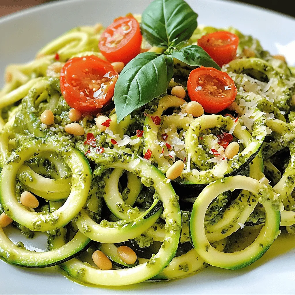 - 4 medium zucchinis, spiralized into noodles - 1 cup fresh basil leaves - 1/4 cup pine nuts (lightly toasted) - 1/2 cup grated Parmesan cheese (or nutritional yeast for a vegan option) - 2 garlic cloves - 1/2 cup extra virgin olive oil - Salt and pepper to taste - Cherry tomatoes, halved (for garnish) - 1 tablespoon lemon juice - Crushed red pepper flakes (optional) Zucchini noodles are a great way to enjoy a fresh dish. They are light and full of flavor. You start with four medium zucchinis. Spiralize them to get those fun noodle shapes. This makes the dish more appealing and fun to eat. Next, you need fresh basil leaves. About one cup will do. Basil adds a sweet and slightly peppery taste. It pairs well with the other flavors in the dish. Pine nuts are next on the list. Use about a quarter cup, lightly toasted. They bring a nutty flavor and a bit of crunch. For a cheesy taste, use half a cup of grated Parmesan cheese. If you want a vegan option, use nutritional yeast instead. Two garlic cloves add a strong, savory punch. Don't skip this step; garlic enhances the overall taste. Extra virgin olive oil is essential. Half a cup will help bring all the ingredients together. You will also need salt and pepper to taste. These common seasonings help balance flavors. To add color and freshness, include halved cherry tomatoes for garnish. They make the dish look lovely on the plate. Finally, add a tablespoon of lemon juice. This brightens up the flavors and adds a nice zing. If you enjoy spice, sprinkle in some crushed red pepper flakes. These ingredients combine to create a light and vibrant meal. For the full recipe, check out the detailed instructions. - Combine 1 cup of fresh basil leaves, 1/4 cup of lightly toasted pine nuts, 1/2 cup of grated Parmesan cheese, and 2 garlic cloves in a food processor. - Pulse the mixture until it is finely chopped. This step brings out the fresh, herbal notes of the basil. - While the processor runs, slowly add 1/2 cup of extra virgin olive oil. This creates a smooth, creamy sauce. - Season the pesto with 1 tablespoon of lemon juice, salt, and pepper to taste. Blend again until combined. Adjust seasoning if you want more zing. - Heat a teaspoon of olive oil in a large skillet over medium heat. - Add the spiralized zucchini noodles to the skillet and sauté for 2-3 minutes. Cook them just until tender, but keep that nice crunch. Avoid overcooking to keep the texture right. - Once the noodles are cooked, remove the skillet from heat. - Toss the zucchini noodles with the pesto until they are well-coated. - Plate the dish and garnish with halved cherry tomatoes and a sprinkle of crushed red pepper flakes for a kick. Enjoy your flavorful and fresh Zucchini Noodles with Pesto! For the complete recipe, check out the Full Recipe section. Select firm, medium-sized zucchinis for the best texture. Look for ones that feel heavy for their size. They should have smooth skin with no blemishes. Fresh zucchini gives your dish a nice crunch. You can make your pesto unique by adding nuts or using different herbs. Swap pine nuts for walnuts or almonds for a twist. Try using parsley or cilantro instead of basil for a fresh taste. These small changes can add big flavor to your dish. Sauté the noodles instead of boiling them. This keeps the zucchini noodles crunchy and tasty. Cook them in a hot skillet for just 2-3 minutes. Overcooking will make them mushy. Keep an eye on them to maintain the perfect bite. {{image_2}} You can make this dish vegan by using nutritional yeast instead of Parmesan cheese. Nutritional yeast adds a cheesy flavor without any dairy. It is also rich in vitamins and minerals. This swap makes the dish light and still tasty. To turn zucchini noodles with pesto into a full meal, add protein. Grilled chicken or shrimp works well. Chickpeas are a great plant-based option. These additions boost flavor and make the dish more filling. Adding seasonal veggies can elevate your dish. Try bell peppers for a sweet crunch or fresh spinach for extra nutrition. These veggies blend well with the pesto and add color to your plate. They enhance the dish’s flavor and health benefits. For the full recipe, check out the Zucchini Noodles with Basil Pesto. Store your leftover zucchini noodles in an airtight container. They stay fresh in the fridge for up to 3 days. If you plan to eat them later, try to keep them separate from the pesto. This way, the noodles will not get soggy. When you want to enjoy your dish again, gently reheat the zucchini noodles on the stove. Use low heat to keep them from overcooking. This helps maintain their nice crunch. Stir them often for even heating. To freeze, store the pesto separately in a freezer-safe container. When you’re ready to eat, cook fresh zucchini noodles and mix them with the thawed pesto. This keeps the flavors fresh and bright. Enjoy your meal even after storing! For the full recipe, refer to the recipe details above. Yes, store-bought pesto can be used for a quicker meal. It saves time and still tastes great. Just grab a jar from the store. Look for one with simple ingredients for the best flavor. Yes, zucchini noodles are a low-carb alternative to traditional pasta. This makes them a popular choice for those on low-carb diets. They provide a light and fresh base for your dish. Enjoy the same flavors without the heavy carbs. Try walnuts, cashews, or sunflower seeds if you're allergic. These nuts give a nice crunch and flavor to your pesto. Each option brings a unique taste, so feel free to experiment. Use what you have on hand. Yes, carrots, sweet potatoes, and cucumbers work well too. Each vegetable adds its own flavor and texture. Experimenting with different veggies can keep your meals exciting. You can create colorful dishes that are fun to eat. This recipe highlights fresh ingredients and easy steps for a tasty dish. You learned how to make creamy pesto sauce and cook zucchini noodles for a healthy meal. Remember, variations can add personal flavors, and leftovers store well for later. Enjoy this fun cooking experience and experiment with different ingredients. Your kitchen can create delicious meals that fit your tastes!